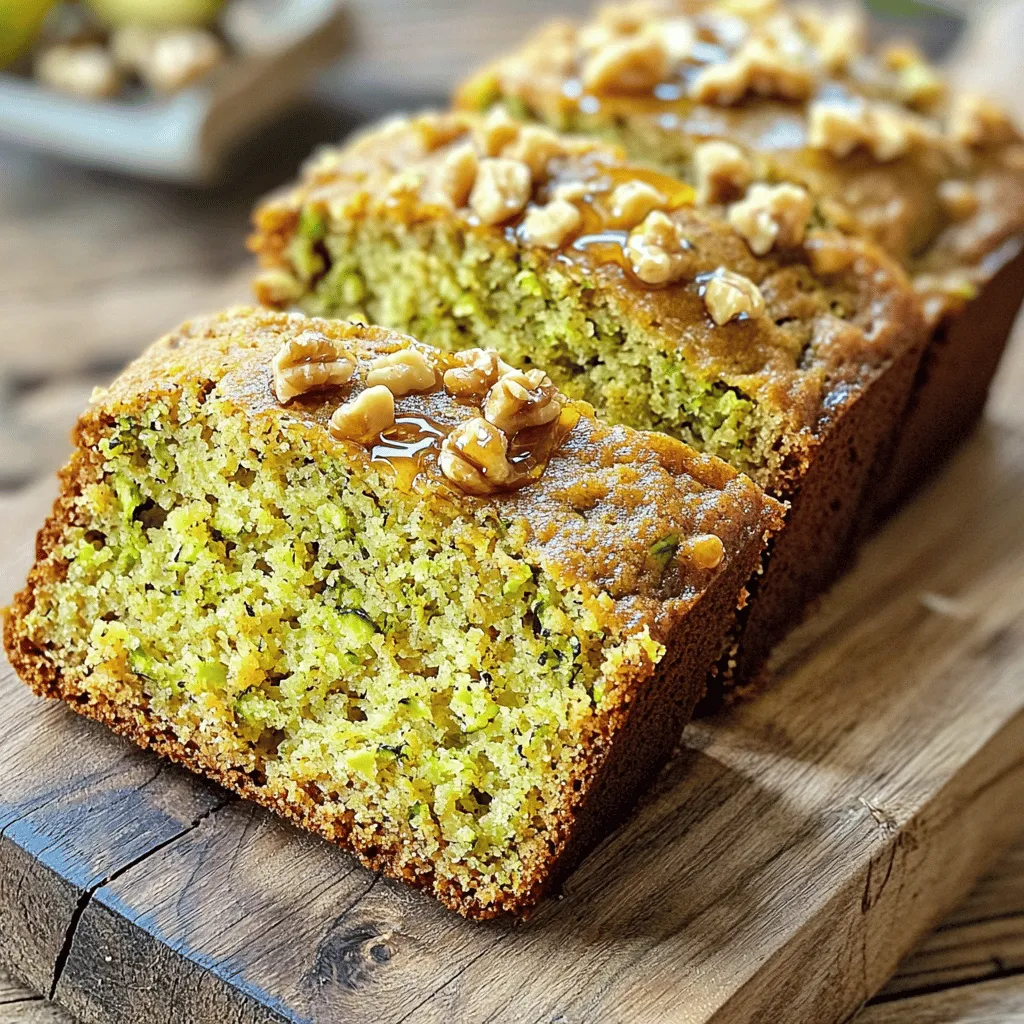 To make a tasty zucchini banana bread, gather these key ingredients: - 1 cup ripe bananas, mashed (approximately 2 to 3 medium bananas) - 1 cup grated zucchini, with excess water squeezed out - 1/3 cup melted coconut oil - 1/2 cup packed brown sugar - 1/4 cup granulated sugar - 1 large egg, at room temperature - 1 teaspoon pure vanilla extract - 1 1/2 cups all-purpose flour - 1 teaspoon baking soda - 1/2 teaspoon baking powder - 1/2 teaspoon ground cinnamon - 1/4 teaspoon ground nutmeg - 1/4 teaspoon salt These ingredients create a moist and flavorful bread. Ripe bananas provide sweetness. Grated zucchini adds moisture and nutrition. You can enhance this bread with optional add-ins. Consider these choices: - 1/2 cup chopped walnuts or pecans - 1/2 cup chocolate chips - 1/4 cup dried cranberries Adding nuts gives a nice crunch. Chocolate chips add sweetness and fun. Dried cranberries bring a tangy twist. Zucchini banana bread offers several health benefits: - Bananas: High in potassium and vitamin C. - Zucchini: Low in calories and rich in fiber. - Coconut oil: Contains healthy fats. - Nuts: Good source of protein and healthy fats. These ingredients work together to make a nutritious snack. Enjoy this bread without guilt! For the full recipe, check out the complete details above. First, gather your ingredients. You will need ripe bananas, fresh zucchini, coconut oil, and sugars. Make sure to grate the zucchini and squeeze out excess water. This keeps the bread moist but not soggy. Prepare a loaf pan by greasing it or lining it with parchment paper. In a large bowl, mix melted coconut oil, brown sugar, and granulated sugar. Whisk this mixture well until it looks smooth. Next, add the mashed bananas, grated zucchini, egg, and vanilla extract. Stir these together until everything blends into one shiny mixture. In another bowl, whisk together all-purpose flour, baking soda, baking powder, ground cinnamon, nutmeg, and salt. Make sure the dry ingredients are evenly mixed. This step helps the bread rise well and adds great flavor. Now, slowly fold the dry mixture into the wet mixture. Use a spatula or wooden spoon. Mix gently until no dry flour shows. Be careful not to overmix. If you like, add in chopped walnuts or pecans for extra crunch. Pour the batter into your prepared loaf pan. Smooth the top with a spatula for an even finish. Place the pan in the oven set to 350°F (175°C). Bake for 55 to 65 minutes. Check if it’s done by inserting a toothpick in the center. It should come out clean or with a few crumbs. Once baked, take the bread out of the oven. Let it cool in the pan for 10 minutes. Then, move it to a wire rack to cool completely. Slice the bread thickly and serve on a rustic board. For a special touch, sprinkle extra nuts on top. A small dish of honey adds extra flavor and charm to your tasty creation. Enjoy! To get the right amount of zucchini, first wash and dry it. Use a box grater to create fine shreds. After grating, place the zucchini in a clean dish towel. Twist the towel to squeeze out excess water. This step helps prevent a soggy bread. Measure a cup of the squeezed zucchini for your batter. Moisture is key in this bread. The bananas add natural sweetness and moisture. The zucchini also brings in moisture but can be watery. Always squeeze out the extra water before adding it to the mix. If your bananas are very ripe, they will help keep the bread moist. One mistake is overmixing the batter. Mix just until the dry ingredients blend with the wet. Overmixing can lead to tough bread. Another mistake is skipping the cooling stage. Let the bread cool in the pan for ten minutes. This helps it set properly and makes slicing easier. For a light and fluffy texture, use room temperature ingredients. Cold eggs or butter can affect how the batter rises. When folding in the dry ingredients, be gentle. This keeps air in the batter, giving your bread a nice rise. If you like nuts, fold them in last for added crunch. For more tips, check the full recipe. {{image_4}} To make this recipe gluten-free, you can swap the all-purpose flour. Use a 1-to-1 gluten-free flour blend. This blend works well and keeps the bread moist. Check the label for added ingredients that may affect taste. Other options include almond flour or coconut flour for a nutty flavor. Adjust the liquid in the recipe if you use coconut flour, as it absorbs more moisture. You can add spices to change the flavor of your Zucchini Banana Bread. Try adding: - 1 teaspoon of ground ginger for a warm kick - 1 teaspoon of pumpkin spice for a seasonal touch - 1 teaspoon of cocoa powder for a chocolate twist Additionally, you can use different extracts. Almond extract or maple extract can add a unique taste. Just replace some of the vanilla extract with these flavors. Experiment and find what you like best. Mix-ins can add texture and flavor to your bread. Some great options include: - 1/2 cup of chocolate chips for sweetness - 1/2 cup of dried fruit, like raisins or cranberries - 1/2 cup of shredded coconut for a tropical twist For toppings, you can sprinkle extra nuts on top before baking for added crunch. A drizzle of honey or maple syrup after baking enhances the sweetness. You can also serve it with cream cheese or nut butter for a tasty spread. These simple changes can make your Zucchini Banana Bread even more delightful. For the full recipe, check the previous section. Store your Zucchini Banana Bread in an airtight container. This keeps it fresh and moist. You can place a piece of wax paper or parchment paper between slices. This helps keep them from sticking together. Store it at room temperature for up to three days. If you want it to last longer, refrigeration is an option. However, this may change the texture a bit. Freezing is a great way to save Zucchini Banana Bread. Wrap it tightly in plastic wrap. Then, place it in a freezer bag or airtight container. Make sure to remove as much air as possible. You can freeze it for up to three months. Label your bag with the date, so you know when you made it. To refresh your frozen Zucchini Banana Bread, remove it from the freezer. Let it thaw in the fridge overnight or at room temperature for a few hours. Once thawed, you can warm it in the oven. Preheat your oven to 350°F (175°C). Wrap the bread in foil and warm it for about 10 to 15 minutes. This makes it taste fresh again. Enjoy your delicious Zucchini Banana Bread! For the full recipe, check out the earlier section. Zucchini Banana Bread stands out due to its perfect blend of flavors. The bananas add sweetness, while zucchini keeps the bread moist. This combo creates a soft texture that is hard to beat. Plus, zucchini is a secret ingredient that boosts nutrition without changing the taste. You get a delicious treat that also sneaks in some veggies. This is why I love this bread so much! Yes, you can adjust some ingredients in the recipe. If you want a lighter fat, swap coconut oil for applesauce. You can use almond flour instead of all-purpose flour for gluten-free bread. If you don’t have brown sugar, white sugar works too, but it affects the flavor a bit. Feel free to mix in dried fruits or chocolate chips for extra flavor. To check if your bread is done, insert a toothpick into the center. It should come out clean or with a few moist crumbs. If it has wet batter on it, bake for a few more minutes. The top should be golden brown and spring back when touched. Trust me, this test works every time! Yes, Zucchini Banana Bread offers several health benefits. Zucchini is low in calories and high in fiber, which helps digestion. Bananas provide potassium and vitamins, boosting energy. This bread is a great way to enjoy a sweet treat while sneaking in some nutrients. Plus, if you add nuts, you get healthy fats and protein as well. Zucchini Banana Bread stays fresh for about 3 to 5 days at room temperature. If you want it to last longer, store it in the fridge for up to a week. For even more storage, you can freeze it. Wrap it tightly in plastic wrap and then in foil. It can last for up to three months in the freezer. Just let it thaw before you slice it! Zucchini banana bread combines healthy ingredients with delicious flavors. We covered key ingredients, preparation steps, and storage tips. You learned how to enhance taste and avoid common mistakes. Remember to enjoy the process and try variations to keep things exciting. This recipe not only satisfies but can also boost your health. Make this bread today, and share it with friends! You will love how easy and tasty it is.