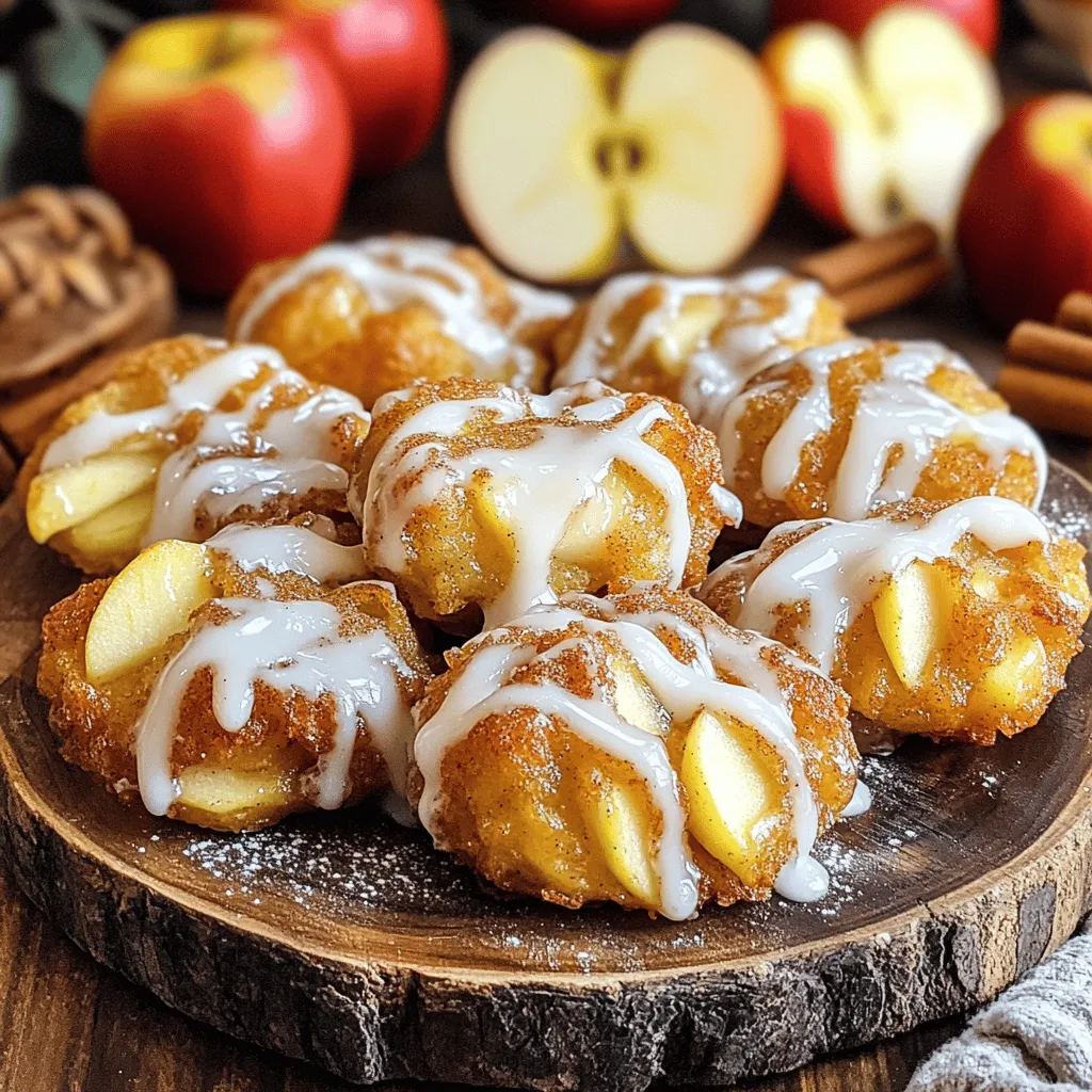 - 2 large apples, peeled and diced - 1 cup all-purpose flour - 1/2 cup granulated sugar - 1 teaspoon baking powder - 1/2 teaspoon baking soda - 1/2 teaspoon ground cinnamon - 1/4 teaspoon ground nutmeg - 1/4 teaspoon salt - 1 large egg - 1/2 cup buttermilk - 1 teaspoon vanilla extract - Oil for frying - 1 cup powdered sugar (for glaze) - 2 tablespoons milk (for glaze) - 1 teaspoon vanilla extract (for glaze) - Additional spices like cardamom or ginger - Alternative sweeteners such as honey or maple syrup - Flavorful extracts like almond or lemon When I make glazed apple fritters, I love using fresh apples. Choose apples that are sweet or tart, based on your taste. The flour and sugars form the base of the batter. Baking powder and baking soda help make the fritters fluffy. Spices like cinnamon and nutmeg add warmth and depth to the flavor. Egg and buttermilk make the batter rich and moist. The glaze, made with powdered sugar, milk, and vanilla, gives that perfect sweet finish. You can add extra spices or different extracts for fun twists. Remember, these optional ingredients can take your fritters from good to great! For the full recipe, check out the complete guide. 1. Start by mixing the dry ingredients. In a large bowl, combine: - 1 cup all-purpose flour - 1/2 cup granulated sugar - 1 teaspoon baking powder - 1/2 teaspoon baking soda - 1/2 teaspoon ground cinnamon - 1/4 teaspoon ground nutmeg - 1/4 teaspoon salt Stir these until well mixed. This helps the flavors blend. 2. Next, combine the wet ingredients in another bowl. Whisk together: - 1 large egg - 1/2 cup buttermilk - 1 teaspoon vanilla extract Mix until smooth. Then pour this into the dry mix. 3. Stir gently until just combined. It’s okay to have some lumps. This keeps the fritters light and fluffy. 1. Prepare the frying oil. Heat oil in a deep fryer or a heavy pot to 350°F (175°C). Use a thermometer to check the heat. This step is key for crispy fritters. 2. Drop the batter into the hot oil. Use a spoon or cookie scoop. Carefully place heaping tablespoons of batter, leaving space between each fritter. This allows them to puff up nicely. 3. Ensure the oil stays at the right temperature. Fry each fritter for about 2-3 minutes per side, until golden brown. Use a slotted spoon to flip them and remove them when done. Let them drain on paper towels. 1. Whisk the glaze ingredients together. In a small bowl, mix: - 1 cup powdered sugar - 2 tablespoons milk - 1 teaspoon vanilla extract Stir until smooth. If it's too thick, add a bit more milk. 2. Dip the fritters in the glaze while they are warm. Let the excess drip off. This gives them a nice, even coat. 3. Set the glazed fritters on a wire rack. Allow them to cool slightly so the glaze can set. This makes them look great for serving. You can find the full recipe above to guide you through each step in detail. Enjoy the process and the delicious results! To get the best texture, don’t overmix the batter. Mix until just combined. Some lumps are okay. Overmixing makes the fritters tough and chewy. Next, the oil temperature is key. Heat your oil to 350°F (175°C). Use a thermometer for accuracy. If the oil is too cold, the fritters will absorb too much oil. If it’s too hot, they can burn quickly. For a lovely presentation, serve the fritters warm on a nice platter. Dust them lightly with cinnamon sugar for an extra touch. Add a few sliced apples as a garnish. This makes the dish look tasty and inviting. Pair your fritters with a cup of coffee or tea. The warm spices in the fritters match well with these drinks. You can also enjoy them with a glass of apple cider for a fun twist. Watch out for the wrong frying temperature. Too high can burn the fritters. Too low will make them soggy. Always check the oil with a thermometer. Also, be careful not to undercook or overcook the fritters. They should be golden brown on both sides. If they are undercooked, they will be doughy inside. If overcooked, they will be dry. Keep an eye on them as they fry. For the full recipe, check the link provided. {{image_4}} You can choose apples based on your taste. Sweet apples like Fuji or Gala give a nice flavor. Tart apples such as Granny Smith add a zing. Mixing sweet and tart apples creates a balance. You can also try adding other fruits like pears or berries. They add unique flavors and textures to your fritters. If you need a gluten-free option, use gluten-free flour. Rice flour or almond flour works well. You may need to adjust the cooking times slightly. Keep an eye on the fritters as they fry. They may cook a bit faster or slower, so test them often. To make vegan fritters, replace the egg with a flax egg or applesauce. Use plant-based milk instead of buttermilk. For the glaze, mix powdered sugar with almond or soy milk. You can still enjoy the sweet, gooey glaze without dairy. These simple swaps make it easy to enjoy fritters for everyone. For the full recipe, check the link provided. To keep your glazed apple fritters fresh, store them at room temperature. Place them in an airtight container. This helps maintain their soft texture and flavor. If you want to keep them longer, you can store them in the fridge. However, they may lose some crispness. For best results, use a container that allows airflow. A simple paper bag works well. You can also layer fritters with parchment paper to avoid sticking. When it's time to enjoy your fritters again, reheating is key. The best method is to use an oven. Preheat it to 350°F (175°C). Place the fritters on a baking sheet. Heat them for about 10 minutes. This method helps restore their crispness. You can also use a skillet. Heat it over medium-low heat. Add a little oil, then warm the fritters for 2 to 3 minutes on each side. This way, they stay nice and tasty. Freezing fritters is a great option for long-term storage. First, let them cool completely. Then, place them on a baking sheet in a single layer. Freeze them for about 1 hour. Next, transfer the fritters to a freezer-safe bag. Remove as much air as possible and seal tightly. They can stay frozen for up to three months. To thaw, move them to the fridge overnight. Reheat them using the oven or skillet methods mentioned earlier. This ensures they taste just as good as fresh. I recommend using a mix of sweet and tart apples. Sweet apples like Fuji or Gala add flavor. Tart apples like Granny Smith bring balance. The mix creates a rich taste and texture. You want a nice bite when you eat the fritters. The apples should hold their shape but still be soft. This blend makes your fritters extra delicious. Yes, you can bake apple fritters! Preheat your oven to 375°F (190°C). Use a baking sheet lined with parchment paper. Place spoonfuls of batter on the sheet, leaving space between them. Bake for about 15-20 minutes. Check for a golden color. Baking gives a lighter fritter, but frying adds a crispy texture. If you prefer a healthier option, baking is great! To make your fritters crispy, focus on oil temperature. Heat your oil to 350°F (175°C) for the best results. If the oil is too cool, they will soak up oil and become soggy. If too hot, they might burn outside and stay raw inside. Fry in small batches to keep oil temperature steady. Drain fritters on paper towels to remove excess oil. This keeps them crispy and light. Apple fritters have a long history worldwide. They likely come from fried dough traditions. Many cultures have their own versions, from Germany to the U.S. In America, apple fritters became popular in the early 19th century. They symbolize comfort and home cooking. Today, they are a favorite treat at fairs and festivals, enjoyed by many. Adjusting the glaze is easy. Start with one cup of powdered sugar and two tablespoons of milk. Mix until smooth. If your glaze is too thick, add a little more milk. If it's too thin, sprinkle in more powdered sugar. Aim for a thick, pourable glaze that coats the fritters well. This gives them that beautiful finish you love! For the full recipe, check the link provided. Making apple fritters is simple and fun. We covered key ingredients, step-by-step prep, and frying tips. Remember to choose sweet or tart apples for the best flavor. Consider gluten-free or vegan options to suit dietary needs. Store fritters properly to keep them fresh, and reheat them for a delicious snack. Try these tips for tasty results every time. Enjoy your cooking journey, and share these delights with others!