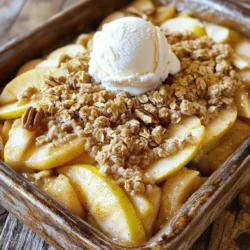 - Apples (4 medium-sized, peeled and sliced) - Brown Sugar (½ cup packed) - Rolled Oats (1 cup) - Ground Cinnamon (1 teaspoon) - Unsalted Butter (½ cup, melted) - Optional Nuts (¼ cup chopped walnuts or pecans) For this easy apple crumble, I focus on simple yet flavorful ingredients. I love using four medium-sized apples. You can pick tart ones like Granny Smith or sweeter types like Honeycrisp. Both add great taste to the dish. I pack half a cup of brown sugar for sweetness. This sugar gives the crumble a rich flavor. Adding one cup of rolled oats makes the topping crunchy and hearty. To enhance the apple flavor, I add one teaspoon of ground cinnamon. The warm spice pairs well with the apples. For the topping, I melt half a cup of unsalted butter. This binds the crumble together and gives it a nice golden color when baked. Finally, I like to add optional chopped nuts. A quarter cup of walnuts or pecans adds a lovely crunch. If you want a nut-free version, feel free to skip them. This delightful apple crumble recipe is all about using fresh, high-quality ingredients for the best results. For the full recipe, check out the detailed instructions included above. 1. Preheat the Oven Start by preheating your oven to 350°F (175°C). This helps the crumble bake evenly. 2. Mix Apples with Cinnamon and Lemon Juice In a large bowl, add the sliced apples. Pour in the lemon juice and sprinkle the ground cinnamon over them. Mix well to coat the apple slices. The lemon juice keeps the apples fresh, while the cinnamon adds warm flavor. 3. Transfer Apples to Baking Dish Take a greased 9-inch baking dish. Pour the apple mixture into it. Spread the apples evenly across the dish. This step ensures every bite has that sweet apple goodness. 1. Combine Dry Ingredients In another bowl, mix together the rolled oats, all-purpose flour, brown sugar, and a pinch of salt. This creates a sweet base for the topping. 2. Add Melted Butter Pour the melted butter into the dry mixture. The butter adds richness and helps bind everything together. 3. Mix to Achieve Crumbly Texture Use a fork or your fingers to combine the ingredients until you see a crumbly texture. This should look like coarse sand. It’s important to not overmix, as you want those lovely little crumbles. 1. Assemble Layers in the Baking Dish Sprinkle the crumble topping generously over the apple layer in the baking dish. Make sure to cover all the apples for an even bake. 2. Bake in Preheated Oven Place the dish in the oven and bake for 30-35 minutes. Look for the apples to become tender and the topping to turn golden brown. This means your crumble is ready. 3. Cool Before Serving After baking, let the crumble cool for about 10 minutes. This helps the flavors settle and makes it easier to serve. For a delightful treat, serve warm with ice cream or whipped cream. You can find the full recipe linked above for all the delicious details on this easy apple crumble! Sweet vs. Tart Varietals When making apple crumble, the type of apple is key. I love using a mix of sweet and tart apples. Granny Smith offers a nice tartness. Honeycrisp brings out the sweetness. Combining these gives great flavor and balance. Seasonal Recommendations Always choose apples that are in season. In the fall, you can find many fresh varieties. This makes your crumble taste better and supports local farmers. Optimal Butter Temperature Using melted butter is essential for a great crumble. It helps bind the dry ingredients. Make sure it’s not too hot; warm is perfect. This makes mixing easier and prevents clumping. Mixing Techniques for Crumbly Finish Mix the dry ingredients gently. You want a coarse, crumbly texture. Use your fingers or a fork to combine. Avoid over-mixing; this keeps the topping light and airy. Pairing with Ice Cream or Cream Serve your apple crumble warm. A scoop of vanilla ice cream on top is a must. The cold creaminess pairs well with the warm crumble. You can also use fresh whipped cream for a lighter touch. Adding Garnishes for Aesthetic Appeal Garnishing makes a dish pop. Sprinkle ground cinnamon on top for color. You can also add thin apple slices for a fresh look. This adds a nice touch and makes your dessert more inviting. For the complete apple crumble recipe, refer to the Full Recipe. Enjoy crafting this delightful dessert! {{image_4}} You can easily change the taste of your apple crumble by adding spices. A dash of nutmeg brings warmth. Ginger adds a nice zing. You might try a bit of allspice for a cozy, sweet flavor. Mix in other fruits for fun. Berries like blueberries or raspberries work well. Pears add a juicy twist. Experimenting with these fruits can create a new favorite dish. If you need a gluten-free version, use alternative flours. Almond flour or coconut flour are great choices. They keep the crumble tasty while being safe for gluten-free diets. You can also swap brown sugar with coconut sugar or maple syrup. These options still give you sweetness without the refined sugar. To make a healthier apple crumble, try reducing sugar or butter. Use only a third of a cup of sugar. You can replace half the butter with applesauce for less fat. Incorporating nuts and seeds adds nutrition. Try adding chia seeds or pumpkin seeds to the crumble. This not only boosts health but also gives a nice crunch. For the full recipe, you can explore the key ingredients and instructions to create your own delightful apple crumble. - Use an airtight container for storing leftovers. - You can keep it in the fridge for up to three days. - To reheat, use the oven at 350°F (175°C). - Cover with foil to keep the topping crispy. - Avoid the microwave as it makes the topping soggy. - Let the apple crumble cool completely before freezing. - Wrap it tightly in plastic wrap and then in foil. - It can last up to three months in the freezer. - To thaw, place it in the fridge overnight. - Reheat in the oven at 350°F (175°C) until warm. For the full recipe, check out the Easy Apple Crumble Delight. The best apples for apple crumble mix sweet and tart flavors. I recommend using: - Granny Smith (tart and firm) - Honeycrisp (sweet and juicy) - Fuji (crispy and sweet) - Braeburn (balanced sweetness) These apples hold their shape well during baking. They give your crumble a lovely texture and flavor. Yes, you can make apple crumble ahead of time. Here’s how: - Prepare the apple filling and crumble topping separately. - Store them in the fridge for up to 24 hours. - When ready to bake, layer the topping over the apples and bake as directed. This method saves time on busy days. You can enjoy the warm crumble fresh from the oven. Absolutely! To make this recipe vegan, swap a few ingredients: - Use coconut oil or vegan butter instead of unsalted butter. - Replace brown sugar with coconut sugar or maple syrup. These simple changes make the dish plant-based while keeping the flavors rich and delicious. Enjoy your vegan apple crumble! In this blog post, we explored the delightful world of apple crumble. We covered essential ingredients, step-by-step instructions, and tips for a perfect bake. You learned about apple choices, variations, and storage methods to keep your crumble fresh. As you create your own apple crumble, remember to experiment with flavors and adjust to your taste. Enjoy this warm dessert with friends or family, and savor the joy it brings. Happy baking!