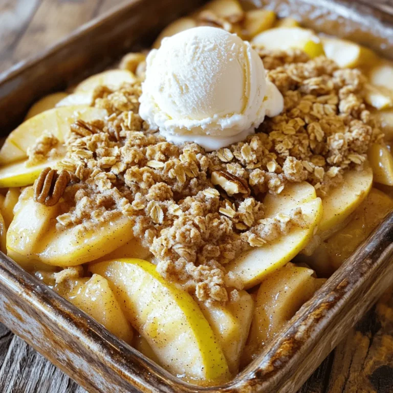 - Apples (4 medium-sized, peeled and sliced) - Brown Sugar (½ cup packed) - Rolled Oats (1 cup) - Ground Cinnamon (1 teaspoon) - Unsalted Butter (½ cup, melted) - Optional Nuts (¼ cup chopped walnuts or pecans) For this easy apple crumble, I focus on simple yet flavorful ingredients. I love using four medium-sized apples. You can pick tart ones like Granny Smith or sweeter types like Honeycrisp. Both add great taste to the dish. I pack half a cup of brown sugar for sweetness. This sugar gives the crumble a rich flavor. Adding one cup of rolled oats makes the topping crunchy and hearty. To enhance the apple flavor, I add one teaspoon of ground cinnamon. The warm spice pairs well with the apples. For the topping, I melt half a cup of unsalted butter. This binds the crumble together and gives it a nice golden color when baked. Finally, I like to add optional chopped nuts. A quarter cup of walnuts or pecans adds a lovely crunch. If you want a nut-free version, feel free to skip them. This delightful apple crumble recipe is all about using fresh, high-quality ingredients for the best results. For the full recipe, check out the detailed instructions included above. 1. Preheat the Oven Start by preheating your oven to 350°F (175°C). This helps the crumble bake evenly. 2. Mix Apples with Cinnamon and Lemon Juice In a large bowl, add the sliced apples. Pour in the lemon juice and sprinkle the ground cinnamon over them. Mix well to coat the apple slices. The lemon juice keeps the apples fresh, while the cinnamon adds warm flavor. 3. Transfer Apples to Baking Dish Take a greased 9-inch baking dish. Pour the apple mixture into it. Spread the apples evenly across the dish. This step ensures every bite has that sweet apple goodness. 1. Combine Dry Ingredients In another bowl, mix together the rolled oats, all-purpose flour, brown sugar, and a pinch of salt. This creates a sweet base for the topping. 2. Add Melted Butter Pour the melted butter into the dry mixture. The butter adds richness and helps bind everything together. 3. Mix to Achieve Crumbly Texture Use a fork or your fingers to combine the ingredients until you see a crumbly texture. This should look like coarse sand. It’s important to not overmix, as you want those lovely little crumbles. 1. Assemble Layers in the Baking Dish Sprinkle the crumble topping generously over the apple layer in the baking dish. Make sure to cover all the apples for an even bake. 2. Bake in Preheated Oven Place the dish in the oven and bake for 30-35 minutes. Look for the apples to become tender and the topping to turn golden brown. This means your crumble is ready. 3. Cool Before Serving After baking, let the crumble cool for about 10 minutes. This helps the flavors settle and makes it easier to serve. For a delightful treat, serve warm with ice cream or whipped cream. You can find the full recipe linked above for all the delicious details on this easy apple crumble! Sweet vs. Tart Varietals When making apple crumble, the type of apple is key. I love using a mix of sweet and tart apples. Granny Smith offers a nice tartness. Honeycrisp brings out the sweetness. Combining these gives great flavor and balance. Seasonal Recommendations Always choose apples that are in season. In the fall, you can find many fresh varieties. This makes your crumble taste better and supports local farmers. Optimal Butter Temperature Using melted butter is essential for a great crumble. It helps bind the dry ingredients. Make sure it’s not too hot; warm is perfect. This makes mixing easier and prevents clumping. Mixing Techniques for Crumbly Finish Mix the dry ingredients gently. You want a coarse, crumbly texture. Use your fingers or a fork to combine. Avoid over-mixing; this keeps the topping light and airy. Pairing with Ice Cream or Cream Serve your apple crumble warm. A scoop of vanilla ice cream on top is a must. The cold creaminess pairs well with the warm crumble. You can also use fresh whipped cream for a lighter touch. Adding Garnishes for Aesthetic Appeal Garnishing makes a dish pop. Sprinkle ground cinnamon on top for color. You can also add thin apple slices for a fresh look. This adds a nice touch and makes your dessert more inviting. For the complete apple crumble recipe, refer to the Full Recipe. Enjoy crafting this delightful dessert! {{image_4}} You can easily change the taste of your apple crumble by adding spices. A dash of nutmeg brings warmth. Ginger adds a nice zing. You might try a bit of allspice for a cozy, sweet flavor. Mix in other fruits for fun. Berries like blueberries or raspberries work well. Pears add a juicy twist. Experimenting with these fruits can create a new favorite dish. If you need a gluten-free version, use alternative flours. Almond flour or coconut flour are great choices. They keep the crumble tasty while being safe for gluten-free diets. You can also swap brown sugar with coconut sugar or maple syrup. These options still give you sweetness without the refined sugar. To make a healthier apple crumble, try reducing sugar or butter. Use only a third of a cup of sugar. You can replace half the butter with applesauce for less fat. Incorporating nuts and seeds adds nutrition. Try adding chia seeds or pumpkin seeds to the crumble. This not only boosts health but also gives a nice crunch. For the full recipe, you can explore the key ingredients and instructions to create your own delightful apple crumble. - Use an airtight container for storing leftovers. - You can keep it in the fridge for up to three days. - To reheat, use the oven at 350°F (175°C). - Cover with foil to keep the topping crispy. - Avoid the microwave as it makes the topping soggy. - Let the apple crumble cool completely before freezing. - Wrap it tightly in plastic wrap and then in foil. - It can last up to three months in the freezer. - To thaw, place it in the fridge overnight. - Reheat in the oven at 350°F (175°C) until warm. For the full recipe, check out the Easy Apple Crumble Delight. The best apples for apple crumble mix sweet and tart flavors. I recommend using: - Granny Smith (tart and firm) - Honeycrisp (sweet and juicy) - Fuji (crispy and sweet) - Braeburn (balanced sweetness) These apples hold their shape well during baking. They give your crumble a lovely texture and flavor. Yes, you can make apple crumble ahead of time. Here’s how: - Prepare the apple filling and crumble topping separately. - Store them in the fridge for up to 24 hours. - When ready to bake, layer the topping over the apples and bake as directed. This method saves time on busy days. You can enjoy the warm crumble fresh from the oven. Absolutely! To make this recipe vegan, swap a few ingredients: - Use coconut oil or vegan butter instead of unsalted butter. - Replace brown sugar with coconut sugar or maple syrup. These simple changes make the dish plant-based while keeping the flavors rich and delicious. Enjoy your vegan apple crumble! In this blog post, we explored the delightful world of apple crumble. We covered essential ingredients, step-by-step instructions, and tips for a perfect bake. You learned about apple choices, variations, and storage methods to keep your crumble fresh. As you create your own apple crumble, remember to experiment with flavors and adjust to your taste. Enjoy this warm dessert with friends or family, and savor the joy it brings. Happy baking!