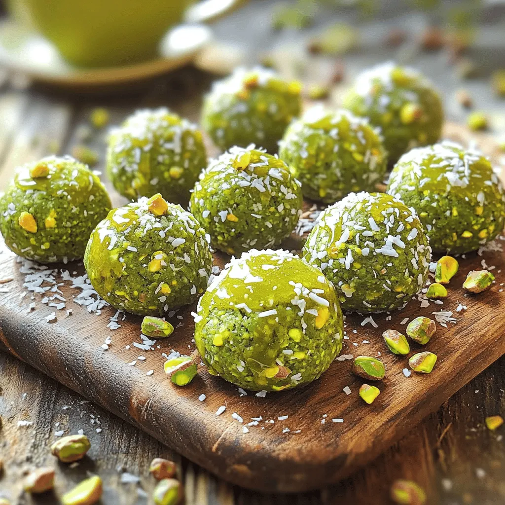 To make Matcha Pistachio Energy Bites, you will need: - 1 cup rolled oats - 1/2 cup pistachios, shelled and roughly chopped - 1/4 cup honey or maple syrup - 2 tablespoons matcha powder - 1/4 cup almond butter (or your preferred nut butter) - 1/4 cup chia seeds - 1/2 teaspoon vanilla extract - Pinch of sea salt - 1/4 cup unsweetened shredded coconut (optional) You can easily swap some ingredients if you need to. For a nut-free version, use sunflower seed butter instead of almond butter. You can also use agave syrup instead of honey or maple syrup. If you can't find matcha powder, try green tea powder. This will still give some flavor and benefits. Matcha offers many health benefits. It is rich in antioxidants, which help protect your body. It can boost your metabolism and provide a calm energy without a crash. Pistachios are also a great choice. They are high in protein and healthy fats. These nuts can help lower cholesterol and improve heart health. Together, matcha and pistachios make a tasty and nutritious snack, perfect for any time of the day. For the Full Recipe, check the section above. Enjoy making these energy bites! Start by gathering all your ingredients. You need rolled oats, chopped pistachios, and matcha powder. Place these in a large mixing bowl. Add chia seeds and a pinch of sea salt. Mix them well with a spoon. You want to see all the dry bits evenly combined. In another bowl, mix almond butter, honey, and vanilla extract. Whisk this mix until it’s smooth. This helps everything blend nicely. Next, slowly pour the wet mix into the dry bowl. Stir as you add it. Keep going until you don’t see any dry spots. If you like coconut, add it now and fold it gently. When mixing wet and dry ingredients, do it gradually. This helps to avoid lumps. If your mixture is too dry, add more almond butter or honey. This will help it stick together. If it’s too wet, add a few more oats. Make sure to mix thoroughly. You want every bite to taste the same. A good spatula works well here. It helps scrape the sides of the bowl. This way, you won’t waste any of your tasty mix. Once your mix is ready, it’s time to roll the bites. Take a small amount of the mixture in your hands. Roll it into a ball about one inch wide. If it falls apart, it needs more binding. Just add a bit more almond butter or honey. Place the rolled balls on a baking sheet lined with parchment paper. Space them out so they don’t stick together. After rolling them, chill the bites in the fridge for about 30 minutes. This helps them firm up. Once set, store them in an airtight container. Enjoy your tasty Matcha Pistachio Energy Bites! For the full recipe, check out the recipe section above. To get the right texture for your energy bites, focus on the mixture. Start with rolled oats and pistachios. Mix them well with chia seeds and matcha powder. This helps create a base that holds together. When you add the wet ingredients, mix until everything is blended. If the mix is crumbly, add more almond butter or honey. This will help bind the ingredients together. The final texture should be moist but not sticky. One common mistake is not measuring ingredients correctly. Be sure to use the right amounts. Too much liquid can make the bites too soft. Also, avoid skipping the chilling step. Chilling helps the bites form and hold their shape. Another mistake is not mixing well. Make sure all ingredients are evenly combined. This ensures each bite has the same flavor and texture. To boost flavor, try adding spices like cinnamon or nutmeg. They pair well with matcha and pistachios. You can also mix in dried fruit, like cranberries or apricots, for added sweetness. For more nutrition, consider adding flax seeds or hemp seeds. These can enhance both taste and health benefits. Want a little crunch? Add some cacao nibs for a chocolatey texture. Experiment with these options to find your favorite mix. For the full recipe, check out Matcha Pistachio Energy Bites. {{image_4}} You can easily change the flavor and texture of your energy bites. Here are some fun add-ins to try: - Dried fruits like cranberries or apricots add sweetness and chewiness. - Seeds such as sunflower or pumpkin seeds give a nice crunch. - Protein powder can boost your energy bites, making them even more filling. - Cacao nibs bring a chocolatey twist without added sugar. Feel free to mix and match these ingredients. The goal is to make them your own! While matcha is the star here, you can explore other flavors too. Consider using: - Spirulina powder for a green superfood boost with a different taste. - Cocoa powder for a rich chocolate flavor. This will give your bites a dessert vibe. - Cinnamon or nutmeg for a warm, spicy touch. These spices add a cozy feel. Experimenting with these swaps can keep your energy bites exciting! You can easily make these energy bites fit different diets. For a vegan option, use maple syrup instead of honey. To make them gluten-free, ensure your oats are certified gluten-free. Most brands offer this choice, making it simple. These adjustments let everyone enjoy your matcha pistachio energy bites. Plus, they keep your snack healthy and inclusive. Don't forget to check the [Full Recipe] for all the details! Keep your energy bites fresh in an airtight container. Store them in the fridge for up to a week. They stay chewy and delicious this way. If you want to enjoy them later, freezing is a great option. Just make sure the bites are cool before storing them. This helps lock in flavor and texture. To freeze your energy bites, place them on a baking sheet first. Space them apart, so they don’t stick together. Once frozen, transfer them to a freezer-safe bag or container. Label it with the date for easy tracking. They can stay fresh for up to three months in the freezer. This makes meal prep easy and fun. When you’re ready to eat a frozen bite, take it out of the freezer. Let it sit at room temperature for about 15-20 minutes. This way, it softens up nicely. You can also microwave it for a few seconds if you want a warm snack. Enjoy your tasty treat anytime! For the full recipe, check the earlier section. Matcha is a special green tea. It comes from the leaves of the Camellia sinensis plant. You grind the leaves into a fine powder. This powder packs a lot of nutrients. Drinking matcha boosts your energy and focus. It also has antioxidants that fight harmful free radicals. These compounds may help protect your heart and skin. Plus, matcha can aid in weight loss by boosting metabolism. It is a great choice for a healthy snack. Yes, you can use other nuts! Almonds, walnuts, or cashews work well. Each nut gives a different flavor and crunch. If you prefer, you can mix nuts for a fun variety. Just make sure to chop them roughly. This keeps the bites easy to eat. Feel free to experiment and find your favorite nut mix! These energy bites last about a week in the fridge. Store them in an airtight container. If you want them to last longer, freeze them. They can stay fresh for up to three months in the freezer. Just remember to thaw them in the fridge before eating. Enjoy your Matcha Pistachio Energy Bites anytime with these tips! For the full recipe, check out the earlier section. Matcha pistachio energy bites are simple and healthy snacks. We explored their tasty ingredients, fun variations, and storage tips. You can make them your own with easy swaps. Remember, keep mixing those wet and dry parts right for the best bites. Avoid common mistakes, and enjoy customizing flavors. These bites give you energy and taste good! Try them yourself, and enjoy the many benefits!