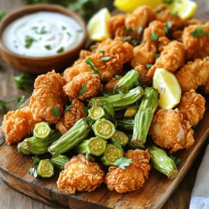 - 1 lb chicken breasts, cut into bite-sized pieces - 2 cups fresh okra, sliced into 1/2-inch pieces - 1 cup buttermilk (or substitute with milk and 1 tbsp vinegar added) - 1 &frac12; cups cornmeal - 1 cup all-purpose flour - 1 tsp garlic powder - 1 tsp onion powder - 1 tsp smoked paprika - &frac12; tsp cayenne pepper (adjust according to your spice preference) - Salt and pepper, to taste - Oil for frying (use vegetable or canola oil) - Fresh parsley, chopped for garnish Fried okra and chicken is a true delight. The mix of textures and flavors makes each bite special. You need fresh ingredients for the best results. The chicken should be juicy, and the okra must be crispy. The coating gives it an amazing crunch. The cornmeal and flour blend works well. Don't skip the spices! They add depth and flavor. The cayenne pepper gives a nice kick, but adjust it to your taste. Garnishing with fresh parsley adds a pop of color. It also brings a fresh taste to each bite. For a full recipe, check the section below. Enjoy your cooking! Start by marinating the chicken. Take a medium bowl and add your cut chicken pieces. Pour in the buttermilk. Make sure to sprinkle a good amount of salt and pepper over the chicken. This step is key for flavor. Let the chicken marinate for at least 30 minutes. For the best taste, let it sit in the fridge for up to 2 hours. Next, prepare the coating. Grab a large bowl and mix together the cornmeal, all-purpose flour, garlic powder, onion powder, smoked paprika, and cayenne pepper. Don&rsquo;t forget a pinch of salt and pepper. This mixture will give your chicken and okra that crunchy texture. It&rsquo;s the secret to making them extra tasty! Now, it&rsquo;s time to fry. First, heat up some oil in a large skillet or deep pan. You want about an inch of oil. Heat it over medium-high heat until it&rsquo;s around 350&deg;F (175&deg;C). Use a thermometer to check the temperature. Once the oil is hot, take the marinated chicken out of the buttermilk. Let any excess drip off. Coat each piece in the cornmeal mixture. Make sure they are well covered. Place the coated chicken on a clean plate. Next, add the okra to the same cornmeal mix. Toss gently so each piece gets a nice coating. Carefully add the chicken to the hot oil in batches. Do not overcrowd the pan. Fry the chicken for about 6-8 minutes. Turn them occasionally. They should be golden brown and cooked through. Remove them with a slotted spoon and place on a paper towel to absorb extra oil. Now, it&rsquo;s time for the okra. Add the coated okra to the hot oil. Fry for about 3-4 minutes until crispy and golden. Use the slotted spoon again to take them out and let them drain on paper towels. Finally, arrange your crispy fried chicken and okra on a serving platter. For a nice touch, garnish with freshly chopped parsley. Enjoy this crunchy delight! For detailed instructions, check the Full Recipe. To get that perfect crisp on your fried okra and chicken, follow a few key steps. First, coat your chicken and okra well. Make sure every piece is covered in the cornmeal mixture. This coating creates a great crunch. Fry in small batches to avoid steaming. Overcrowding the pan makes your food soggy. Finally, do not skip the paper towels after frying. They soak up extra oil and help keep your dish crisp. Marination adds flavor and moisture to your chicken. I recommend marinating the chicken for at least 30 minutes. If you can, let it soak for up to 2 hours. This extra time allows the buttermilk to tenderize the meat. It also helps the seasoning stick better. The longer you marinate, the tastier your chicken will be. The right oil temperature is key for frying. Aim for about 350&deg;F (175&deg;C). Use a kitchen thermometer to check the heat. If the oil is too cool, your food will absorb too much oil. Too hot, and it can burn. A good way to test is to drop in a small piece of batter. If it sizzles and rises, you&rsquo;re ready to fry. Keeping the temperature steady ensures a golden, crispy finish. {{image_4}} To add heat, try spicy fried okra and chicken. Just mix in more cayenne pepper. You can also add hot sauce to the buttermilk. This will give the chicken a nice kick. If you love spice, this is a great option! If you want a healthier dish, consider baking or air frying. You can skip the oil and use a baking sheet. Coat the chicken and okra in the same way, then place them on the sheet. Bake at 400&deg;F for about 20-25 minutes. This way, you still get a crispy texture without the extra oil. For a veggie twist, swap the chicken with tofu or tempeh. Marinate them just like the chicken. Coat the tofu or tempeh in the same mixture. Fry or bake as you would with the chicken. You&rsquo;ll still enjoy that crunchy, flavorful delight without meat. Discover the full recipe to explore these variations! To keep your fried okra and chicken fresh, let them cool first. Place the chicken and okra in an airtight container. This helps keep them crispy and tasty. Store the container in the fridge. They will stay good for up to three days. If you plan to eat them later, avoid stacking them, as this can make them soggy. When you want to enjoy your leftovers, use the oven for the best results. Preheat your oven to 375&deg;F (190&deg;C). Spread the chicken and okra on a baking sheet. Heat them for about 10-15 minutes until they are hot and crispy again. You can also use an air fryer for quick reheating. Set it to 350&deg;F (175&deg;C) and heat for about 5-7 minutes. You can freeze fried okra and chicken if you want to save them longer. Make sure they are completely cool. Wrap each piece in plastic wrap or foil. Then, place them in a freezer bag. Remove as much air as possible before sealing. They can last for up to three months in the freezer. To reheat, first thaw them in the fridge overnight, then follow the reheating methods mentioned above. The best oils for frying are vegetable oil or canola oil. These oils have high smoke points, making them ideal for frying. They help achieve a crispy texture without burning. You can make this dish healthier by using skinless chicken breasts. You may also bake or air fry instead of deep frying. Using whole wheat flour instead of all-purpose flour is another option. Yes, you can prepare the chicken and okra ahead of time. Marinate the chicken and coat the okra, then store them in the fridge. Just fry them when you're ready to serve. I love serving Fried Okra and Chicken with a side of coleslaw or a fresh salad. Another great option is creamy mashed potatoes or cornbread. You can also add dipping sauces like ranch or hot sauce. You can find the Full Recipe for Fried Okra and Chicken above. This recipe gives you all the steps to create this crispy and flavorful dish at home. This blog post outlined how to make delicious Fried Okra and Chicken. We discussed key ingredients, step-by-step cooking methods, and useful tips. Variations offer spice, health, and vegetarian options. You can properly store and reheat leftovers too. Keep experimenting in the kitchen to find your favorite version. Enjoy sharing this tasty dish with family and friends. Cooking should be fun and rewarding!