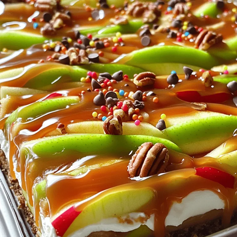 - 2 large apples (Granny Smith or Honeycrisp) - 1 cup caramel sauce (store-bought or homemade) - 1/2 cup cream cheese - 1 tablespoon brown sugar - 1/2 teaspoon pure vanilla extract - 1/4 teaspoon fine sea salt To make the best caramel apple dip, start with fresh, crisp apples. Granny Smith apples add a nice tartness. Honeycrisp apples bring sweetness and crunch. Both types work great! Next, you need a cup of caramel sauce. You can buy it or make your own. If you want that homemade touch, simply melt sugar until it turns golden brown. Then, add cream and stir until smooth. You will also need cream cheese. This gives the dip a rich and creamy base. Soften it first, so it blends well. Adding brown sugar, vanilla, and sea salt enhances the flavor. - 1/4 cup chopped nuts (pecans, walnuts, or almonds) - Mini chocolate chips - Colorful sprinkles Now, let’s talk toppings! Chopped nuts add a nice crunch. Pecans or walnuts are my favorites. Mini chocolate chips bring sweetness, while colorful sprinkles add fun. They can make your dip look festive! For the full recipe, check out the detailed instructions. Enjoy making your caramel apple dip! - In a medium bowl, combine: - 1/2 cup cream cheese - 1 tablespoon brown sugar - 1/2 teaspoon pure vanilla extract - 1/4 teaspoon fine sea salt - Use a whisk or mixer to blend until smooth and creamy. This step sets the base for your dip. - Place 1 cup of caramel sauce in a microwave-safe bowl. - Microwave for 20-30 seconds. - Stir well until smooth. This helps the caramel flow nicely when you drizzle it. - Spread the cream cheese mixture evenly on a serving platter. - Drizzle half of the warmed caramel sauce over the cream cheese layer. - Arrange apple slices on top. - Drizzle with the remaining caramel sauce. - Sprinkle with nuts or other toppings like mini chocolate chips. - Chill for about 15 minutes before serving to enhance flavors. This recipe makes a fantastic treat that everyone will love. Check the Full Recipe for more details! When you make caramel apple dip, the apple choice is key. I recommend two types: Granny Smith and Honeycrisp. Granny Smith apples are tart and crisp. They contrast well with sweet caramel. Honeycrisp apples are sweet and juicy. They pair nicely with creamy dips. The apple variety matters because it affects the dish's taste. Tart apples add a zing that balances sweetness. Sweet apples bring a delightful flavor that blends with caramel. Try both types to see which you prefer. A great presentation makes your dip shine. Use a large, colorful platter to catch the eye. Arrange apple slices in a circle around the dip. This adds a fun touch to your gathering. You can also create layers for a beautiful look. Swirl caramel on top for an extra treat. Add toppings like mini chocolate chips or colorful sprinkles. These little details make the dip more exciting. Use fresh mint leaves for a pop of green. It adds color and a fresh scent. Want to change the flavor? Try adding spices like cinnamon or nutmeg. These spices make the dip warm and inviting. A splash of almond extract can give a nutty twist. Think outside the box! Mix in peanut butter or a bit of sea salt. These flavors can elevate your dip to new heights. Experiment with different toppings and flavors to find your favorite mix. {{image_4}} You can choose between homemade and store-bought caramel sauces. Homemade caramel sauce tastes fresh and rich. It lets you control the sweetness and thickness. If you're short on time, store-bought sauce works great. Look for brands that use real ingredients. You can also try different flavors. Salted caramel adds a nice twist. The salt balances the sweetness. Chocolate caramel is another fun option. It gives a rich, deep flavor that pairs well with apples. If you're looking for a healthier dip, swap cream cheese for Greek yogurt. Greek yogurt adds creaminess and protein. It cuts down on fat and calories. You can also find low-sugar caramel options. These sauces use natural sweeteners. They keep the taste but reduce sugar intake. Seasonal spices can enhance your caramel apple dip. Adding cinnamon or nutmeg brings warmth and flavor. These spices work well in fall or winter. You might also consider other fruits. Pears or bananas taste great with caramel too. They add variety and fun to your dip. To keep your caramel apple dip fresh, place the leftovers in the fridge. Use an airtight container to seal in flavors. This dip stays good for about three days. If you see any browning on the apples, it's easy to cut that away before serving. Make sure to keep the dip covered to prevent it from drying out. Can you freeze caramel apple dip? Yes, you can freeze it, but the texture may change. To freeze, scoop the dip into a freezer-safe container. Leave some space at the top for expansion. When you're ready to eat, thaw it in the fridge overnight. Stir well before serving to help restore its creamy texture. For the best flavor, I suggest using Granny Smith or Honeycrisp apples. - Granny Smith: These apples are tart and crisp. Their tartness cuts through the sweet caramel. This makes every bite balanced and tasty. - Honeycrisp: These apples are sweet and juicy. They add a nice contrast to the rich caramel. Their crunchiness also gives a great texture. Each apple brings its own charm to the dip. You can even mix both types for a fun flavor twist! Caramel apple dip lasts about 3-4 days in the fridge. - In the fridge: Store it in an airtight container. This keeps it fresh and tasty. - In the freezer: I recommend not freezing it. The texture changes and won't be as good. Always check for any signs of spoilage before serving, just to be safe. Yes, you can make caramel apple dip ahead of time! - Prepare the dip: You can mix the cream cheese and caramel sauce early. - Serve later: Just cover it and keep it in the fridge. Add the apples right before serving to keep them fresh. This way, you can enjoy more time with your guests! For the full recipe, check out the details above. To sum up, making caramel apple dip is easy and fun. Start with fresh apples, creamy cheese, and rich caramel sauce. You can add tasty toppings like nuts or chocolate chips for flair. Use our tips to choose the best apples and make it look great. Don't forget to try variations and store any leftovers properly. This dip is perfect for parties or family gatherings. Enjoy the sweet and tart flavors that make this treat a hit!