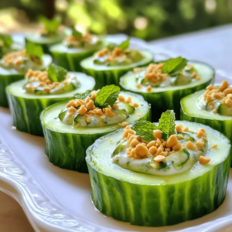 - 2 large cucumbers - 1 cup fresh mint leaves, finely chopped - 1/2 cup plain yogurt (Greek yogurt can be used for a thicker consistency) - 2 tablespoons fresh lemon juice - 1 tablespoon extra virgin olive oil - 1 teaspoon ground cumin - 1 teaspoon chili powder - 1/2 teaspoon sea salt - Freshly ground black pepper, to taste - 1/4 cup roasted peanuts, coarsely crushed (for garnish) Gather these ingredients before you start. Fresh cucumbers bring a nice crunch. Mint leaves add a bright flavor, while yogurt gives a creamy texture. The lemon juice adds a zesty touch. Extra virgin olive oil makes everything smooth. Ground cumin and chili powder give warmth and spice. Sea salt and black pepper enhance the taste. Finally, roasted peanuts add a delightful crunch on top. You can find the full recipe for these Mint Pickle Cucumber Cups above. This dish is simple and quick to make, yet it impresses with its flavor and presentation. First, wash the cucumbers under cold water. Make sure they are clean. Next, slice them in half lengthwise. Use a small spoon or a melon baller to scoop out the seeds. This will create hollow cups. Place the cucumber halves on a paper towel. This helps absorb any extra moisture. Set them aside while you prepare the filling. In a medium bowl, combine the finely chopped mint leaves and plain yogurt. Add the lemon juice, olive oil, ground cumin, chili powder, sea salt, and freshly ground black pepper. Use a whisk or spatula to mix everything well. The mixture should be smooth and creamy. Taste it and adjust the seasoning if you want. You can add more salt or chili for extra flavor. Now, take a spoon and scoop the mint yogurt mixture into each cucumber half. Fill them generously but do not overfill. Lightly pack the filling to help it hold its shape. This also makes each cup look nice and full. After filling all the cucumber cups, sprinkle the coarsely crushed roasted peanuts on top. This adds a nice crunch. It also enhances the flavors of the mint and yogurt. Arrange the filled cucumber cups on a serving platter. Chill them in the fridge for at least 20 minutes. This helps the flavors blend. Serve the cucumber cups cold for the best taste. For a great look, garnish your cucumber cups with mint sprigs and lemon slices. The green from the mint and the yellow from the lemon create a bright, fresh vibe. You can also arrange the cups on a colorful platter. This adds a fun pop and invites guests to grab one. To kick up the spice, add more chili powder to the mint filling. If you want less heat, cut the chili powder in half. You can also swap the crushed peanuts for chopped almonds or walnuts for a different crunch. Both options add a unique twist to the flavor. You need a few simple tools for this recipe. A sharp knife helps slice the cucumbers easily. A spoon or melon baller is great for scooping out the seeds. Use a mixing bowl for the mint filling and a whisk or spatula for blending. Finally, a nice serving platter will showcase your cucumber cups beautifully. {{image_4}} For a vegan option, you can swap the yogurt with a plant-based alternative. Coconut yogurt works well and brings a nice creaminess. You can also try cashew cream for a rich, nutty flavor. When it comes to herbs, feel free to mix in fresh basil or cilantro. Both add a unique twist and enhance the taste. Diced vegetables can boost the crunch in your cucumber cups. Try adding bell peppers, radishes, or carrots. These will not only add texture but also color. You can also sprinkle other nuts on top. Chopped almonds or walnuts can add a different crunch and flavor profile. Spice blends can change the taste of your mint pickle cucumber cups. Try adding smoked paprika for a smoky flavor or some cayenne for heat. If you want to explore substitutions, you can replace lemon juice with lime juice. It will give a fresh, zesty taste. Mint pickle cucumber cups stay fresh for about 2 to 3 days in the fridge. To keep them crisp, store them in an airtight container. Place a paper towel inside to absorb moisture. This helps keep the cucumbers from getting soggy. You can prep the filling a day ahead. Just keep it in the fridge in a sealed container. For best flavor, assemble the cups just before serving. This way, the cucumbers stay crunchy and fresh. I do not recommend freezing the mint filling. The texture changes and becomes watery when thawed. If you want to freeze cucumber cups, do it without the filling. Wrap them well in plastic wrap and store in a freezer-safe bag. When ready to eat, thaw in the fridge, then fill and serve. Enjoy your mint pickle cucumber cups fresh for the best taste. For the full recipe, check out the details above. To make your mint pickle cucumber cups gluten-free, focus on your ingredients. Here are tips to ensure you avoid gluten: - Yogurt: Use plain yogurt or Greek yogurt that is labeled gluten-free. - Spices: Check that your ground cumin and chili powder do not have gluten. Some spices may contain fillers with gluten, so read labels carefully. - Oils: Extra virgin olive oil is naturally gluten-free. - Peanuts: Ensure your roasted peanuts are gluten-free by checking for cross-contamination. These simple swaps will keep your dish safe for gluten-sensitive friends. Yes, you can use other herbs if you want a different flavor. Here are some great options: - Basil: This herb adds a sweet, aromatic touch. - Cilantro: This gives a fresh, zesty flavor. - Dill: Dill provides a light, grassy taste that pairs well with cucumber. Feel free to mix and match herbs to create your perfect flavor profile! For serving your cucumber cups, think about how to make them look great. Here are some ideas: - Platter: Arrange the cups on a large platter for visual impact. - Garnishes: Add fresh mint sprigs and lemon slices around the cups for color. - Pairing: These cups go well with light drinks. Try serving them with iced tea or sparkling water. This way, you create a lovely and inviting display for your guests! Cucumber cups filled with mint yogurt are fresh and fun. You learned key ingredients, step-by-step instructions, and valuable tips. Remember to customize your flavors and garnishes. These cups make a great snack or appetizer. Don’t be afraid to experiment and have fun. With the right prep and care, they’ll impress friends and family. Enjoy these tasty bites, and keep exploring new ways to make them your own!
