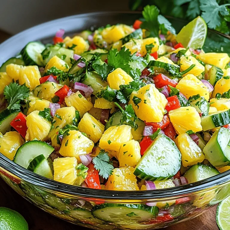 - 1 ripe pineapple, peeled, cored, and diced - 1 large cucumber, diced - 1 red bell pepper, diced - 1 small red onion, finely chopped - 1 jalapeño, minced (optional) - 1/4 cup fresh cilantro, chopped - Juice of 2 fresh limes - 1 tablespoon honey or maple syrup - Salt and pepper to taste The ingredients in pineapple cucumber salad create a lively mix of colors and flavors. The pineapple adds sweetness and a tropical touch. Cucumber brings a refreshing crunch. The red bell pepper adds a pop of color and a mild taste. Red onion gives the salad a slight sharpness. If you like some heat, add the minced jalapeño. Fresh cilantro adds a burst of herbal flavor. Lime juice balances the sweetness and adds brightness. Honey or maple syrup adds a touch of sweetness, while salt and pepper enhance all the flavors. This combination makes the salad not only tasty but also visually appealing. You can find the full recipe for this delightful dish in the article. This salad is light, fresh, and packed with essential nutrients. Here’s a quick look at its nutritional value per serving: - Calories: Approximately 120 - Protein: 2 grams - Fats: 0.5 grams - Carbohydrates: 30 grams - Vitamins: High in vitamin C and antioxidants Pineapple and cucumber offer many health benefits. Pineapple is rich in vitamin C and bromelain, which may aid digestion. Cucumber is low in calories and high in water content, making it great for hydration. Using fresh ingredients means you get the best nutrients. They also taste better! Eating fresh foods can improve your mood and energy. This salad is a perfect way to enjoy these health benefits while savoring a delicious dish. - Peel and dice the pineapple. - Dice cucumber and bell pepper. - Finely chop red onion and jalapeño. Begin by preparing your fresh ingredients. Take a ripe pineapple and carefully peel it. Cut the pineapple into small, bite-sized pieces. Next, grab a large cucumber. Dice it into even cubes. For some color, use a red bell pepper. Dice it into small pieces as well. Now, finely chop a small red onion. If you like some heat, mince a jalapeño. Remember to remove the seeds to control the spice level. - Combine ingredients in a large bowl. - Prepare lime-honey dressing in a separate bowl. - Drizzle dressing over salad and toss. Once all your ingredients are ready, mix them in a large bowl. Add the diced pineapple, cucumber, bell pepper, red onion, and jalapeño. In another bowl, make the dressing. Squeeze the juice of two fresh limes into it. Add one tablespoon of honey or maple syrup if you prefer. Whisk the lime juice and honey until smooth. Now, drizzle this dressing over your salad. Gently toss the salad to coat everything evenly. - Add cilantro and season with salt & pepper. - Let the flavors meld before serving. Next, add about a quarter cup of roughly chopped cilantro to your salad. Season it with salt and freshly cracked black pepper. Toss everything one last time. Now, let your salad sit for about 10 to 15 minutes. This resting time helps the flavors blend together beautifully. Enjoy your fresh and flavorful pineapple cucumber salad! For the complete recipe, be sure to check out the Full Recipe section. - Let your salad rest for 10-15 minutes. This helps the flavors blend well. - Taste the salad and adjust the sweetness or acidity. You can add more lime juice or honey. - Serve the salad in a clear glass bowl. This shows off the bright colors. - Add lime wedges and cilantro on top for a pretty finish. - Don't overmix the salad. This can make the ingredients mushy. - Always use a ripe pineapple. Unripe pineapple can taste too sour and hard. {{image_4}} You can easily swap out ingredients in this salad. If you want a vegan option, try using maple syrup instead of honey. This gives a sweet touch without animal products. You can also add other veggies like bell peppers or carrots. Fruits like strawberries or oranges work well too. These changes can add new flavors and make the salad even more fun. Want to make it special? Try adding fresh herbs like mint. Mint adds a cool flavor that pairs well with pineapple. You can also toss in some nuts or seeds. Chopped walnuts or sunflower seeds add a nice crunch. This extra texture makes each bite exciting. To change things up, think tropical! Adding mango or kiwi gives a sweet twist. These fruits mix well with pineapple. For an Asian-inspired version, try a dressing with soy sauce and sesame oil. This adds a savory depth that will surprise your taste buds. You can find many ways to enjoy this salad. Each twist makes it unique and tasty. Store your leftover pineapple cucumber salad in the fridge. Use a tight lid to keep it fresh. The best way is to place it in a glass or plastic container. This helps keep all the flavors locked in. Try to eat it within 2 to 3 days for the best taste. After that, the cucumber may get soggy, and the flavors may fade. You should not freeze pineapple cucumber salad. Freezing changes the texture of the cucumber and pineapple. If you want to freeze, try freezing the pineapple and cucumber separately. Cut them into small pieces first. Use freezer bags or containers with airtight seals to prevent freezer burn. Use glass or BPA-free plastic containers for storage. Glass is great as it does not hold odors. Make sure your containers have airtight seals. This helps keep your salad fresh and tasty. If you use bags, squeeze out all the air before sealing. Proper storage keeps your salad vibrant and ready to enjoy! Yes, you can make Pineapple Cucumber Salad ahead of time. I recommend prepping the ingredients a few hours before serving. Keep the dressing separate until you're ready to serve. This keeps the salad fresh and crisp. If you make it the day before, store it in the fridge. Just remember to add the dressing right before serving. This salad pairs well with many dishes. You can enjoy it with grilled chicken or fish for a light meal. It also complements tacos or sandwiches nicely. If you want a vegetarian option, serve it with quinoa or rice bowls. This salad adds a refreshing touch to any meal. Yes, Pineapple Cucumber Salad is healthy! It is low in calories and high in vitamins. Pineapple has vitamin C and antioxidants. Cucumbers provide hydration and fiber. The salad is light and refreshing, perfect for a healthy snack or side dish. Absolutely! Adding protein makes this salad even better. You can mix in grilled chicken or shrimp for a tasty boost. If you prefer a plant-based option, try adding black beans or chickpeas. These options add flavor and make it a filling meal. For the full recipe, click here. This article covered how to make a fresh and tasty Pineapple Cucumber Salad. We explored the simple ingredients, step-by-step instructions, and useful tips to enhance flavor. Fresh, healthy ingredients bring great benefits and nutrition. The salad is versatile and easy to adjust to your tastes. In the end, enjoy making this salad your own. It's perfect for any meal and packed with flavor. Start mixing today, and savor the refreshing goodness!