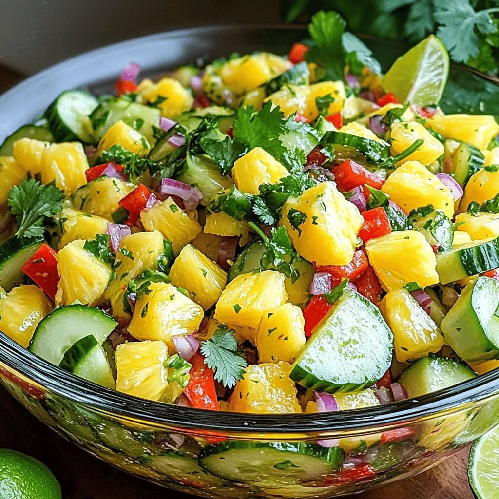 - 1 ripe pineapple, peeled, cored, and diced - 1 large cucumber, diced - 1 red bell pepper, diced - 1 small red onion, finely chopped - 1 jalapeño, minced (optional) - 1/4 cup fresh cilantro, chopped - Juice of 2 fresh limes - 1 tablespoon honey or maple syrup - Salt and pepper to taste The ingredients in pineapple cucumber salad create a lively mix of colors and flavors. The pineapple adds sweetness and a tropical touch. Cucumber brings a refreshing crunch. The red bell pepper adds a pop of color and a mild taste. Red onion gives the salad a slight sharpness. If you like some heat, add the minced jalapeño. Fresh cilantro adds a burst of herbal flavor. Lime juice balances the sweetness and adds brightness. Honey or maple syrup adds a touch of sweetness, while salt and pepper enhance all the flavors. This combination makes the salad not only tasty but also visually appealing. You can find the full recipe for this delightful dish in the article. This salad is light, fresh, and packed with essential nutrients. Here’s a quick look at its nutritional value per serving: - Calories: Approximately 120 - Protein: 2 grams - Fats: 0.5 grams - Carbohydrates: 30 grams - Vitamins: High in vitamin C and antioxidants Pineapple and cucumber offer many health benefits. Pineapple is rich in vitamin C and bromelain, which may aid digestion. Cucumber is low in calories and high in water content, making it great for hydration. Using fresh ingredients means you get the best nutrients. They also taste better! Eating fresh foods can improve your mood and energy. This salad is a perfect way to enjoy these health benefits while savoring a delicious dish. - Peel and dice the pineapple. - Dice cucumber and bell pepper. - Finely chop red onion and jalapeño. Begin by preparing your fresh ingredients. Take a ripe pineapple and carefully peel it. Cut the pineapple into small, bite-sized pieces. Next, grab a large cucumber. Dice it into even cubes. For some color, use a red bell pepper. Dice it into small pieces as well. Now, finely chop a small red onion. If you like some heat, mince a jalapeño. Remember to remove the seeds to control the spice level. - Combine ingredients in a large bowl. - Prepare lime-honey dressing in a separate bowl. - Drizzle dressing over salad and toss. Once all your ingredients are ready, mix them in a large bowl. Add the diced pineapple, cucumber, bell pepper, red onion, and jalapeño. In another bowl, make the dressing. Squeeze the juice of two fresh limes into it. Add one tablespoon of honey or maple syrup if you prefer. Whisk the lime juice and honey until smooth. Now, drizzle this dressing over your salad. Gently toss the salad to coat everything evenly. - Add cilantro and season with salt & pepper. - Let the flavors meld before serving. Next, add about a quarter cup of roughly chopped cilantro to your salad. Season it with salt and freshly cracked black pepper. Toss everything one last time. Now, let your salad sit for about 10 to 15 minutes. This resting time helps the flavors blend together beautifully. Enjoy your fresh and flavorful pineapple cucumber salad! For the complete recipe, be sure to check out the Full Recipe section. - Let your salad rest for 10-15 minutes. This helps the flavors blend well. - Taste the salad and adjust the sweetness or acidity. You can add more lime juice or honey. - Serve the salad in a clear glass bowl. This shows off the bright colors. - Add lime wedges and cilantro on top for a pretty finish. - Don't overmix the salad. This can make the ingredients mushy. - Always use a ripe pineapple. Unripe pineapple can taste too sour and hard. {{image_4}} You can easily swap out ingredients in this salad. If you want a vegan option, try using maple syrup instead of honey. This gives a sweet touch without animal products. You can also add other veggies like bell peppers or carrots. Fruits like strawberries or oranges work well too. These changes can add new flavors and make the salad even more fun. Want to make it special? Try adding fresh herbs like mint. Mint adds a cool flavor that pairs well with pineapple. You can also toss in some nuts or seeds. Chopped walnuts or sunflower seeds add a nice crunch. This extra texture makes each bite exciting. To change things up, think tropical! Adding mango or kiwi gives a sweet twist. These fruits mix well with pineapple. For an Asian-inspired version, try a dressing with soy sauce and sesame oil. This adds a savory depth that will surprise your taste buds. You can find many ways to enjoy this salad. Each twist makes it unique and tasty. Store your leftover pineapple cucumber salad in the fridge. Use a tight lid to keep it fresh. The best way is to place it in a glass or plastic container. This helps keep all the flavors locked in. Try to eat it within 2 to 3 days for the best taste. After that, the cucumber may get soggy, and the flavors may fade. You should not freeze pineapple cucumber salad. Freezing changes the texture of the cucumber and pineapple. If you want to freeze, try freezing the pineapple and cucumber separately. Cut them into small pieces first. Use freezer bags or containers with airtight seals to prevent freezer burn. Use glass or BPA-free plastic containers for storage. Glass is great as it does not hold odors. Make sure your containers have airtight seals. This helps keep your salad fresh and tasty. If you use bags, squeeze out all the air before sealing. Proper storage keeps your salad vibrant and ready to enjoy! Yes, you can make Pineapple Cucumber Salad ahead of time. I recommend prepping the ingredients a few hours before serving. Keep the dressing separate until you're ready to serve. This keeps the salad fresh and crisp. If you make it the day before, store it in the fridge. Just remember to add the dressing right before serving. This salad pairs well with many dishes. You can enjoy it with grilled chicken or fish for a light meal. It also complements tacos or sandwiches nicely. If you want a vegetarian option, serve it with quinoa or rice bowls. This salad adds a refreshing touch to any meal. Yes, Pineapple Cucumber Salad is healthy! It is low in calories and high in vitamins. Pineapple has vitamin C and antioxidants. Cucumbers provide hydration and fiber. The salad is light and refreshing, perfect for a healthy snack or side dish. Absolutely! Adding protein makes this salad even better. You can mix in grilled chicken or shrimp for a tasty boost. If you prefer a plant-based option, try adding black beans or chickpeas. These options add flavor and make it a filling meal. For the full recipe, click here. This article covered how to make a fresh and tasty Pineapple Cucumber Salad. We explored the simple ingredients, step-by-step instructions, and useful tips to enhance flavor. Fresh, healthy ingredients bring great benefits and nutrition. The salad is versatile and easy to adjust to your tastes. In the end, enjoy making this salad your own. It's perfect for any meal and packed with flavor. Start mixing today, and savor the refreshing goodness!