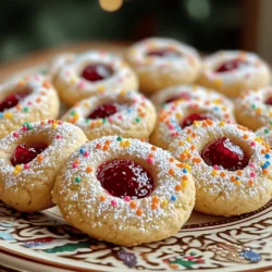 - 2 cups all-purpose flour - 1/2 teaspoon baking powder - 1/4 teaspoon salt - 1/2 cup unsalted butter, softened to room temperature - 1/2 cup granulated sugar - 1/4 cup powdered sugar (plus extra for dusting) - 1 large egg yolk - 1 teaspoon pure vanilla extract - 1/2 cup colorful sprinkles (or finely chopped nuts of your choice) - 1/2 cup your favorite jam (choices include raspberry, apricot, or strawberry) The key to soft holiday thumbprint cookies lies in the balance of ingredients. You need flour, baking powder, and salt for structure. Butter, sugar, and egg yolk provide moisture and sweetness. Vanilla extract adds a lovely aroma. The jam, of course, gives that classic thumbprint touch. - You can use gluten-free flour for a gluten-free option. - Dairy-free butter alternatives work well for those avoiding dairy. - Try sugar substitutes if you want to make a healthier version. These swaps help you cater to different diets without sacrificing taste. Always remember to measure carefully for the best results. For more details on how to make these cookies, check the Full Recipe. 1. Preheat your oven to 350°F (175°C). This gets it ready for baking. 2. Line a baking sheet with parchment paper. This helps the cookies not stick. 1. In a large bowl, cream together the unsalted butter, granulated sugar, and powdered sugar. Use an electric mixer on medium speed. Mix until light and fluffy, about 3–4 minutes. 2. Add one egg yolk and one teaspoon of pure vanilla extract to the mixture. Mix until everything is smooth and combined. 1. Scoop out portions of dough, about 1 inch wide. Roll these portions into balls using your hands. 2. Roll each ball in colorful sprinkles or chopped nuts until fully coated. This adds a fun look. 3. Place the dough balls on the prepared baking sheet. Make sure they are about 2 inches apart. 4. Press your thumb or a small spoon gently in the center of each ball to create a small indentation. This will hold the jam well. 5. Spoon your favorite jam into each indentation. Be careful not to overfill, as the jam can overflow when baking. 1. Place the baking sheet in the oven and bake for 10–12 minutes. Look for lightly golden edges. 2. After baking, take the cookie sheet out and let the cookies cool on it for about 5 minutes. Then move them to a wire rack to cool completely. For the full recipe, you can refer to the complete guide I provided earlier. Enjoy making these soft holiday thumbprint cookies! To get the best soft texture in your thumbprint cookies, start with room temperature butter. Soft butter blends well with sugar, making the dough light and airy. If the butter is cold, it will not mix properly, and your cookies may turn out dense or hard. Another key is to avoid overmixing. When you mix the dough, do it just until the flour disappears. Overmixing activates the gluten in the flour, which can lead to tough cookies. Aim for a soft, tender dough for the best results. Get creative with your decorations! You can use festive sprinkle combinations to make your cookies pop. Think red and green for the holidays or gold and silver for a more elegant look. Using themed jam flavors also adds a nice touch. Raspberry, apricot, or strawberry jams can enhance the holiday spirit. Feel free to mix and match flavors to keep things exciting. Your guests will love the tasty surprises! Pair your cookies with warm beverages. A cup of hot cocoa or spiced tea can enhance the flavors. The warmth of the drink pairs well with the soft texture of the cookies. For presentation, use a decorative platter. Arrange the cookies in a fun way and dust them with powdered sugar for a snowy effect. This way, your cookies not only taste great but look festive too! {{image_4}} You can change the jam for a new taste. Try raspberry, apricot, or strawberry. Each jam brings its own flavor to the cookie. You can also mix in flavors like almond extract. A little almond extract adds warmth and depth. Just a few drops make a big difference. If you're vegan, you can still enjoy these cookies. Use a vegan butter substitute and replace the egg yolk with flaxseed meal. Mix one tablespoon of flaxseed with three tablespoons of water. Let it sit until it thickens. That will work as your egg. For nut-free cookies, skip the nuts and sprinkles. Use seeds like pumpkin or sunflower instead. They add crunch without the worry of nuts. Make your cookies festive for the holidays. Use red and green sprinkles for Christmas or pastel colors for Easter. You can also add spices like cinnamon or nutmeg to the dough. These spices give the cookies a cozy, warm taste. A sprinkle of holiday cheer goes a long way! For the full recipe, check the link above. To keep your thumbprint cookies fresh, store them at room temperature. The ideal temperature is between 60°F and 75°F. This range helps maintain their soft texture. Use an airtight container to keep air out. A cookie jar can work too, but it should be tightly sealed. A good seal protects the cookies from drying out. You can freeze the dough before baking. Shape the balls and place them on a baking sheet. Freeze until firm, then transfer them to a freezer bag. This method saves time on busy days. For baked cookies, let them cool completely first. Place them in an airtight container or a freezer bag. They can last up to three months in the freezer. To reheat, warm them in the oven at 350°F for about 5 minutes. This will restore their soft texture. Soft holiday thumbprint cookies last about one week at room temperature. Store them properly to maintain freshness. If you notice any changes in texture or smell, it may be time to toss them. Signs of spoilage include a hard texture or an off smell. Always trust your senses when it comes to food safety. You can use oil, but the cookies may not be as soft. Butter adds flavor and richness. If you choose oil, use a light one like canola. Use about 3/8 cup of oil for 1/2 cup of butter. The texture will change, but they will still be tasty. To stop the jam from overflowing, do not overfill the indentations. Use just a small spoonful of jam. You can also press the dough gently to make deeper indents. This way, the jam stays in its place while baking. Yes, you can prep the dough ahead of time! Roll the dough into balls and freeze them. When ready, bake them straight from the freezer. Just add a minute or two to the baking time. Choose jams that are thick and flavorful. Raspberry, apricot, and strawberry are excellent picks. You could also try blackberry or cherry for a twist. Each jam gives a unique taste that pairs well with the cookie. These thumbprint cookies are easy and fun to make. You need simple ingredients and can customize them with your favorite jams. Remember to use room temperature butter for a soft texture. Decorate with colorful sprinkles for a festive touch. Store them in airtight containers to keep them fresh. With options for dietary needs and fun variations, these cookies fit any occasion. Enjoy baking and sharing these delightful treats with friends and family!