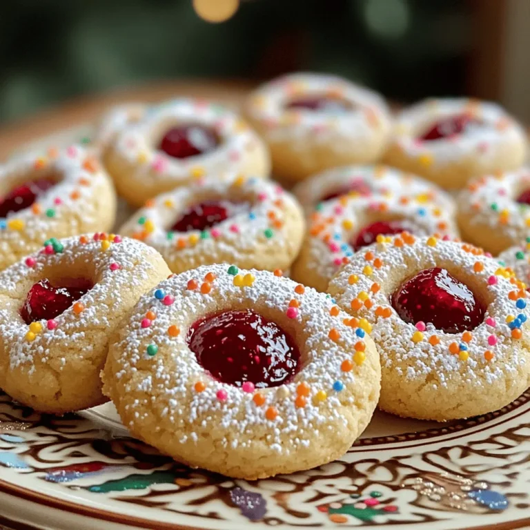 - 2 cups all-purpose flour - 1/2 teaspoon baking powder - 1/4 teaspoon salt - 1/2 cup unsalted butter, softened to room temperature - 1/2 cup granulated sugar - 1/4 cup powdered sugar (plus extra for dusting) - 1 large egg yolk - 1 teaspoon pure vanilla extract - 1/2 cup colorful sprinkles (or finely chopped nuts of your choice) - 1/2 cup your favorite jam (choices include raspberry, apricot, or strawberry) The key to soft holiday thumbprint cookies lies in the balance of ingredients. You need flour, baking powder, and salt for structure. Butter, sugar, and egg yolk provide moisture and sweetness. Vanilla extract adds a lovely aroma. The jam, of course, gives that classic thumbprint touch. - You can use gluten-free flour for a gluten-free option. - Dairy-free butter alternatives work well for those avoiding dairy. - Try sugar substitutes if you want to make a healthier version. These swaps help you cater to different diets without sacrificing taste. Always remember to measure carefully for the best results. For more details on how to make these cookies, check the Full Recipe. 1. Preheat your oven to 350°F (175°C). This gets it ready for baking. 2. Line a baking sheet with parchment paper. This helps the cookies not stick. 1. In a large bowl, cream together the unsalted butter, granulated sugar, and powdered sugar. Use an electric mixer on medium speed. Mix until light and fluffy, about 3–4 minutes. 2. Add one egg yolk and one teaspoon of pure vanilla extract to the mixture. Mix until everything is smooth and combined. 1. Scoop out portions of dough, about 1 inch wide. Roll these portions into balls using your hands. 2. Roll each ball in colorful sprinkles or chopped nuts until fully coated. This adds a fun look. 3. Place the dough balls on the prepared baking sheet. Make sure they are about 2 inches apart. 4. Press your thumb or a small spoon gently in the center of each ball to create a small indentation. This will hold the jam well. 5. Spoon your favorite jam into each indentation. Be careful not to overfill, as the jam can overflow when baking. 1. Place the baking sheet in the oven and bake for 10–12 minutes. Look for lightly golden edges. 2. After baking, take the cookie sheet out and let the cookies cool on it for about 5 minutes. Then move them to a wire rack to cool completely. For the full recipe, you can refer to the complete guide I provided earlier. Enjoy making these soft holiday thumbprint cookies! To get the best soft texture in your thumbprint cookies, start with room temperature butter. Soft butter blends well with sugar, making the dough light and airy. If the butter is cold, it will not mix properly, and your cookies may turn out dense or hard. Another key is to avoid overmixing. When you mix the dough, do it just until the flour disappears. Overmixing activates the gluten in the flour, which can lead to tough cookies. Aim for a soft, tender dough for the best results. Get creative with your decorations! You can use festive sprinkle combinations to make your cookies pop. Think red and green for the holidays or gold and silver for a more elegant look. Using themed jam flavors also adds a nice touch. Raspberry, apricot, or strawberry jams can enhance the holiday spirit. Feel free to mix and match flavors to keep things exciting. Your guests will love the tasty surprises! Pair your cookies with warm beverages. A cup of hot cocoa or spiced tea can enhance the flavors. The warmth of the drink pairs well with the soft texture of the cookies. For presentation, use a decorative platter. Arrange the cookies in a fun way and dust them with powdered sugar for a snowy effect. This way, your cookies not only taste great but look festive too! {{image_4}} You can change the jam for a new taste. Try raspberry, apricot, or strawberry. Each jam brings its own flavor to the cookie. You can also mix in flavors like almond extract. A little almond extract adds warmth and depth. Just a few drops make a big difference. If you're vegan, you can still enjoy these cookies. Use a vegan butter substitute and replace the egg yolk with flaxseed meal. Mix one tablespoon of flaxseed with three tablespoons of water. Let it sit until it thickens. That will work as your egg. For nut-free cookies, skip the nuts and sprinkles. Use seeds like pumpkin or sunflower instead. They add crunch without the worry of nuts. Make your cookies festive for the holidays. Use red and green sprinkles for Christmas or pastel colors for Easter. You can also add spices like cinnamon or nutmeg to the dough. These spices give the cookies a cozy, warm taste. A sprinkle of holiday cheer goes a long way! For the full recipe, check the link above. To keep your thumbprint cookies fresh, store them at room temperature. The ideal temperature is between 60°F and 75°F. This range helps maintain their soft texture. Use an airtight container to keep air out. A cookie jar can work too, but it should be tightly sealed. A good seal protects the cookies from drying out. You can freeze the dough before baking. Shape the balls and place them on a baking sheet. Freeze until firm, then transfer them to a freezer bag. This method saves time on busy days. For baked cookies, let them cool completely first. Place them in an airtight container or a freezer bag. They can last up to three months in the freezer. To reheat, warm them in the oven at 350°F for about 5 minutes. This will restore their soft texture. Soft holiday thumbprint cookies last about one week at room temperature. Store them properly to maintain freshness. If you notice any changes in texture or smell, it may be time to toss them. Signs of spoilage include a hard texture or an off smell. Always trust your senses when it comes to food safety. You can use oil, but the cookies may not be as soft. Butter adds flavor and richness. If you choose oil, use a light one like canola. Use about 3/8 cup of oil for 1/2 cup of butter. The texture will change, but they will still be tasty. To stop the jam from overflowing, do not overfill the indentations. Use just a small spoonful of jam. You can also press the dough gently to make deeper indents. This way, the jam stays in its place while baking. Yes, you can prep the dough ahead of time! Roll the dough into balls and freeze them. When ready, bake them straight from the freezer. Just add a minute or two to the baking time. Choose jams that are thick and flavorful. Raspberry, apricot, and strawberry are excellent picks. You could also try blackberry or cherry for a twist. Each jam gives a unique taste that pairs well with the cookie. These thumbprint cookies are easy and fun to make. You need simple ingredients and can customize them with your favorite jams. Remember to use room temperature butter for a soft texture. Decorate with colorful sprinkles for a festive touch. Store them in airtight containers to keep them fresh. With options for dietary needs and fun variations, these cookies fit any occasion. Enjoy baking and sharing these delightful treats with friends and family!