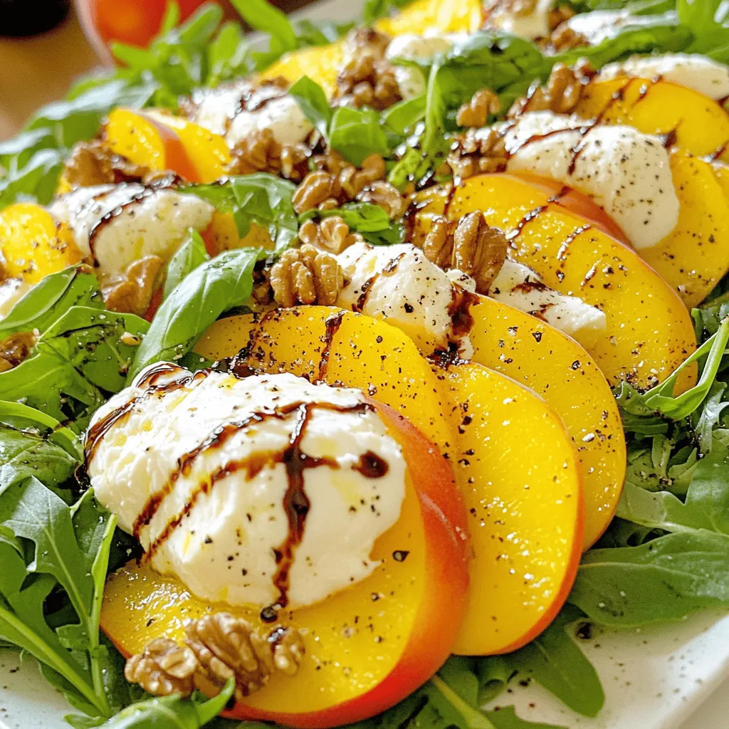 Let’s dive into the key elements that make this Peach Burrata Salad a true delight. The right mix of fresh ingredients creates bursts of flavor and texture. Here’s what you need: - 2 ripe peaches, sliced into thin wedges - 200g fresh burrata cheese, at room temperature - 4 cups arugula or a mix of your favorite greens - 1/4 cup walnuts, toasted and roughly chopped - 1/4 cup balsamic glaze, for drizzling - 2 tablespoons high-quality olive oil - Sea salt and freshly cracked black pepper, to taste - Fresh basil leaves, for garnish Each ingredient plays a crucial role. The ripe peaches add sweetness, while the burrata brings a creamy richness. Arugula offers a peppery crunch, and toasted walnuts provide a satisfying bite. The balsamic glaze ties everything together with its tangy sweetness. Using high-quality olive oil enhances the salad's depth. Don’t forget the seasoning! A sprinkle of sea salt and cracked pepper makes all the flavors pop. Lastly, fresh basil gives a lovely aroma and beautiful color. For the full recipe, check out the complete steps to create this vibrant dish. - Wash and slice the peaches. - Prepare the greens base. - Arrange the peaches and burrata. First, I wash the peaches under cool water. This step is key to remove any dirt. Next, I slice the peaches into thin wedges. Set them aside to let their sweet juices flow. Then, I take a large bowl and add the arugula or your favorite greens. This green base gives the salad a nice peppery taste. Spread it out evenly in the bowl. After that, I artfully arrange the peach slices over the greens. Make sure each bite gets some peach goodness. I gently tear the burrata cheese into bite-sized pieces. I scatter these creamy bits over the salad. This adds a rich texture that makes the dish special. - Sprinkle walnuts over the salad. - Drizzle olive oil and balsamic glaze. - Season with salt and pepper. Now, I sprinkle the toasted walnuts across the top. This adds a delightful crunch that pairs well with the creamy burrata. Next, I drizzle high-quality olive oil and balsamic glaze over the salad. This step enhances the flavor and brings everything together. Finally, I season with sea salt and freshly cracked black pepper. Then, I gently toss the salad to mix all the ingredients. Be careful to keep the burrata intact. For extra flair, I finish with fresh basil leaves. They not only look great but also add a lovely aroma. For the full recipe, refer to the earlier section. Enjoy your beautiful Peach Burrata Salad! - Choose ripe peaches for the best flavor: Look for peaches that are slightly soft and fragrant. This means they are ripe and sweet. A ripe peach will enhance the salad's taste. - Alternatives to burrata if unavailable: If you can't find burrata, try fresh mozzarella or goat cheese. Both will still give you that creamy texture you crave. - How to properly toast walnuts: To toast walnuts, heat a dry skillet over medium heat. Add the walnuts and stir often. Toast them until they are golden brown and fragrant, about 5 minutes. This step adds a lovely crunch and flavor. - Serving suggestions for gatherings: Serve your salad on a large, shallow platter. This makes it easy for guests to share. You can also place it in individual bowls for a personal touch. - Tips for an eye-catching display: Layer your ingredients. Start with the greens, then add peaches, burrata, and walnuts. This creates a colorful and inviting look. - Garnishing for added flair: Finish with fresh basil leaves. They add a pop of color and a fresh scent. A drizzle of extra balsamic glaze on top can also enhance the salad's appeal. For more details, check out the Full Recipe. {{image_4}} If you want to switch things up, try using nectarines or plums instead of peaches. They both provide a sweet and juicy flavor. You can also mix in seasonal fruits like berries or figs. These fruits add a fun twist and a pop of color. A homemade balsamic vinaigrette is easy to make. Just mix balsamic vinegar, olive oil, salt, and pepper. Shake it well for a fresh dressing. You can also try a honey mustard or citrus dressing. These options make the salad even more exciting. For the full recipe, check out the Peach Burrata Bliss Salad. To keep your Peach Burrata Salad fresh, store it in an airtight container. This helps keep moisture in and air out. If you have extra salad, it's best to separate the dressing and toppings from the greens. This way, your salad stays crisp and delicious. The salad lasts about 1 to 2 days in the refrigerator. However, the burrata will lose its creamy texture over time. You can assemble the salad in advance, but wait to add the burrata and dressing until serving time. This keeps everything fresh. Prepare the peaches, walnuts, and greens a day ahead. When ready to eat, just layer everything and drizzle the balsamic glaze. It’s easy and saves time! You can find the full recipe for this delightful salad in the earlier sections. Can I make this salad vegan? Yes, you can make this salad vegan. Simply replace burrata cheese with a vegan cheese alternative. You can also try using avocado for creaminess. This keeps the salad rich and flavorful. How can I add protein to the salad? To add protein, try grilled chicken or shrimp. You can also use chickpeas or lentils for a plant-based option. These additions will make the salad heartier and more satisfying. Is it possible to prepare this salad in advance? Yes, you can prepare some parts in advance. Wash and slice the peaches and store them in the fridge. Keep the greens and burrata separate until serving. This way, everything stays fresh and crisp. Where did the Peach Burrata Salad originate? This salad hails from Italy, where fresh ingredients shine. It combines local peaches with creamy burrata, celebrating the summer harvest. The dish showcases the Italian love for fresh produce and simple flavors. What can I serve with this salad? Serve this salad with grilled meats or seafood for a complete meal. It also pairs well with crusty bread or a light soup. The bright flavors complement many dishes, making it versatile. How do I make homemade balsamic glaze? To make balsamic glaze, simmer balsamic vinegar in a saucepan. Cook it until it thickens, about 15-20 minutes. This makes a sweet and tangy drizzle perfect for salads. You can store the glaze in the fridge for up to a month. For the full recipe, check out the section on Peach Burrata Bliss Salad. This blog post shared a simple and tasty peach burrata salad recipe. You learned the ingredients, preparation steps, and how to add your personal touch. I also provided tips on storage and meal prep to keep your salad fresh. This salad is easy, fun, and great for any meal or gathering. Explore different fruits and dressings to make it your own. Enjoy this bright, delicious dish that highlights fresh flavors!