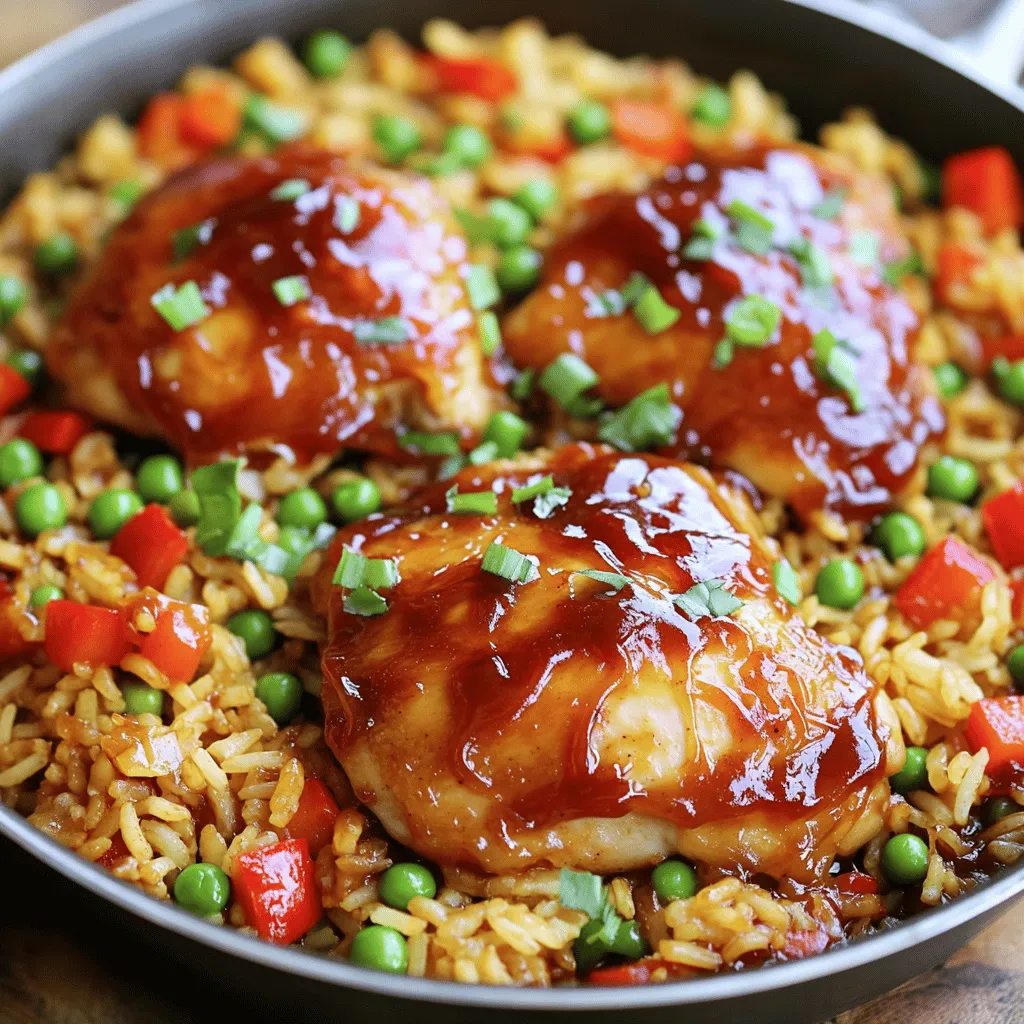 - 4 boneless, skinless chicken thighs - 1 cup long-grain rice - 2 cups low-sodium chicken broth - 1 cup BBQ sauce (your favorite) - 1 tablespoon honey - 1 tablespoon olive oil - 1 red bell pepper, diced - 1 cup frozen peas - 2 cloves garlic, minced - 1 teaspoon paprika - Salt and pepper to taste When I make One-Pan Honey BBQ Chicken Rice, I always start with quality chicken thighs. They stay juicy and tender, which makes a big difference in flavor. I use long-grain rice for a fluffy texture. Low-sodium chicken broth gives the rice a rich taste without too much salt. Next, I add my flavor enhancers. BBQ sauce is key. It brings a sweet and tangy kick. Honey adds a touch of sweetness that pairs well with the BBQ. I use olive oil to help cook the chicken and veggies. The vegetables are just as important. I love the crunch of a fresh red bell pepper. Frozen peas are great for a pop of color and nutrition. Garlic brings a warm, savory aroma, while paprika, salt, and pepper elevate all the flavors. For the full recipe, check out the details above. This dish is not just easy to make; it's also a delight to share with family and friends! To start, season the chicken thighs. Use salt, pepper, and paprika. Coat both sides well. This will add great flavor to the meat. Next, heat olive oil in a large pan over medium-high heat. Once the oil shimmers, add the chicken. Sear each thigh for about five minutes. Look for a nice golden crust. When they are browned, take them out and set them aside. In the same pan, add minced garlic and diced red bell pepper. This step brings out the sweet and savory notes. Sauté for 2-3 minutes, stirring often. You want the bell pepper to soften and the garlic to become fragrant. This creates a flavor base for the rice. Now, add uncooked long-grain rice. Stir well to coat the rice in the oil and flavors. Cook for 1-2 minutes until the rice looks slightly translucent. This helps enhance the rice's flavor. Next, pour in the low-sodium chicken broth. Increase the heat to bring it to a gentle boil. In a small bowl, whisk together your BBQ sauce and honey. Mix until it is smooth. Once combined, return the seared chicken to the pan. Place it right on top of the rice. Spoon the honey BBQ mixture over the chicken generously. This will create a tasty glaze as it cooks. Lower the heat to low and cover the pan with a lid. Let it simmer for about 20 minutes. This allows the rice to cook and absorb the broth. In the last five minutes, sprinkle frozen peas on top. Do not stir them in; just cover the pan again. The steam will warm the peas perfectly. Once cooking is done, take the pan off the heat. Let it sit covered for another five minutes. This resting time keeps all the flavors locked in. After resting, fluff the rice gently with a fork. Finally, garnish the dish with chopped green onions. This adds a fresh touch. You can serve it warm, enjoying the sweet and tangy flavor of the honey BBQ chicken rice. For the full recipe, check the previous section. To ensure your chicken is thoroughly cooked, use a meat thermometer. The internal temperature should reach 165 degrees Fahrenheit. This step keeps your meal safe and juicy. Always let the chicken rest for a few minutes after cooking. This helps seal in moisture. To achieve fluffy rice, rinse the rice under cold water before cooking. This step removes excess starch and prevents stickiness. Stir the rice gently during cooking to keep it from clumping. Lastly, let the rice sit covered for a bit after cooking. This will help it fluff up nicely. You can adjust the BBQ sauce to suit your taste. Try adding a splash of hot sauce for some heat or a squeeze of lemon for brightness. Feel free to mix in some mustard or Worcestershire sauce for depth. These simple tweaks can elevate your dish. For alternative seasonings, consider adding smoked paprika for a richer flavor. Herbs like thyme or rosemary can also enhance the dish. Experiment with different spices to find your perfect blend. For serving styles, you can dish the chicken and rice directly from the skillet. This gives a warm, cozy feel. If you want a more polished look, plate the rice first and then top it with the chicken. For visual appeal, add garnishes like fresh parsley or cilantro. Chopped green onions also add a nice crunch. A drizzle of additional BBQ sauce can make the dish extra tempting. Enjoy your beautiful creation! {{image_4}} You can switch out chicken thighs for chicken breasts if you prefer. Breasts cook faster and are leaner. Thighs offer more flavor and juiciness. You can also use quinoa or brown rice instead of long-grain rice. Quinoa adds protein and a nutty flavor, while brown rice gives a chewier texture. Try different BBQ sauce flavors to change the taste. Use honey BBQ for sweetness or a smoky sauce for depth. If you want heat, add hot sauce or diced jalapeños. These spicy additions can give your dish an exciting kick. To make it gluten-free, choose a gluten-free BBQ sauce. You can also swap out traditional rice for cauliflower rice. For vegetarians, use plant-based proteins like tofu or tempeh. Cook them in the same way as the chicken for similar flavors. These swaps keep the meal tasty and inclusive for everyone. For the full recipe, check out the one-pan honey BBQ chicken rice. To store your One-Pan Honey BBQ Chicken Rice, let it cool to room temperature. Place the leftovers in an airtight container. This helps keep the dish fresh. Use a container that seals well, like glass or plastic. Store it in the fridge for up to three days. This way, you can enjoy your meal later. When you’re ready to eat, reheat your chicken and rice safely. You can use the microwave or a skillet. For the microwave, place the dish in for about two minutes. Stir halfway for even heating. If you use a skillet, add a splash of water. This helps keep the rice moist. Heat on low until warm. If you want to save some for later, freezing is a great option. Portion the chicken and rice into small containers. This makes it easy to thaw later. Label each container with the date. To thaw, move it to the fridge overnight. Reheat in the microwave or on the stove. Just be sure to check that it’s hot all the way through. Yes, you can use various types of rice. Long-grain rice works best for this dish, but you can also use jasmine or basmati rice. If you prefer brown rice, add an extra cup of broth and increase the cooking time by about 10-15 minutes. Just make sure to adjust the liquid based on the type of rice you choose. To ensure the chicken is safe to eat, check its internal temperature. It should reach at least 165°F (75°C). Use a meat thermometer for accurate readings. The chicken should look white and no pink should show. If you cut into it, the juices should run clear. Yes, you can save time by using pre-cooked chicken. You can also choose instant rice, which cooks faster. Another tip is to chop the veggies in advance. This way, you can just toss them in the pan when you start cooking. This dish pairs well with simple side salads. You can also serve it with steamed broccoli or corn on the cob. For a crunchy option, try coleslaw or pickles. These sides help balance the sweet and savory flavors of the chicken. Yes, you can double the recipe. Just make sure your pan is large enough. You may need to cook it a bit longer to ensure the chicken and rice cook evenly. Keep an eye on the liquid level, adding a bit more broth if needed. To adjust the spice level, you can add hot sauce or cayenne pepper. If you like it milder, skip the paprika or use less. Consider using sweet BBQ sauce for a softer taste. You can also add jalapeños for a kick without overwhelming heat. This recipe for One-Pan Honey BBQ Chicken Rice blends savory chicken, fragrant rice, and vibrant veggies. You learned to season, sear, and combine flavors for a tasty meal. With tips on storage and variations, you can adapt this dish to fit your taste. Cook it your way, and enjoy each bite. Perfect for busy nights, this dish will impress your family and friends. Try it out, and savor the delicious results!