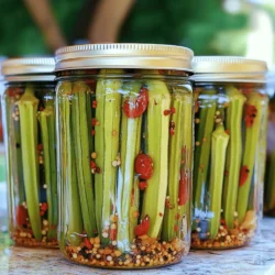 - 1 pound fresh okra, rinsed and trimmed - 4 cloves garlic, smashed - 1 whole red chili pepper - Optional: chopped fresh herbs or colorful sliced peppers for presentation - 2 cups water - 1 cup apple cider vinegar - 2 tablespoons sea salt - 2 tablespoons sugar - 1 teaspoon black peppercorns - 1 teaspoon mustard seeds - 1 teaspoon coriander seeds - Optional: 1/2 teaspoon smoked paprika - Medium saucepan - Large pot for sterilizing - Clean jars with lids - Measuring cups and spoons I love using fresh okra for this recipe. The crunch and flavor shine through. When choosing okra, pick bright green pods that are firm. Avoid any that feel soft or look dull. For the brine, apple cider vinegar adds a nice tang. The sugar and salt help create balance. This makes the pickled okra taste amazing. The spices give extra flavor. Black peppercorns and mustard seeds add depth. The optional smoked paprika gives a unique twist. You will need a medium saucepan to make the brine. A large pot helps sterilize the jars too. Clean jars with lids keep the pickled okra fresh. Measuring cups and spoons ensure perfect amounts. For the full recipe, check out the details on how to craft these crunchy delights! First, gather your brine ingredients. You need 2 cups of water, 1 cup of apple cider vinegar, 2 tablespoons of sea salt, and 2 tablespoons of sugar. Combine these in a medium saucepan. Stir well and bring the mixture to a boil over medium-high heat. Keep stirring until the salt and sugar dissolve completely. Once dissolved, take the saucepan off the heat and let the brine cool slightly. While the brine cools, it’s time to prepare your jars. Take a large pot of hot water and boil the jars for about 10 minutes. This step is crucial. Sterilizing your jars helps preserve the pickles and keeps them safe to eat. After you sterilize the jars, they should still be warm. Place the smashed garlic cloves, black peppercorns, mustard seeds, coriander seeds, and the whole red chili pepper at the bottom of each jar. Next, pack the trimmed okra into the jars, standing them upright. This creates a beautiful look and helps the flavors mix well. Now it’s time for the brine. Carefully pour the warm brine over the packed okra in each jar. Make sure the okra is fully submerged in the brine. Leave about 1/2 inch of space at the top of each jar. This headspace is important for sealing. Wipe the rims of the jars with a clean cloth. This step removes any residue that may prevent a good seal. Secure the jars with their lids and let them cool to room temperature. This cooling step helps the flavors meld together nicely. Once the jars cool, place them in the fridge. Let the okra pickle for at least 48 hours. This time allows the flavors to develop fully. When stored properly, pickled okra can last up to 3 months in the fridge. For the full recipe, check out the Crunchy Spiced Pickled Okra guide to enjoy this delightful treat! To get that perfect crunch, always use fresh okra. Look for firm, bright green pods. Fresh okra makes all the difference in taste and texture. After you pack the jars, let the okra pickle for at least 48 hours. This rest time allows flavors to blend well and enhances the crunch. You can spice up your pickled okra with various flavors. Try adding whole mustard seeds or coriander seeds for a zesty kick. Experimenting with different peppers can also change the heat level. Adding a whole red chili gives a nice balance of spice. Fresh herbs, like dill or thyme, can add a unique taste too. Pickled okra shines as a snack or a side. Serve it on charcuterie boards for a colorful touch. It also adds a fun crunch to salads. Use it as a garnish for cocktails or sandwiches. Its bright flavor can elevate any dish. Enjoy your pickled okra straight from the jar or as part of a meal! For the full recipe, check out the Crunchy Spiced Pickled Okra. {{image_4}} To make spicy pickled okra, adjust the chili levels for heat. You can add more dried chili peppers for a stronger kick. You can also try using different types of peppers. Jalapeños or serranos work well. They bring a fun twist to the flavor. You can even mix peppers for more depth. Experiment with the heat until you find your perfect balance. For a sweet and savory twist, add honey or maple syrup to your brine. These sweeteners blend well with the tang of vinegar. They help balance the sweet and sour flavors. You can start with a tablespoon and adjust to taste. If you prefer less sweetness, use less syrup. This version is great for those who enjoy a sweeter pickled snack. For a Mediterranean-style pickled okra, use olive oil and fresh herbs. Rosemary, thyme, and oregano add great flavor. You can also incorporate other vegetables. Carrots or bell peppers create a colorful medley. This version pairs well with Mediterranean dishes. It adds a unique twist to your pickled okra recipe. For a full recipe, check out my Crunchy Spiced Pickled Okra. To keep your pickled okra fresh, store it in the fridge. Use clean, airtight jars to secure the okra. This step prevents air from spoiling your delicious snack. A good seal helps keep the flavors locked in. Pickled okra stays fresh in the fridge for about three months. After this time, the taste may change. Look for signs of spoilage, like off smells or a cloudy brine. If you see mold or the okra looks slimy, it's best to toss it. You can freeze pickled okra, but it may not stay crunchy. If you want to try freezing, pack it tightly in freezer-safe containers. Leave some space at the top for expansion. When you're ready to eat, thaw it in the fridge overnight for the best results. Pickled okra can last up to three months in the fridge. Make sure to keep them sealed well. After opening, enjoy them within a month for the best taste. I do not recommend using frozen okra for pickling. Frozen okra loses its crunch and texture. Fresh okra works best for a crisp bite in your pickles. You can find pickled okra at local grocery stores and farmers' markets. Online retailers also sell various brands of pickled okra. Look for specialty shops that focus on Southern foods. Okra is low in calories and high in fiber. It contains vitamins A and C, which help boost your immune system. Pickled okra still retains many nutrients, but watch for added salt. Yes, you can enjoy pickled okra right from the jar. They make a great snack or garnish for meals. Just ensure the jar has been stored properly for safety. Making pickled okra is easy and fun. We covered all the steps, from fresh ingredients to storage tips. Remember to use crisp okra for the best crunch. Experiment with flavors to find your favorite. Enjoy this tasty treat in salads, as snacks, or on charcuterie boards. With just a bit of effort, you can create a flavorful and colorful addition to your meals. Now, get started and enjoy your homemade pickled okra!