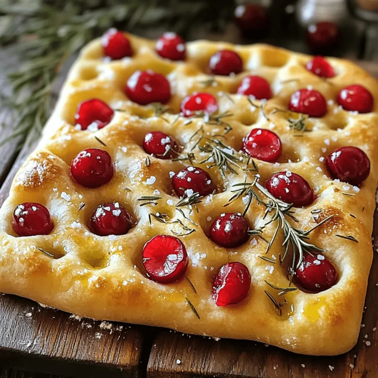 - 2 cups all-purpose flour - 1 cup warm water (about 110°F or 43°C) - 1 packet (2 1/4 teaspoons) active dry yeast - 1 teaspoon granulated sugar - 1 teaspoon fine sea salt - 2 tablespoons extra virgin olive oil (plus more for drizzling) - 1 cup fresh cherries, pitted and halved - 2 tablespoons fresh rosemary, finely chopped - Coarse sea salt for topping The ingredients for Cherry Rosemary Focaccia Art are simple yet special. Each one brings unique flavors. First, the all-purpose flour serves as the base. It gives the focaccia structure. The active dry yeast is next. This ingredient makes the dough rise and adds a lovely texture. Then, we have warm water. It activates the yeast. The granulated sugar helps the yeast work better and adds a touch of sweetness. Fine sea salt adds flavor. It balances the sweetness of the cherries. The extra virgin olive oil adds richness and a nice texture. Use some for the dough and drizzle more over the top. Fresh cherries bring a burst of flavor. Their sweetness complements the aromatic rosemary. Finally, coarse sea salt on top enhances the flavor right before baking. With these ingredients, you are ready to create a delightful focaccia. You can find the full recipe later in this article. - Activate the Yeast: Start by mixing warm water, sugar, and active dry yeast in a small bowl. Stir gently to mix. Let it sit for 5 to 10 minutes until it gets frothy. This means your yeast is active. - Prepare the Dough: In a large bowl, mix all-purpose flour and fine sea salt. Make a well in the center and pour in the frothy yeast mix along with olive oil. Stir with a wooden spoon until the dough forms. Transfer it to a floured surface and knead for 5 to 7 minutes. You want it smooth and elastic. - First Rise: Shape the dough into a ball and place it in an oiled bowl. Cover it with a damp cloth. Let it rise in a warm spot for about 1 hour, or until it doubles in size. - Preheat and Prepare the Baking Pan: While the dough rises, preheat your oven to 425°F (220°C). Grease your baking sheet with olive oil to help the focaccia get a nice crust. - Shape the Focaccia: Once the dough has risen, gently punch it down. Transfer it to the prepared pan. Use your fingers to stretch and spread the dough to about 1/2 inch thick. - Create Patterns and Add Toppings: Use your fingertips to make dimples all over the dough. Scatter the halved cherries on top and sprinkle with chopped rosemary. Drizzle more olive oil over it, and finish with a sprinkle of coarse sea salt. - Second Rise: Cover the dough again with a cloth and let it rise for another 20 to 30 minutes. It should puff up a bit more. - Bake the Focaccia: Place the pan in the oven and bake for 20 to 25 minutes. It should turn a lovely golden brown and sound hollow when tapped. - Cool and Serve: Once baked, take the focaccia out and let it cool on a wire rack. When cool enough, slice it into squares or wedges. For a special touch, serve it warm with extra olive oil drizzled on top. For full instructions, check the Full Recipe. Kneading the Dough Effectively Kneading is key to great focaccia. Use your hands to push the dough down and fold it over. Do this for about 5 to 7 minutes. You want the dough to feel smooth and elastic. If it is too sticky, add a little flour. Keep your surface floured to avoid sticking. Ensuring Proper Dough Rise Times Rising is where magic happens. For the first rise, let the dough sit in a warm spot. Cover it well to keep warmth in. It should double in size, which takes about 1 hour. For the second rise, let it puff up for another 20 to 30 minutes. This helps create a light and airy focaccia. Best Practices for Topping Distribution To get even toppings, scatter your cherries and rosemary evenly. Press them gently into the dough. This helps them stick during baking. Don't forget to drizzle olive oil over the top. It adds flavor and helps the toppings caramelize nicely. Using High-Quality Olive Oil Good olive oil makes a big difference. Use extra virgin olive oil for the best taste. It adds richness and depth to your focaccia. Drizzle it on before baking and as a finish. This will enhance the flavor and make your focaccia look shiny and inviting. Substituting Ingredients for Enhanced Flavor Feel free to swap some ingredients for fun flavors. Try using different herbs like thyme or basil. You can also add cheeses like feta for a salty kick. If you want a sweeter touch, consider using honey or even a sprinkle of sugar over the top. These changes can make your focaccia truly unique. For the full recipe, check the earlier section! {{image_4}} Adding cheeses like feta or goat cheese can enhance the flavors. These cheeses bring a creamy taste that pairs well with cherries. You can sprinkle them on top before baking. Incorporating other fruit toppings can also add variety. Try figs, peaches, or even blueberries for a sweet twist. Each fruit offers a unique taste, making your focaccia fun and fresh. Herb variations can change the aroma profile. Basil or thyme can replace rosemary for a different flavor. Use your favorite herbs to create your signature focaccia. If you need gluten-free options, use gluten-free flour substitutes. Almond flour, coconut flour, or a gluten-free blend can work well. Just make sure to follow the package instructions for best results. For vegan modifications, you can make this recipe egg-free. Replace any eggs with a mixture of ground flaxseed and water. This simple swap keeps the texture while making it suitable for a vegan diet. To enjoy your focaccia, store any leftovers properly. I recommend placing the focaccia in an airtight container. This keeps it fresh and soft. You can also wrap it tightly in plastic wrap. - Room Temperature: If you plan to eat your focaccia within two days, keep it at room temperature. This works best in a cool, dry place. - Refrigeration: For longer storage, you can refrigerate it. However, this may dry it out. If you choose this option, cover it well to keep moisture in. When you are ready to eat your focaccia again, reheating is key. You want it warm and soft, not soggy. - Best Ways to Reheat Focaccia: Preheat your oven to 350°F (175°C). Place the focaccia directly on the oven rack or a baking sheet. Heat for about 10 minutes. This gives it a nice crust again. - Avoiding Sogginess: If you use a microwave, keep it short. Heat in 10-second bursts. This helps prevent sogginess. A quick blast of heat is enough to warm it up without making it rubbery. Enjoy your cherry rosemary focaccia art fresh, or save it for later with these tips! How do I know when the yeast is activated? You will see bubbles and foam on the surface. This usually takes about 5 to 10 minutes. The mixture should look frothy. If you don’t see this, the yeast may be dead. Can I use frozen cherries for this recipe? Yes, you can use frozen cherries. Just thaw them first and drain any extra liquid. This keeps your focaccia from becoming soggy. What can I serve with cherry rosemary focaccia? You can serve it with a nice salad, cheese, or dips like olive oil and balsamic vinegar. It also pairs well with soups or stews. How long does focaccia last? Focaccia stays fresh for about 2 to 3 days at room temperature. Store it in a bread bag or wrapped in foil to keep it soft. Can I freeze focaccia bread? Yes, you can freeze focaccia. Wrap it well in plastic wrap and foil. It can last up to 3 months in the freezer. What are the best topping combinations for focaccia? You can mix and match toppings! Try olives, sun-dried tomatoes, or different herbs. Cheese can also add a lovely flavor. Use your favorite ingredients to make it unique! Cherry rosemary focaccia is a fun and tasty project. You learned how to prepare the dough, shape it, and add toppings. Remember to activate the yeast and give the dough time to rise. Consider the tips for perfecting your bread and adding unique flavors. With practice, you’ll make focaccia that impresses everyone. Enjoy experimenting with different ingredients and variations. Happy baking!