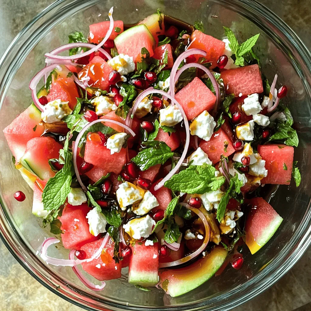 When making Watermelon Feta Salad, you need fresh, vibrant ingredients. Each one adds a unique touch. Here’s what you will need: - Watermelon (4 cups, cut into cubes) - Feta cheese (1 cup, crumbled) - Fresh mint leaves (1 cup, chopped) - Red onion (1/4 cup, thinly sliced) - Olive oil (2 tablespoons) - Balsamic glaze (1 tablespoon) - Salt and pepper (to taste) - Optional garnish: Pomegranate seeds (1/4 cup) This mix of flavors truly makes the salad special. The sweet watermelon complements the salty feta. Fresh mint adds a burst of flavor. Red onion gives it a nice crunch. Olive oil and balsamic glaze tie it all together. You can even add pomegranate seeds for a pop of color and taste. If you want to see the complete recipe, check out the Full Recipe. You can use this list to gather your ingredients and get started on this tasty dish! Start by cutting your watermelon into bite-sized cubes. Aim for uniform pieces so they mix well. Once cut, transfer the cubes to a large mixing bowl. This big bowl gives you room to toss everything later without spills. Next, add the thinly sliced red onion and roughly chopped fresh mint to the watermelon. These ingredients add bright flavors and a nice crunch. Then, gently sprinkle the crumbled feta cheese on top. This cheese brings a creamy touch that balances the sweetness of the watermelon. Now it’s time to dress the salad. Drizzle the olive oil and balsamic glaze over the top. This adds richness and ties all the flavors together. Season the mix with salt and freshly cracked black pepper to taste. Using a large spoon, carefully toss everything together. Be gentle to avoid crushing those delicious feta chunks. For the full recipe, check out the details above. Enjoy your fresh and tasty creation! - Serve the salad in a large, shallow bowl. This makes it look bright and fun. - Drizzle a little extra balsamic glaze on top just before serving. It adds a nice touch. - Garnish with fresh mint leaves for a burst of color and flavor. - Let the salad rest for 10-15 minutes. This helps the flavors mix well. - You can add lemon zest for a fresh kick. It brightens the taste a lot. - Pair the salad with grilled meats or seafood. It balances the rich flavors perfectly. - Serve it as a refreshing side dish at gatherings. Everyone loves a cool salad! For the complete recipe, see the [Full Recipe]. {{image_4}} You can change your salad by adding new ingredients. - Adding avocado for creaminess: This gives a smooth texture. The rich flavor works well with the salty feta. - Mixing in arugula for peppery flavor: Arugula adds a nice bite. It pairs well with the sweet watermelon. - Incorporating cucumber for crunch: Cucumber brings a fresh crunch. This keeps the salad light and refreshing. These simple swaps can make your salad unique and tasty. You can also switch up the flavors with different cheeses or dressings. - Using different cheese types, such as goat cheese: Goat cheese has a tangy taste. It adds a new twist to the salad. - Experimenting with various dressings: Try honey mustard or yogurt dressing for a different flavor. These dressings can enhance the taste of the watermelon and feta. Feel free to mix and match to find your favorite flavor. Adding local flavors can bring a fun twist to your salad. - Adding jalapeños for a spicy kick: This adds heat and a bold flavor. It contrasts nicely with the sweet watermelon. - Introducing Asian flavors with sesame oil: Sesame oil gives a nutty taste. It can bring a new depth to your dish. These regional twists can turn your salad into a fresh global treat! To keep your watermelon feta salad fresh, store it in an airtight container. Place it in the fridge right after you prepare it. This way, the salad stays crisp and tasty. For the best taste, eat it within 1-2 days. After this time, the watermelon may lose its texture and the flavors might fade. You can freeze watermelon, but it will change the texture. Freezing makes it mushy when thawed, which isn’t good for salads. Instead, prepare salad components like the feta and mint in advance. Keep these items separate until you are ready to serve. This helps maintain the best taste and texture. If your salad ingredients start to wilt, try giving them a cold water soak for a few minutes. This will help revive them. Always dress the salad just before serving. This keeps everything fresh and bright. For the full recipe, check out the detailed steps. Yes, you can prep some parts ahead. Cut the watermelon and store it in the fridge. You can mix the mint and onion, but wait to add the feta and dressing. They taste best fresh. Aim to serve the salad within a few hours for the best flavors. If you can't find feta, try goat cheese or ricotta. For dairy-free options, use almond cheese or cashew cheese. These alternatives still give a creamy texture and add flavor. Just make sure they are crumbled or spreadable to blend well in the salad. Yes! Instead of olive oil and balsamic glaze, try using a splash of lemon juice. You can also mix vinegar with a touch of honey for a sweet zing. These options keep the salad light while still adding a nice taste. To make a vegan version, skip the feta and use a dairy-free cheese. You can also add extra nuts or seeds for a creamy feel. Try using a simple dressing of olive oil, lemon juice, and herbs. This keeps the salad fresh and flavorful while being fully plant-based. In this post, I shared a simple and tasty Watermelon Feta Salad recipe. You learned about key ingredients, step-by-step prep, and serving tips. Remember to try variations and keep the salad fresh for best flavor. With these easy steps, you can enjoy a refreshing dish at any gathering. Experiment with flavors and enjoy the process. Making this salad is quick and fun!