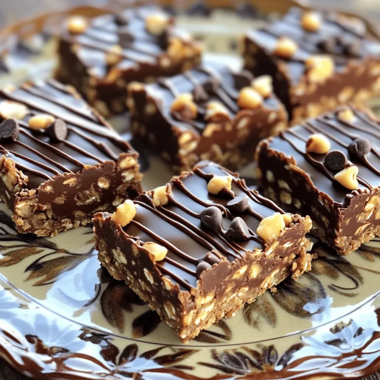 When making No-Bake Chocolate Oatmeal Bars, you'll need simple and wholesome ingredients. These ingredients blend together to create a treat that is both tasty and nutritious. Here’s what you’ll need: - 2 cups rolled oats - 1/2 cup creamy peanut butter (or almond butter for a nut-free option) - 1/2 cup honey or maple syrup - 1/4 cup unsweetened cocoa powder - 1/2 teaspoon vanilla extract - 1/4 teaspoon salt - 1/2 cup dark chocolate chips (opt for dairy-free if desired) - 1/4 cup chopped nuts (walnuts, almonds, or your favorite variety) - 1/4 cup shredded coconut (optional for added texture) These ingredients work together to give you chewy, chocolatey bars. Each item plays a role. The oats provide a great base, while the peanut butter adds creaminess. Honey or maple syrup gives sweetness, and cocoa powder adds rich chocolate flavor. Don’t forget, you can make this recipe your own. Substitute the nuts or add dried fruits if you like. If you're interested in the full recipe, check out the [Full Recipe]. Mixing the Dry Ingredients Start by grabbing a large mixing bowl. Measure out 2 cups of rolled oats, 1/4 cup of unsweetened cocoa powder, and 1/4 teaspoon of salt. Pour them into the bowl. Use a spoon to stir these dry ingredients together. Mix until they are evenly combined. This step builds the base for your bars. Preparing the Wet Mixture Next, take a microwave-safe bowl. Add 1/2 cup of creamy peanut butter and 1/2 cup of honey or maple syrup. Heat this mix in the microwave for about 30 seconds. When it's warm, take it out and stir until smooth. Then, add 1/2 teaspoon of vanilla extract. Blend it well. This mixture will add sweetness and creaminess to your bars. Combining Both Mixtures Now, pour the warm peanut butter mixture over the dry oats. Use a spatula or wooden spoon to mix everything together. Make sure the oats are fully coated. Then, gently fold in 1/2 cup of dark chocolate chips, 1/4 cup of chopped nuts, and 1/4 cup of shredded coconut if you want extra texture. Mix until these ingredients are evenly spread throughout. Preparing the Baking Dish Grab an 8x8 inch baking dish. Line it with parchment paper. Make sure to leave some parchment hanging over the sides. This overhang will help you lift the bars out later. Packing the Mixture Now, transfer the oat mixture into the lined dish. Use your spatula or hands to press it down firmly. Make sure to pack it tightly. This helps the bars hold their shape when cut. Refrigeration Guidelines Place the baking dish in the refrigerator. Let it chill for at least 2 hours. This step firms up the mixture. Cutting the Bars Once chilled, lift the mixture out using the parchment overhang. Cut it into squares or rectangles. Enjoy your tasty no-bake chocolate oatmeal bars! For the full recipe, check out the earlier section. Key Tips for Texture and Flavor To get the best texture, use rolled oats instead of quick oats. Rolled oats give a chewier bite. If you want a richer chocolate flavor, add a little more cocoa powder. When mixing, make sure to press the mixture firmly into the dish. This helps the bars hold together well. Common Mistakes to Avoid A common mistake is not letting the mixture chill long enough. If you skip this step, the bars may fall apart. Be sure to use a microwave-safe bowl for heating the peanut butter and honey. If you heat them too long, they can burn or become too runny. Lastly, don’t rush mixing the ingredients. Ensure everything is well combined for the best flavor. Presentation Tips for Serving For a nice presentation, cut the bars into neat squares. Place them on a pretty plate. You can drizzle some melted chocolate over the top for extra flair. A sprinkle of nuts or a dusting of cocoa powder adds a nice touch, too. Pairing Options with the Bars These bars pair well with a glass of cold milk, almond milk, or a hot cup of coffee. You can also serve them with fresh fruit like strawberries or bananas. If you want a fun twist, try them with a scoop of vanilla ice cream on the side. Enjoy these tasty treats any time! You can find the full recipe for these delightful no-bake chocolate oatmeal bars above. {{image_4}} You can easily make these bars nut-free. Swap out peanut butter for sunflower seed butter. This keeps the taste rich and smooth without nuts. If you want a creamy spread, almond butter is also a great choice. For a dairy-free version, use dairy-free chocolate chips. They melt beautifully and taste just as good. This way, everyone can enjoy the bars without worry. Get creative with your flavors! You can add dried fruits like raisins or cranberries. They give a sweet bite and chewy texture. Chopped nuts like pecans or cashews also add nice crunch. If you want to switch it up further, try flavoring the bars. A dash of mint extract gives a fresh twist. For coffee lovers, adding instant coffee granules works wonders. You can make these bars fit your taste and mood! For the complete recipe, check out the Full Recipe section. To keep your no-bake chocolate oatmeal bars fresh, use airtight containers. Choose containers that fit your bars without much extra space. This helps prevent air from getting in and making them stale. Store the bars in the fridge to maintain their firm texture. The cool temperature will help hold their shape and keep them tasty. It's best to keep them away from heat and sunlight. These elements can cause the chocolate to melt and make the bars sticky. Avoid places with high humidity, as moisture can ruin the texture. A simple kitchen cabinet is not a great choice for storage. These bars can last up to one week in the fridge. They stay fresh and delicious if stored properly. Check for any signs of spoilage, like an off smell or change in texture. If you want to keep them longer, consider freezing. Wrap the bars tightly in plastic wrap or foil. Place them in a freezer-safe bag. They can last for up to three months in the freezer. To enjoy them later, just thaw them in the fridge overnight before serving. For the full recipe, check out the earlier section. Can I use quick oats instead of rolled oats? Yes, you can use quick oats. They will change the texture a bit. The bars may be softer but still tasty. If you prefer a chewier bite, stick with rolled oats. How can I make these bars vegan? To make these bars vegan, swap honey for maple syrup. Use dairy-free chocolate chips too. The rest of the ingredients are already vegan-friendly. What can I substitute for honey? Maple syrup works well as a honey substitute. Agave syrup is another great option. Both will keep the bars sweet and delicious. Can I add protein powder to the recipe? Yes, you can add protein powder to boost nutrition. Start with a quarter cup and mix it in with the dry ingredients. Adjust the sweetener if needed. Are there gluten-free options for this recipe? Absolutely! Just use gluten-free rolled oats. Make sure your chocolate chips and any added nuts are also gluten-free. This way, everyone can enjoy these bars! You now have a complete guide on making delicious and healthy snack bars. We covered all the key ingredients and step-by-step instructions. Plus, I shared tips to perfect your bars and tasty variations to try. Remember to store them properly for the best shelf life. Feel free to explore different flavors and adjust based on your taste. Making these bars can be fun, and you’ll love the results! Enjoy your cooking!