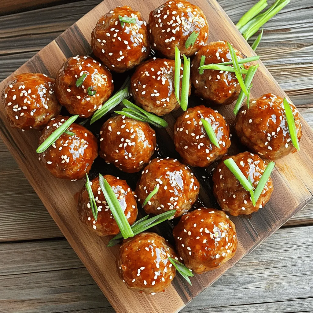 - 1 pound ground beef (or ground chicken) - 1/4 cup panko breadcrumbs - 1/4 cup green onions, finely chopped - 2 cloves garlic, minced - 1 tablespoon ginger, grated - 1/4 cup soy sauce - 2 tablespoons brown sugar - 1 tablespoon sesame oil - 1 tablespoon gochujang - 1 egg, beaten - Sesame seeds and extra green onions for garnish Each ingredient plays a key role in making these meatballs shine. The ground beef or chicken gives the meatballs their main protein source. Panko breadcrumbs add a nice crunch. Green onions add freshness and color. Garlic and ginger bring warmth and depth. Soy sauce gives a salty umami flavor. Brown sugar balances out the saltiness. Sesame oil adds a nutty taste. Gochujang brings heat and sweetness. The egg acts as a binder, helping the meatballs hold their shape. For the best results, I recommend using specific brands: - Ground Meat: Look for organic brands for better quality. - Panko Breadcrumbs: Kikkoman's panko is a great choice. - Soy Sauce: Use Kikkoman low-sodium soy sauce for flavor without excess salt. - Gochujang: Check out the brand Chung Jung One for authentic heat. - Sesame Oil: Kadoya sesame oil has a rich flavor that works well. You can find the full recipe for these Korean BBQ meatballs in my recipe archive. Begin by taking a large bowl. In this bowl, mix together the ground beef or chicken, panko breadcrumbs, chopped green onions, minced garlic, and grated ginger. Next, add the soy sauce, brown sugar, sesame oil, gochujang, and the beaten egg. Use your hands or a fork to combine the mixture. Be careful not to overmix. This keeps your meatballs tender and juicy. Before you start mixing, gather all your ingredients. Chop the green onions finely and mince the garlic. Grate the ginger for a warm flavor. Make sure to measure your soy sauce, brown sugar, and sesame oil. This helps to balance the flavors in your meatballs. Having everything ready makes cooking easier and more fun. Now, preheat your oven to 400°F (200°C). While the oven heats, shape the meat mixture into small meatballs, each about one inch wide. Place them on a baking sheet lined with parchment paper. This makes cleanup easy. Bake the meatballs in the preheated oven for 15 to 20 minutes. They should turn golden brown and reach an internal temperature of 160°F (71°C). For a nice glaze, brush them with a soy sauce and honey mix in the last five minutes. After baking, let them cool briefly, and then garnish with sesame seeds and more green onions. To make the best Korean BBQ meatballs, use fresh ingredients. This makes a huge difference. Ensure you do not overmix the meat. Overmixing makes them tough. Aim for a gentle mix until just combined. This keeps them soft and tender. One common mistake is using too much soy sauce. While it adds flavor, too much can make meatballs salty. Stick to the recipe's amount for a balanced taste. Another mistake is not preheating your oven. Baking them in an unheated oven can lead to uneven cooking. Always preheat to 400°F (200°C) for the best results. To get that true Korean BBQ flavor, use gochujang. It gives heat and depth. Adding sesame oil brings a nutty taste that pairs well with the beef. Don’t skip the brown sugar; it balances the savory notes. For extra flavor, brush the meatballs with a soy sauce and honey mix in the last five minutes. This adds a lovely glaze and enhances the flavor. For the full recipe, check out the instructions above! {{image_4}} You can switch the ground beef for other proteins. Ground chicken works well. Turkey is another great choice. For a richer taste, try pork. Each protein will give a unique flavor. Adjust cooking times as needed. To make a vegetarian option, use lentils or chickpeas. Mash them well and mix with breadcrumbs. For a vegan choice, skip the egg entirely. Use a flaxseed meal or chia seeds mixed with water instead. This helps bind the mixture together. Korean BBQ meatballs taste great with rice. Serve them on a bed of steamed white or brown rice. They also pair nicely with stir-fried veggies. For a fun twist, offer lettuce wraps for a fresh bite. Add a small bowl of gochujang for those who enjoy heat. You can even make sliders using small buns for a tasty treat. Check out the Full Recipe for more ideas! After your meal, let the meatballs cool. Place them in an airtight container. You can store them in the fridge for up to three days. If you want to keep them longer, freezing is a great option. To reheat your meatballs, use the oven or microwave. For the oven, preheat to 350°F (175°C). Place the meatballs on a baking sheet and warm for about 10-15 minutes. In the microwave, heat in short bursts of 30 seconds. Check if they are hot all the way through. To freeze meatballs, first, let them cool completely. Lay them on a baking sheet in a single layer. Freeze for one hour, then move them to a freezer bag. They can last up to three months in the freezer. When ready to use, simply thaw them overnight in the fridge before reheating. Try these steps to enjoy your Korean BBQ meatballs at any time! Don’t forget to check out the Full Recipe for more details. You can serve Korean BBQ meatballs with many tasty sides. Rice is a classic choice. It soaks up the sauce well. You can also add steamed vegetables for color and crunch. A fresh salad with sesame dressing pairs nicely, too. For fun, serve them with toothpicks for easy eating. You might want to include kimchi for a spicy kick. It adds a nice contrast to the sweet meatballs. Absolutely! You can switch up the sauces based on your taste. If you like sweet, try teriyaki sauce. For a tangy flavor, go with a sweet chili sauce. Soy sauce or hoisin sauce also work well. Just remember to balance the flavors. You can mix sauces to create something unique. Don’t be afraid to experiment and find your favorite! To change the spice level, you can adjust the gochujang. If you want it milder, use less or skip it. You can also add honey or brown sugar to balance the heat. For more spice, add extra gochujang or use red pepper flakes. Taste the mixture before cooking. This way, you can find the right spice level for you. - Full Recipe Reference: Korean BBQ Meatballs In this post, we covered how to make Korean BBQ meatballs. We explored the key ingredients, their roles, and top brands. The step-by-step instructions helped you prep, cook, and bake perfectly. We shared tips to avoid common mistakes and achieve great flavor. Variations allowed for different proteins or even vegan options. Finally, we discussed how to store and reheat leftovers. Enjoy experimenting with your own twists on this recipe!