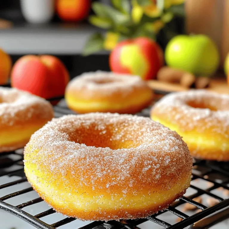 - 2 cups all-purpose flour - 1 cup apple cider - 1/2 cup granulated sugar - 1/4 cup brown sugar, packed - 2 teaspoons baking powder - 1 teaspoon baking soda - 1 teaspoon ground cinnamon - 1/2 teaspoon ground nutmeg - 1/2 teaspoon salt - 1 large egg - 1/4 cup unsalted butter, melted - 1 teaspoon vanilla extract - Cinnamon sugar for coating To get the best results, use a kitchen scale. This helps you measure ingredients accurately. For common substitutions, you can swap the all-purpose flour for whole wheat flour. This will add a nice nutty flavor. If you don't have apple cider, you can use apple juice instead. Just remember, this may change the taste a bit. When measuring brown sugar, pack it firmly into the cup to get the right amount. This adds more sweetness to your donuts. A teaspoon of baking powder can replace baking soda if you run out. Keep these tips in mind to make your donuts great! For the full recipe, you can check the details above. To start, pour 1 cup of apple cider into a medium saucepan. Heat it over medium heat. Once it boils, reduce the heat. Let it simmer for about 10 to 15 minutes. You want it to reduce to about 1/2 cup. This step makes the flavor stronger. After simmering, take it off the heat and let it cool. Next, grab a large mixing bowl. Add the dry ingredients: 2 cups of all-purpose flour, 1/2 cup of granulated sugar, 1/4 cup of brown sugar, 2 teaspoons of baking powder, 1 teaspoon of baking soda, 1 teaspoon of ground cinnamon, 1/2 teaspoon of ground nutmeg, and 1/2 teaspoon of salt. Use a whisk to mix well. Make sure there are no lumps. Proper whisking helps blend evenly and gives great texture. In a separate bowl, crack one large egg. Whisk it with 1/4 cup of melted unsalted butter, 1 teaspoon of vanilla extract, and the cooled apple cider. Mix until smooth. Then, pour this wet mixture into the bowl with the dry ingredients. Stir gently until just combined. Do not overmix! It's okay if there are a few lumps. Overworking the batter can make the donuts tough. Now, preheat your air fryer to 350°F (175°C). This usually takes about 5 minutes. While it heats, lightly grease your donut pan or silicone molds. Spoon the batter into the donut cavities. Fill each one about three-quarters full. This allows the donuts to rise properly. Place the pan in the air fryer. Cook for 6 to 8 minutes. They should have a light golden color and spring back when pressed. After cooking, carefully take out the donuts from the pan. Let them cool slightly on a wire rack. When they are warm but not hot, roll them in a mixture of cinnamon sugar. To make this, mix 1/4 cup of granulated sugar with 1 tablespoon of ground cinnamon. Ensure the donuts are well coated. Let them cool completely before serving. This will help them set perfectly! For more details, check out the Full Recipe. To get the best results, do not overcrowd the air fryer. If you stack or pack the donuts too tightly, they won’t cook properly. The hot air needs space to move around. For even cooking, place the donuts in a single layer. This way, they will brown nicely and cook through without any soggy spots. To make fluffy and moist donuts, follow a few secrets. First, do not overmix the batter. Stir until just combined. A few lumps are okay! Second, use fresh ingredients. Old baking powder and spices can make your donuts dense. Finally, let the donuts cool on a wire rack. This allows steam to escape, keeping them light and airy. For a great look, arrange the finished donuts on a nice platter. You can sprinkle extra cinnamon sugar on top for flair. Another idea is to drizzle a simple glaze made from powdered sugar and milk over them. This adds sweetness and makes your donuts shine. The more attractive they look, the more fun they will be to eat! Check out the Full Recipe for more details on how to make these delightful treats. {{image_4}} You can spice up your donuts with different flavors. Try adding chocolate or vanilla to the mix. For chocolate, use cocoa powder. Replace some flour with it. This adds a rich, sweet taste. For vanilla, add a teaspoon of pure vanilla extract. This gives your donuts a warm, sweet aroma. Coatings make a big difference. You can roll your donuts in powdered sugar or a glaze. To make a glaze, mix powdered sugar with milk. Drizzle this over the warm donuts. You can also dip them in melted chocolate. Each coating changes the flavor and look of your treats. You can switch things up with seasonal spices. Try adding pumpkin spice for a fall twist. You can also use different apple varieties. Honeycrisp apples give a sweet bite. Granny Smith apples add a tart flavor. These changes bring out new flavors in your donuts. For the full recipe, check out the [Full Recipe]. To keep your apple cider donuts fresh, place them in an airtight container. This helps seal in moisture and flavor. You can also line the container with paper towels. This absorbs extra moisture and keeps the donuts from getting soggy. Store them at room temperature for the best taste. To freeze your donuts, let them cool completely first. Wrap each donut in plastic wrap. Then, place them in a freezer-safe bag. Try to remove as much air as possible. When you want to enjoy them, simply take one out and let it thaw at room temperature. For a warm treat, pop it in the air fryer for a few minutes. At room temperature, your apple cider donuts last about 2-3 days. If you store them in the fridge, they can last up to a week. However, the fridge may change their texture, making them less soft. For the best taste, enjoy them fresh! Check the Full Recipe for more details on making these delicious treats. You can use apple juice or white grape juice. Both will add sweetness. For a tangy twist, try lemon juice mixed with water. Each choice will change the flavor a bit. Apple juice gives a sweeter taste. Lemon juice adds a zesty note. Yes, you can bake these donuts. Preheat your oven to 350°F (175°C). Bake for about 12-15 minutes. Check for a light golden color. You might need to adjust the cooking time. Using a donut pan helps shape them well. The donuts are done when they spring back when pressed. They should be light golden brown. A toothpick inserted should come out clean. If it has wet batter, cook for a few more minutes. Yes, whole wheat flour works well. It changes the flavor and texture. Your donuts will be denser and nuttier. They may need a bit more liquid too. Start with adding a tablespoon of cider. To avoid soggy donuts, cool them on a wire rack. This lets air circulate around them. Avoid stacking donuts until they are cool. You can also store them in a paper bag. This helps absorb moisture and keeps them fresh. For the full recipe, check out the Apple Cider Donuts in the Air Fryer. You now have a complete guide to making delicious apple cider donuts. We covered all the ingredients, from flour to spices, and detailed each step, including air frying and glazing techniques. Remember, it’s all about precision and care in every stage. You can also tweak the recipe with different flavors or presentations to make it your own. With these tips, you’ll bake fresh and tasty donuts to share. Enjoy your cooking!