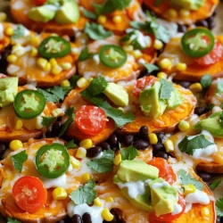 - 2 large sweet potatoes, sliced into thin rounds - 1 cup black beans, rinsed and drained - 1 cup corn kernels (fresh, frozen, or canned) - 1 cup cherry tomatoes, halved - 1 cup shredded cheddar cheese (or plant-based cheese alternative) - 1 ripe avocado, diced - 1 jalapeño, sliced (optional for extra heat) - Fresh cilantro, chopped (for garnish) - Sour cream or Greek yogurt (for drizzling or serving) Sweet potatoes are the star of this dish. They are sweet and creamy. Black beans add a nice protein boost. Corn brings a fresh crunch. Cherry tomatoes give a pop of color and flavor. Cheese melts beautifully over everything. You can use cheddar or a plant-based option. Avocado adds creaminess, while jalapeños offer heat if you like spice. Fresh cilantro brightens every bite. - 1 tablespoon olive oil - 1 teaspoon smoked paprika - 1 teaspoon garlic powder - 1 teaspoon cumin - Salt and black pepper to taste Seasonings make this dish stand out. Olive oil helps everything crisp up nicely. Smoked paprika adds a deep, smoky flavor. Garlic powder gives warmth, while cumin adds earthiness. Don't forget salt and pepper to enhance all the flavors. - Cheese alternatives - Additional garnishes If you want to skip cheese, try a nut-based option. You can also add extra garnishes like lime wedges or hot sauce. This helps you customize each plate. Feel free to mix and match based on your taste! For the full recipe, check out Loaded Sweet Potato Nachos. 1. Start by prepping the sweet potatoes. Wash them well under cold water. Then, slice them into thin rounds. Aim for even slices so they cook well. 2. In a large bowl, mix the sweet potato slices with olive oil, smoked paprika, garlic powder, cumin, salt, and black pepper. Toss them until every slice gets a good coating of flavor. 1. Preheat your oven to 425°F (220°C). This will give the sweet potatoes a nice roast. 2. Spread the seasoned sweet potato slices out on a baking sheet lined with parchment paper. Bake them for 20-25 minutes. Turn the slices halfway through to ensure they crisp up nicely. 3. Once they are baked, remove the sweet potatoes from the oven. Layer them in a single layer on an oven-safe dish or baking tray. 1. Sprinkle the black beans and corn over the sweet potato slices. Next, add the halved cherry tomatoes and a good amount of shredded cheese on top. 2. Place the dish back in the oven. Bake for another 5-7 minutes until the cheese melts and bubbles. 3. When done, take it out of the oven. Add diced avocado, jalapeño slices (if you want extra heat), and fresh cilantro for a burst of flavor. Enjoy this vibrant dish as a tasty snack or meal. For the complete recipe, check out the [Full Recipe]. To get crispy sweet potatoes, slice them thinly. Lay them flat on a baking sheet. Make sure they don’t touch each other. This helps them roast better. Use a good amount of olive oil to coat the slices. The oil helps with crispiness. For melting cheese, choose cheddar or Monterey Jack. They melt well and taste great. If you want a vegan option, try a plant-based cheese. Look for one that melts nicely. For a beautiful presentation, use a large wooden board. Layer the nachos so they look inviting. Add fresh cilantro and lime wedges around them. This adds color and flavor. Pair these nachos with a refreshing drink. A light beer or sparkling water works well. Want to make it vegetarian? Skip the meat and load up on veggies. You can also add beans for protein. If you want more protein, add cooked chicken or turkey. Shred the meat and sprinkle it on top. It adds flavor and makes the dish heartier. For the full recipe, check out the detailed instructions above. {{image_4}} For a spicy kick, try spicy loaded sweet potato nachos. Add diced jalapeños, or a dash of hot sauce. You can mix in chipotle powder for a smoky heat. This twist makes your nachos exciting and bold. Another fun idea is a Southwest-inspired version. Use black beans, corn, and salsa. Top with pepper jack cheese for a creamy finish. Fresh lime juice adds zest and brightness. You can enjoy low-calorie options with loaded sweet potato nachos. Swap cheese for a lighter choice like Greek yogurt. Use less oil when roasting sweet potatoes. This keeps the flavor while cutting calories. If you have dietary needs, substitute ingredients easily. Choose dairy-free cheese for a vegan option. Use quinoa instead of beans for more protein. These changes make the dish fit your lifestyle. Incorporate seasonal vegetables for fresh flavor. In summer, add grilled zucchini or bell peppers. In fall, consider roasted Brussels sprouts or butternut squash. These veggies enhance taste and nutrition. For holiday-inspired nacho ideas, think about festive toppings. Top with cranberry sauce for a unique twist. Add pumpkin spice seasoning for a seasonal flair. These ideas can make your nachos a holiday favorite. Explore the [Full Recipe] for more inspiration and ways to make these variations your own! To keep your loaded sweet potato nachos fresh, store them in an airtight container. Refrigerate them within two hours of making them. This helps prevent bacteria growth. When ready to eat, reheat them in the oven. Set the oven to 350°F (175°C) and heat for about 10-15 minutes. This keeps the sweet potatoes crispy and the cheese melty. Can you freeze loaded sweet potato nachos? Yes, but with some tips. First, it’s best to freeze only the sweet potatoes and toppings separately. This keeps the texture nice. Wrap them tightly in plastic wrap and then in foil. When you want to enjoy them, let them thaw overnight in the fridge. Reheat in the oven at 350°F (175°C) until hot. How long will leftovers last? In the fridge, they stay good for about 3-5 days. Look for signs of spoilage like off smells or mold. If you see these, it’s time to toss them. Enjoy your loaded sweet potato nachos fresh for the best taste! For the full recipe, check out the previous sections. Yes, you can prepare loaded sweet potato nachos ahead. Here are some tips: - Cook the sweet potatoes: Slice and roast them earlier. Store them in the fridge. - Layer ingredients: Keep toppings separate until ready to serve. - Reheat before serving: Bake them again to warm everything up and melt the cheese. This way, you save time and still enjoy a hot, tasty dish. If you don't have sweet potatoes, try these options: - Regular potatoes: Use russet or Yukon gold for a classic taste. - Butternut squash: This adds a sweet, nutty flavor. - Tortilla chips: For a crunchy twist, layer toppings over chips. Each choice brings its own flavor, so feel free to experiment. To add heat, consider these tips: - Jalapeños: Slice fresh jalapeños and add them on top. - Hot sauce: Drizzle your favorite hot sauce before serving. - Spicy cheese: Choose pepper jack cheese for added kick. These methods will boost the heat without masking the delicious flavors. Loaded sweet potato nachos combine tasty ingredients with simple steps. You can use sweet potatoes, black beans, and your favorite toppings. With helpful tips for cooking and serving, you'll impress anyone who tries them. Make these nachos unique with fun variations, from spicy flavors to seasonal twists. Always remember to store leftovers properly for later enjoyment. These nachos are not just a meal; they are a celebration of flavor and creativity. Enjoy making your version of loaded sweet potato nachos!