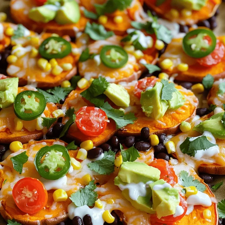 - 2 large sweet potatoes, sliced into thin rounds - 1 cup black beans, rinsed and drained - 1 cup corn kernels (fresh, frozen, or canned) - 1 cup cherry tomatoes, halved - 1 cup shredded cheddar cheese (or plant-based cheese alternative) - 1 ripe avocado, diced - 1 jalapeño, sliced (optional for extra heat) - Fresh cilantro, chopped (for garnish) - Sour cream or Greek yogurt (for drizzling or serving) Sweet potatoes are the star of this dish. They are sweet and creamy. Black beans add a nice protein boost. Corn brings a fresh crunch. Cherry tomatoes give a pop of color and flavor. Cheese melts beautifully over everything. You can use cheddar or a plant-based option. Avocado adds creaminess, while jalapeños offer heat if you like spice. Fresh cilantro brightens every bite. - 1 tablespoon olive oil - 1 teaspoon smoked paprika - 1 teaspoon garlic powder - 1 teaspoon cumin - Salt and black pepper to taste Seasonings make this dish stand out. Olive oil helps everything crisp up nicely. Smoked paprika adds a deep, smoky flavor. Garlic powder gives warmth, while cumin adds earthiness. Don't forget salt and pepper to enhance all the flavors. - Cheese alternatives - Additional garnishes If you want to skip cheese, try a nut-based option. You can also add extra garnishes like lime wedges or hot sauce. This helps you customize each plate. Feel free to mix and match based on your taste! For the full recipe, check out Loaded Sweet Potato Nachos. 1. Start by prepping the sweet potatoes. Wash them well under cold water. Then, slice them into thin rounds. Aim for even slices so they cook well. 2. In a large bowl, mix the sweet potato slices with olive oil, smoked paprika, garlic powder, cumin, salt, and black pepper. Toss them until every slice gets a good coating of flavor. 1. Preheat your oven to 425°F (220°C). This will give the sweet potatoes a nice roast. 2. Spread the seasoned sweet potato slices out on a baking sheet lined with parchment paper. Bake them for 20-25 minutes. Turn the slices halfway through to ensure they crisp up nicely. 3. Once they are baked, remove the sweet potatoes from the oven. Layer them in a single layer on an oven-safe dish or baking tray. 1. Sprinkle the black beans and corn over the sweet potato slices. Next, add the halved cherry tomatoes and a good amount of shredded cheese on top. 2. Place the dish back in the oven. Bake for another 5-7 minutes until the cheese melts and bubbles. 3. When done, take it out of the oven. Add diced avocado, jalapeño slices (if you want extra heat), and fresh cilantro for a burst of flavor. Enjoy this vibrant dish as a tasty snack or meal. For the complete recipe, check out the [Full Recipe]. To get crispy sweet potatoes, slice them thinly. Lay them flat on a baking sheet. Make sure they don’t touch each other. This helps them roast better. Use a good amount of olive oil to coat the slices. The oil helps with crispiness. For melting cheese, choose cheddar or Monterey Jack. They melt well and taste great. If you want a vegan option, try a plant-based cheese. Look for one that melts nicely. For a beautiful presentation, use a large wooden board. Layer the nachos so they look inviting. Add fresh cilantro and lime wedges around them. This adds color and flavor. Pair these nachos with a refreshing drink. A light beer or sparkling water works well. Want to make it vegetarian? Skip the meat and load up on veggies. You can also add beans for protein. If you want more protein, add cooked chicken or turkey. Shred the meat and sprinkle it on top. It adds flavor and makes the dish heartier. For the full recipe, check out the detailed instructions above. {{image_4}} For a spicy kick, try spicy loaded sweet potato nachos. Add diced jalapeños, or a dash of hot sauce. You can mix in chipotle powder for a smoky heat. This twist makes your nachos exciting and bold. Another fun idea is a Southwest-inspired version. Use black beans, corn, and salsa. Top with pepper jack cheese for a creamy finish. Fresh lime juice adds zest and brightness. You can enjoy low-calorie options with loaded sweet potato nachos. Swap cheese for a lighter choice like Greek yogurt. Use less oil when roasting sweet potatoes. This keeps the flavor while cutting calories. If you have dietary needs, substitute ingredients easily. Choose dairy-free cheese for a vegan option. Use quinoa instead of beans for more protein. These changes make the dish fit your lifestyle. Incorporate seasonal vegetables for fresh flavor. In summer, add grilled zucchini or bell peppers. In fall, consider roasted Brussels sprouts or butternut squash. These veggies enhance taste and nutrition. For holiday-inspired nacho ideas, think about festive toppings. Top with cranberry sauce for a unique twist. Add pumpkin spice seasoning for a seasonal flair. These ideas can make your nachos a holiday favorite. Explore the [Full Recipe] for more inspiration and ways to make these variations your own! To keep your loaded sweet potato nachos fresh, store them in an airtight container. Refrigerate them within two hours of making them. This helps prevent bacteria growth. When ready to eat, reheat them in the oven. Set the oven to 350°F (175°C) and heat for about 10-15 minutes. This keeps the sweet potatoes crispy and the cheese melty. Can you freeze loaded sweet potato nachos? Yes, but with some tips. First, it’s best to freeze only the sweet potatoes and toppings separately. This keeps the texture nice. Wrap them tightly in plastic wrap and then in foil. When you want to enjoy them, let them thaw overnight in the fridge. Reheat in the oven at 350°F (175°C) until hot. How long will leftovers last? In the fridge, they stay good for about 3-5 days. Look for signs of spoilage like off smells or mold. If you see these, it’s time to toss them. Enjoy your loaded sweet potato nachos fresh for the best taste! For the full recipe, check out the previous sections. Yes, you can prepare loaded sweet potato nachos ahead. Here are some tips: - Cook the sweet potatoes: Slice and roast them earlier. Store them in the fridge. - Layer ingredients: Keep toppings separate until ready to serve. - Reheat before serving: Bake them again to warm everything up and melt the cheese. This way, you save time and still enjoy a hot, tasty dish. If you don't have sweet potatoes, try these options: - Regular potatoes: Use russet or Yukon gold for a classic taste. - Butternut squash: This adds a sweet, nutty flavor. - Tortilla chips: For a crunchy twist, layer toppings over chips. Each choice brings its own flavor, so feel free to experiment. To add heat, consider these tips: - Jalapeños: Slice fresh jalapeños and add them on top. - Hot sauce: Drizzle your favorite hot sauce before serving. - Spicy cheese: Choose pepper jack cheese for added kick. These methods will boost the heat without masking the delicious flavors. Loaded sweet potato nachos combine tasty ingredients with simple steps. You can use sweet potatoes, black beans, and your favorite toppings. With helpful tips for cooking and serving, you'll impress anyone who tries them. Make these nachos unique with fun variations, from spicy flavors to seasonal twists. Always remember to store leftovers properly for later enjoyment. These nachos are not just a meal; they are a celebration of flavor and creativity. Enjoy making your version of loaded sweet potato nachos!