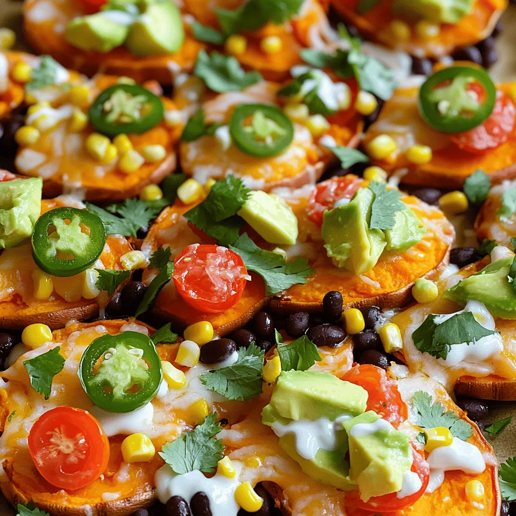 - 2 large sweet potatoes, sliced into thin rounds - 1 cup black beans, rinsed and drained - 1 cup corn kernels (fresh, frozen, or canned) - 1 cup cherry tomatoes, halved - 1 cup shredded cheddar cheese (or plant-based cheese alternative) - 1 ripe avocado, diced - 1 jalapeño, sliced (optional for extra heat) - Fresh cilantro, chopped (for garnish) - Sour cream or Greek yogurt (for drizzling or serving) Sweet potatoes are the star of this dish. They are sweet and creamy. Black beans add a nice protein boost. Corn brings a fresh crunch. Cherry tomatoes give a pop of color and flavor. Cheese melts beautifully over everything. You can use cheddar or a plant-based option. Avocado adds creaminess, while jalapeños offer heat if you like spice. Fresh cilantro brightens every bite. - 1 tablespoon olive oil - 1 teaspoon smoked paprika - 1 teaspoon garlic powder - 1 teaspoon cumin - Salt and black pepper to taste Seasonings make this dish stand out. Olive oil helps everything crisp up nicely. Smoked paprika adds a deep, smoky flavor. Garlic powder gives warmth, while cumin adds earthiness. Don't forget salt and pepper to enhance all the flavors. - Cheese alternatives - Additional garnishes If you want to skip cheese, try a nut-based option. You can also add extra garnishes like lime wedges or hot sauce. This helps you customize each plate. Feel free to mix and match based on your taste! For the full recipe, check out Loaded Sweet Potato Nachos. 1. Start by prepping the sweet potatoes. Wash them well under cold water. Then, slice them into thin rounds. Aim for even slices so they cook well. 2. In a large bowl, mix the sweet potato slices with olive oil, smoked paprika, garlic powder, cumin, salt, and black pepper. Toss them until every slice gets a good coating of flavor. 1. Preheat your oven to 425°F (220°C). This will give the sweet potatoes a nice roast. 2. Spread the seasoned sweet potato slices out on a baking sheet lined with parchment paper. Bake them for 20-25 minutes. Turn the slices halfway through to ensure they crisp up nicely. 3. Once they are baked, remove the sweet potatoes from the oven. Layer them in a single layer on an oven-safe dish or baking tray. 1. Sprinkle the black beans and corn over the sweet potato slices. Next, add the halved cherry tomatoes and a good amount of shredded cheese on top. 2. Place the dish back in the oven. Bake for another 5-7 minutes until the cheese melts and bubbles. 3. When done, take it out of the oven. Add diced avocado, jalapeño slices (if you want extra heat), and fresh cilantro for a burst of flavor. Enjoy this vibrant dish as a tasty snack or meal. For the complete recipe, check out the [Full Recipe]. To get crispy sweet potatoes, slice them thinly. Lay them flat on a baking sheet. Make sure they don’t touch each other. This helps them roast better. Use a good amount of olive oil to coat the slices. The oil helps with crispiness. For melting cheese, choose cheddar or Monterey Jack. They melt well and taste great. If you want a vegan option, try a plant-based cheese. Look for one that melts nicely. For a beautiful presentation, use a large wooden board. Layer the nachos so they look inviting. Add fresh cilantro and lime wedges around them. This adds color and flavor. Pair these nachos with a refreshing drink. A light beer or sparkling water works well. Want to make it vegetarian? Skip the meat and load up on veggies. You can also add beans for protein. If you want more protein, add cooked chicken or turkey. Shred the meat and sprinkle it on top. It adds flavor and makes the dish heartier. For the full recipe, check out the detailed instructions above. {{image_4}} For a spicy kick, try spicy loaded sweet potato nachos. Add diced jalapeños, or a dash of hot sauce. You can mix in chipotle powder for a smoky heat. This twist makes your nachos exciting and bold. Another fun idea is a Southwest-inspired version. Use black beans, corn, and salsa. Top with pepper jack cheese for a creamy finish. Fresh lime juice adds zest and brightness. You can enjoy low-calorie options with loaded sweet potato nachos. Swap cheese for a lighter choice like Greek yogurt. Use less oil when roasting sweet potatoes. This keeps the flavor while cutting calories. If you have dietary needs, substitute ingredients easily. Choose dairy-free cheese for a vegan option. Use quinoa instead of beans for more protein. These changes make the dish fit your lifestyle. Incorporate seasonal vegetables for fresh flavor. In summer, add grilled zucchini or bell peppers. In fall, consider roasted Brussels sprouts or butternut squash. These veggies enhance taste and nutrition. For holiday-inspired nacho ideas, think about festive toppings. Top with cranberry sauce for a unique twist. Add pumpkin spice seasoning for a seasonal flair. These ideas can make your nachos a holiday favorite. Explore the [Full Recipe] for more inspiration and ways to make these variations your own! To keep your loaded sweet potato nachos fresh, store them in an airtight container. Refrigerate them within two hours of making them. This helps prevent bacteria growth. When ready to eat, reheat them in the oven. Set the oven to 350°F (175°C) and heat for about 10-15 minutes. This keeps the sweet potatoes crispy and the cheese melty. Can you freeze loaded sweet potato nachos? Yes, but with some tips. First, it’s best to freeze only the sweet potatoes and toppings separately. This keeps the texture nice. Wrap them tightly in plastic wrap and then in foil. When you want to enjoy them, let them thaw overnight in the fridge. Reheat in the oven at 350°F (175°C) until hot. How long will leftovers last? In the fridge, they stay good for about 3-5 days. Look for signs of spoilage like off smells or mold. If you see these, it’s time to toss them. Enjoy your loaded sweet potato nachos fresh for the best taste! For the full recipe, check out the previous sections. Yes, you can prepare loaded sweet potato nachos ahead. Here are some tips: - Cook the sweet potatoes: Slice and roast them earlier. Store them in the fridge. - Layer ingredients: Keep toppings separate until ready to serve. - Reheat before serving: Bake them again to warm everything up and melt the cheese. This way, you save time and still enjoy a hot, tasty dish. If you don't have sweet potatoes, try these options: - Regular potatoes: Use russet or Yukon gold for a classic taste. - Butternut squash: This adds a sweet, nutty flavor. - Tortilla chips: For a crunchy twist, layer toppings over chips. Each choice brings its own flavor, so feel free to experiment. To add heat, consider these tips: - Jalapeños: Slice fresh jalapeños and add them on top. - Hot sauce: Drizzle your favorite hot sauce before serving. - Spicy cheese: Choose pepper jack cheese for added kick. These methods will boost the heat without masking the delicious flavors. Loaded sweet potato nachos combine tasty ingredients with simple steps. You can use sweet potatoes, black beans, and your favorite toppings. With helpful tips for cooking and serving, you'll impress anyone who tries them. Make these nachos unique with fun variations, from spicy flavors to seasonal twists. Always remember to store leftovers properly for later enjoyment. These nachos are not just a meal; they are a celebration of flavor and creativity. Enjoy making your version of loaded sweet potato nachos!