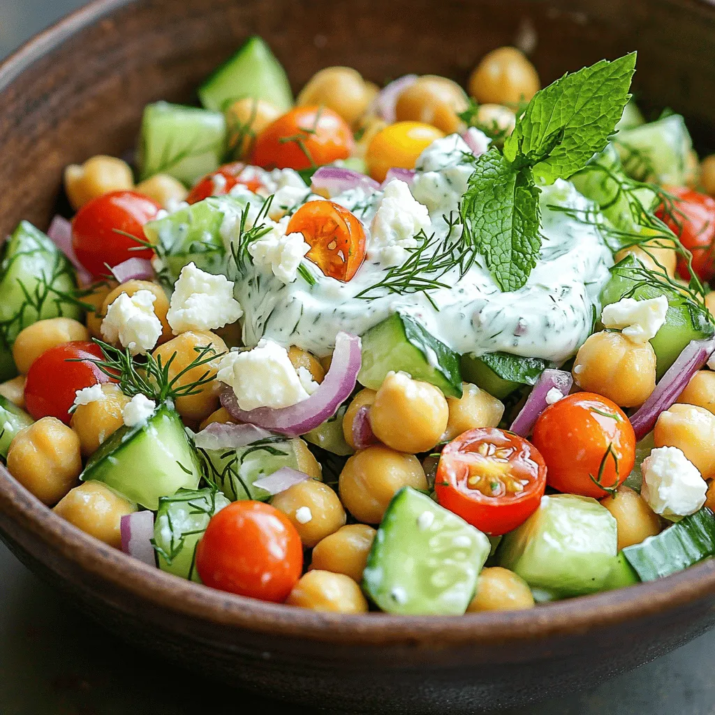 - Can chickpeas - Cucumbers - Cherry tomatoes - Red onion - Greek yogurt - Garlic - Fresh dill - Lemon juice - Olive oil - Salt and pepper - Feta cheese - Fresh mint leaves Tzatziki Chickpea Salad is full of fresh flavors. You start with a can of chickpeas. They give protein and a nice texture. Next, chop up cucumbers. They add crunch and coolness. Halved cherry tomatoes bring a burst of sweetness. A finely chopped red onion adds a bite. The creamy base comes from Greek yogurt. It makes the salad rich and smooth. Don’t forget the garlic! It gives depth and flavor to the dressing. For the dressing, you need fresh dill. It adds a herby taste. Lemon juice brightens the salad and gives a zesty kick. Olive oil adds richness. For seasoning, use salt and pepper to taste. You can add feta cheese for extra creaminess. Fresh mint leaves can also brighten this dish. These optional ingredients give a nice twist. This Tzatziki Chickpea Salad is easy to make. You can find the Full Recipe to guide you through the steps. Enjoy this fresh and tasty dish! - Combine 1 can of drained chickpeas, 1 cup of diced cucumbers, 1 cup of halved cherry tomatoes, and 1/2 of a finely chopped red onion in a large bowl. - Stir gently to avoid mashing the chickpeas. This keeps the salad light and fresh. - In a separate bowl, whisk together 1/2 cup of plain Greek yogurt, 1 clove of minced garlic, 2 tablespoons of chopped dill, 1 tablespoon of lemon juice, 1 tablespoon of olive oil, salt, and pepper. - Ensure a smooth texture. A well-mixed dressing adds creaminess to the salad. - Drizzle the tzatziki dressing over the vegetable mixture. - Toss gently with a spatula until all ingredients are coated. This step brings all the flavors together. - Taste the salad and adjust seasoning as needed. You can add more salt, pepper, or lemon juice. - If you like, garnish with crumbled feta cheese and fresh mint leaves for added flavor and color. - Cover the salad with plastic wrap or transfer it to an airtight container. - Refrigerate for at least 30 minutes. This chilling time helps the flavors meld beautifully. Enjoy the full recipe for all details! For a lovely bowl presentation, use a wide, shallow dish. Arrange the salad in the center, allowing the vibrant colors to pop. Garnish with extra dill and mint leaves for a touch of green. You can also drizzle a bit of olive oil on top for shine. Pair your salad with warm pita or crunchy veggies for a fresh and satisfying meal. The contrast of textures makes every bite enjoyable. To boost the flavor of your salad, try adding spices like cumin or smoked paprika. Fresh herbs like parsley or cilantro can also add a new twist. If you want more crunch, consider adding chopped bell peppers or radishes. For a creamy finish, sprinkle crumbled feta cheese on top. You can even add olives for a briny kick. When chopping vegetables, use a sharp knife for clean cuts. This helps maintain the shape and texture of each piece. For cucumbers, try a mandoline for even slices. If you want to make the salad ahead of time, prepare the veggie mix and dressing separately. Combine them just before serving to keep everything fresh. Letting the salad chill for at least 30 minutes allows the flavors to mix nicely. Follow the [Full Recipe] to ensure you don't miss any steps! {{image_4}} To make this salad vegan, swap Greek yogurt for a plant-based option. You can use cashew yogurt or coconut yogurt. Both options bring a similar creaminess. To enhance the flavor, add a splash of apple cider vinegar or a bit of nutritional yeast. These will give you a nice tang and depth. If you want to try different beans, black beans or white beans work great too. They add protein and texture. You can also mix in other veggies. Bell peppers, radishes, or even corn can add a crunch. Try mixing colors for a vibrant look. For summer, add juicy diced peaches or fresh corn. They bring sweetness and a nice crunch. In winter, consider roasted beets or carrots. These add warmth and earthiness. Fresh herbs also change with the seasons. In summer, use basil or cilantro. In winter, thyme or parsley work well. These herbs can brighten up your salad all year round. To keep your Tzatziki Chickpea Salad fresh, store it in an airtight container. This step helps prevent moisture loss and keeps flavors intact. The ideal temperature for storage is between 32°F and 40°F (0°C to 4°C). Under these conditions, the salad stays fresh for up to three days. After that, the ingredients may lose their crunch and flavor. Can you freeze the salad? I do not recommend freezing it. The cucumbers and tomatoes become mushy when thawed. If you need to store it long-term, consider freezing just the chickpeas and tzatziki dressing separately. Place them in airtight containers, and they can last for up to three months. To refresh leftovers, give the salad a good stir. This helps mix the flavors that may have settled. If the salad seems dry, add a splash of lemon juice or a drizzle of olive oil. If you have stale salad, try turning it into a wrap or a sandwich filling. It works wonderfully with pita or lavash bread. You can also add it to a grain bowl for extra flavor and texture. Tzatziki sauce has simple ingredients: - Greek yogurt - Cucumber - Garlic - Fresh dill - Lemon juice - Olive oil - Salt and pepper These ingredients come together to create a cool, creamy sauce. The yogurt gives it a rich taste, while the cucumber adds crunch. Garlic and dill bring in fresh flavors. You can store Tzatziki Chickpea Salad for about 3 days in the fridge. To keep it fresh, place it in an airtight container. After a few days, the flavors may change. The salad may lose some crunch, but it still tastes good. Yes, you can use canned chickpeas! Canned chickpeas save time. They are already cooked and ready to eat. Just drain and rinse them well before adding to the salad. This makes preparing the salad quick and easy. Yes, Tzatziki Chickpea Salad is gluten-free! The main ingredients, like chickpeas and veggies, do not have gluten. It’s a great option for anyone with gluten sensitivities or celiac disease. To add heat, try these ideas: - Add diced jalapeños or red pepper flakes - Mix in a bit of hot sauce - Use a spicier type of yogurt These options will give the salad a nice kick. Start with a little and taste as you go. Adjust until it’s just right for you. This blog post guides you through a tasty Tzatziki Chickpea Salad. You learned which ingredients to use, from chickpeas to fresh herbs and yogurt. I outlined step-by-step instructions for preparing and combining the salad. Tips and variations add fun ways to make this dish your own. Overall, this salad is not just delicious but also packs in healthy nutrients. Enjoy it now or save it for later. Happy cooking!