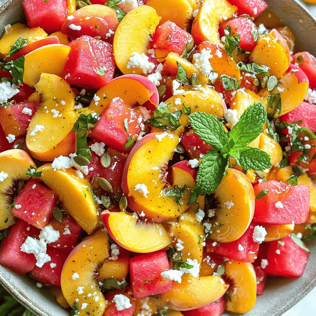 - Ripe peaches (2, thinly sliced) - Watermelon (3 cups, cubed) - Crumbled feta cheese (½ cup) - Fresh mint leaves (¼ cup, chopped) - Honey (1 tablespoon) - Fresh lime juice (2 tablespoons) - Salt and pepper to taste - Optional: Toasted pumpkin seeds (1 tablespoon) The key to a great Peach Watermelon Salad lies in its fresh fruits. You need ripe peaches and sweet watermelon. Choose peaches that smell sweet and feel soft to the touch. This ensures they are juicy and flavorful. For the watermelon, select a firm, heavy one. It should sound hollow when tapped. Next, crumbled feta cheese adds a creamy, salty touch. This cheese pairs well with sweet fruits. Fresh mint leaves bring a burst of freshness. Chop them finely for better flavor release. For the dressing, combine honey and fresh lime juice. This mix adds sweetness and tang. Adjust salt and pepper to your taste. If you want more crunch, add toasted pumpkin seeds. They give a nice texture contrast. For the full details and preparation, check the Full Recipe. - Combine sliced peaches and watermelon in a mixing bowl. - Gently stir to avoid mashing the fruit. First, slice the peaches and chop the watermelon into small pieces. Use a sharp knife for clean cuts. Fresh, ripe fruits make this salad pop with flavor. You want the sweetness of the peaches to blend well with the juicy watermelon. - Add crumbled feta cheese to the fruit mixture. - Ensure even distribution of cheese without mashing. Feta cheese adds a creamy contrast to the sweet fruits. Sprinkle it over the fruit mixture evenly. Use your fingers or a fork to break the cheese into small pieces. This way, every bite will have that lovely, salty flavor. - Whisk together honey and lime juice in a separate bowl. - Drizzle the dressing over the fruit and cheese mixture. In a small bowl, combine one tablespoon of honey with two tablespoons of lime juice. Mix well until smooth. The honey adds sweetness, while the lime gives a refreshing kick. Pour this dressing over the salad slowly, so all parts get coated. - Toss the salad gently to coat with dressing. - Season with salt and freshly cracked pepper. - Fold in mint leaves and top with pumpkin seeds. Now, use a spatula to toss the salad carefully. You want to mix everything without breaking the fruit. Adding salt and pepper enhances the flavors. Finally, fold in the mint leaves for a fresh taste. If you want some crunch, sprinkle toasted pumpkin seeds on top. This adds a nice texture to the salad. For the best flavor, let the salad chill in the fridge for about 15 minutes. This helps the flavors blend beautifully. Enjoy your Peach Watermelon Salad fresh and flavorful! For the complete recipe, check out the Full Recipe section. - Look for peaches with a fragrant aroma and a slight give when pressed. - Select watermelons that are heavy for their size and have a uniform shape. To pick the best peach, smell it first. A sweet scent means it's ripe and ready. Then, gently squeeze it. If it has a little give, it’s just right. For watermelon, check its weight. A heavy watermelon feels firm and should sound hollow when tapped. - Serve in a large bowl or individual cups. - Garnish with fresh mint and extra pumpkin seeds for visual appeal. You can make your salad shine with simple tricks. For a big gathering, a large bowl works well. For a more personal touch, use small individual cups. Add a sprig of mint on top. This adds color and fresh flavor. A sprinkle of pumpkin seeds gives a nice crunch and looks pretty. - Consider adding a splash of balsamic vinegar for extra depth. - Add sliced avocados for creaminess. Want to take your salad to the next level? A splash of balsamic vinegar adds a sweet and tangy kick. If you love creamy textures, sliced avocados fit perfectly in this dish. They add rich flavor and blend well with the fruits. For more ideas, check out the Full Recipe for extra tips! {{image_4}} Adding a twist to your Peach Watermelon Salad can make it even more exciting. Here are some fun ideas to try. - Consider adding blueberries or strawberries for added freshness. - Include a handful of arugula for a peppery twist. These fruits bring a burst of color and flavor. Blueberries add a sweet bite, while strawberries enhance the mix with their juicy texture. If you like greens, arugula gives a nice peppery kick that contrasts well with the sweetness of the peaches and watermelon. - Substitute honey with agave syrup for vegan options. - Try using orange juice instead of lime for a different flavor profile. If you want a vegan option, agave syrup works great in place of honey. It has a similar sweetness but is plant-based. For a refreshing twist, orange juice replaces lime juice. This adds a bright, citrusy note that pairs beautifully with the fruits. - Mix in chia seeds or flaxseeds for added fiber. - Add grilled chicken or shrimp for protein enhancement. Chia seeds or flaxseeds give your salad a fiber boost. They are small but pack a punch in nutrition. If you wish to add protein, grilled chicken or shrimp turns this salad into a hearty meal. Both options add a nice texture that balances the fruits' softness. These variations allow you to customize your salad based on your taste and dietary needs. For the full recipe, check out the details above. Store any leftovers in an airtight container in the refrigerator. This keeps the salad fresh. Best consumed within 1-2 days for optimal freshness. After that, the fruit may lose its texture. Freezing is not recommended due to texture changes in the fruits. If you must freeze, consider freezing the dressing separately. This helps maintain the salad's taste and quality. You can remix leftover salad with greens for a new dish. This adds a different look and taste. Another fun idea is to serve it as a topping for grilled meats or fish. It gives a fresh twist to your meal. It's best to use fresh peaches for texture and flavor, but if using canned, drain well. Fresh peaches bring juicy sweetness and a nice crunch. Canned peaches may be softer and less flavorful, altering the salad's taste. If you must use canned, select those without added sugar for a better balance. Choose a firmer variety and avoid overmixing once combined with other ingredients. Select watermelons that feel heavy for their size. A good watermelon has a hollow sound when tapped. Gentle mixing helps maintain fruit shape and texture, keeping your salad fresh and appealing. Try goat cheese or a dairy-free alternative for similar creaminess. Goat cheese has a tangy flavor that pairs well with fruits. If you prefer dairy-free, look for plant-based cheeses that mimic feta's texture. These options keep the salad creamy without losing flavor. Replace feta with a plant-based cheese or omit it entirely and add a sprinkle of nutritional yeast for flavor. Nutritional yeast adds a cheesy taste without dairy. You can also include avocado for creaminess and healthy fats. This way, you keep every bite delicious and satisfying. This blog post highlighted a fresh fruit salad that’s simple to make. You learned how to combine ripe peaches and watermelon with feta cheese and fresh mint. We covered an easy dressing with honey and lime juice to add flavor. You also discovered tips for selecting the best fruits and enhancing the dish. In conclusion, this salad brings summer flavors to any table. It's versatile, healthy, and always a crowd-pleaser. Enjoy experimenting with different fruits and dressings to make it your own. Your taste buds will thank you!