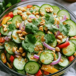 - 2 large cucumbers, thinly sliced - 1 cup roasted peanuts, coarsely chopped - 1 red bell pepper, diced into small pieces - 1 small red onion, sliced very thin - 1/4 cup fresh cilantro, finely chopped - 1 tablespoon sesame oil - 3 tablespoons low-sodium soy sauce - 1 tablespoon rice vinegar - 1 tablespoon honey or agave syrup - 1 teaspoon fresh ginger, grated - 1-2 teaspoons sriracha sauce (optional, adjust to preference for heat) - Salt and freshly ground black pepper to taste In this recipe, you will use fresh and vibrant ingredients. Each element plays a key role. The cucumbers give a cool crunch, while the peanuts add a great bite. The red bell pepper brightens the salad with color and flavor. The red onion brings a mild sharpness, balanced by fresh cilantro. For the dressing, sesame oil adds a nutty flavor. Low-sodium soy sauce gives a savory touch. Rice vinegar adds a tangy zing. Honey or agave syrup brings a hint of sweetness, and ginger gives a warm spice. Optionally, you can add sriracha for heat. Don’t forget to season with salt and black pepper for the perfect finish. You can find the full recipe with all the steps to make this delightful salad. To start, grab a large salad bowl. Place the thinly sliced cucumbers inside. Next, add the diced red bell pepper and the thinly sliced red onion. These veggies give the salad a bright and crunchy texture. Now, it’s time to add flavor. Sprinkle in the freshly chopped cilantro. This herb adds a fresh, zesty kick. Then, toss in the coarsely chopped roasted peanuts. They provide a lovely crunch and nutty taste. In a separate small bowl, whisk together the sesame oil and low-sodium soy sauce. This mixture forms a savory base. Next, add the rice vinegar, honey or agave syrup, and grated ginger. These ingredients create a sweet and tangy flavor. If you like spice, include sriracha sauce. Whisk until everything blends well. Pour the dressing over the salad ingredients in the big bowl. Gently toss everything together. Make sure all the ingredients are coated with the dressing. Let the salad rest for about 10 to 15 minutes. This step helps the flavors mix and deepen. Before serving, taste the salad. Adjust the seasoning with salt and freshly ground black pepper, if needed. For a refreshing touch, serve the salad in pre-chilled bowls. You can garnish each serving with extra chopped peanuts and cilantro for added color and texture. Enjoy this crunchy cucumber peanut salad! For the full recipe, check the earlier section. To make this salad even better, you can adjust the sriracha. If you like it hot, add more sriracha. If you prefer mild flavors, use less. Start with one teaspoon. Taste it and add more if needed. Heat can change how you enjoy the salad. Let the salad rest for about 10-15 minutes after mixing. This time allows the flavors to come together. The dressing soaks into the cucumbers and peanuts, making each bite tasty. You’ll notice a big difference when you let it rest. Serve your salad in chilled bowls. This keeps it fresh and crisp. The coolness of the bowl makes the salad even more enjoyable. For a beautiful touch, add extra chopped peanuts and fresh cilantro on top. This adds color and crunch. It makes the dish look appealing and fun to eat. {{image_4}} You can easily switch up the nuts in this salad. Instead of peanuts, try almonds or cashews. They bring a new taste and crunch. Seeds like sunflower or pumpkin seeds also work well. They add a nice bite and healthy fats. If you want more protein, think about adding grilled chicken or tofu. Both options make this salad heartier. Grilled chicken gives a savory flavor. Tofu adds a soft texture. Marinate tofu for extra taste before adding it to the salad. If you want to change the dressing, there are many options. You can use a peanut sauce for a rich flavor. A tahini dressing can also add creaminess. For a zesty touch, try a lemon vinaigrette. For those watching calories, use a low-calorie dressing made of yogurt. You can also mix olive oil with balsamic vinegar for a simple, tasty option. Vegan options are also easy to find. Just swap honey for maple syrup or agave nectar to keep it plant-based. For the full recipe, check out the Crunchy Cucumber Peanut Salad section above. To keep your Cucumber Peanut Salad fresh, store it in an airtight container. This helps lock in flavors and keeps it crunchy. I recommend using glass containers. They do not stain and are easy to clean. If you have leftovers, place a paper towel on top before sealing. This absorbs extra moisture and prevents sogginess. In the fridge, this salad stays fresh for about 2 to 3 days. After that, the cucumbers might become limp, and the peanuts can lose their crunch. Look for signs that the salad has gone bad. If it smells sour or has a slimy texture, it’s best to toss it out. Always trust your senses when checking food freshness. Enjoy the salad while it's still at its best! Yes, you can make this salad ahead of time. To do this, prepare the salad without the dressing. Store the cucumbers, peppers, onions, cilantro, and peanuts in a bowl. Keep the dressing separate in a jar. When you are ready to serve, mix the dressing with the salad. This method keeps your salad fresh and crunchy. Absolutely! Cucumber Peanut Salad is packed with nutrients. Cucumbers are low in calories and high in water. They help keep you hydrated. Peanuts provide healthy fats and protein, which are good for energy. Red bell peppers add vitamins A and C. Overall, this salad is a great choice for a healthy meal. You can pair this salad with many dishes. It goes well with grilled chicken or fish. You could also enjoy it with rice or quinoa. For a light meal, serve it with whole-grain bread. This salad adds a fresh touch to any meal. Yes, feel free to add more veggies! Carrots, radishes, or snap peas work great. You can also include shredded cabbage for extra crunch. Mixing different colors and textures makes the salad more fun. Get creative with your choice of veggies! This blog post detailed how to make a fresh cucumber peanut salad. You learned about key ingredients, step-by-step instructions, and handy tips for great flavor. The dressing and variations let you personalize the dish. Proper storage tips ensure your leftovers stay fresh. Overall, this salad is easy, healthy, and versatile. It suits many meals and occasions. I hope you feel inspired to try this recipe and add your special twist. Enjoy your cooking journey and gather friends around to taste your creation.