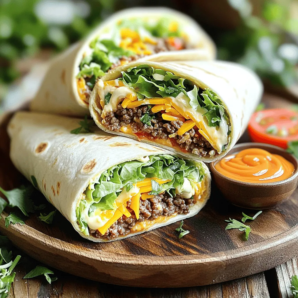 - 1 pound ground beef - 4 large flour tortillas - 1 cup shredded iceberg lettuce - 1 cup fresh tomatoes, diced - 1 cup sharp cheddar cheese, shredded - 1/2 cup dill pickles, sliced - 1/2 cup mayonnaise - 2 tablespoons ketchup - 1 tablespoon Dijon mustard - 1 tablespoon sweet pickle relish - Seasonings: 1 teaspoon onion powder, 1 teaspoon garlic powder, salt, black pepper To create these tasty Big Mac Wraps, you need fresh and simple ingredients. The ground beef is the star here. It gives the wraps their hearty flavor. You will need flour tortillas for easy wrapping. Shredded iceberg lettuce adds crunch, while fresh tomatoes provide juiciness. Sharp cheddar cheese adds creaminess and sharp flavor. Dill pickles give that classic Big Mac taste. For the special sauce, mix mayonnaise, ketchup, and Dijon mustard. Sweet pickle relish adds a fun twist. The seasonings really enhance the flavor. Onion powder and garlic powder give depth, while salt and black pepper balance the taste. Use this Full Recipe to get started on your fun cooking adventure! First, heat a skillet on medium. Add 1 pound of ground beef. Use a spatula to break it apart. Cook for about 5-7 minutes until it turns brown. Then, season with: - 1 teaspoon onion powder - 1 teaspoon garlic powder - Salt and freshly ground black pepper to taste Once the beef is cooked, take it off the heat. Set the skillet aside for now. In a small bowl, whisk together the following: - 1/2 cup mayonnaise - 2 tablespoons ketchup - 1 tablespoon Dijon mustard - 1 tablespoon sweet pickle relish Mix until it’s well blended. Let the sauce sit so the flavors can come together. Take a large flour tortilla and lay it flat. Spoon some of the cooked beef into the center. Now, layer on top: - 1 cup shredded iceberg lettuce - 1 cup fresh tomatoes, diced - 1 cup sharp cheddar cheese, shredded - 1/2 cup dill pickles, sliced Drizzle a tablespoon of the special sauce over the layers. This adds great flavor. Now, fold the sides of the tortilla in toward the center. Roll it up tightly from the bottom to enclose the filling. Repeat this process with the remaining tortillas and ingredients. For a crunchy twist, heat a non-stick skillet. Place each wrap in the skillet and toast for about 2 minutes on each side until golden brown. Enjoy your Big Mac Wraps with Special Sauce! To make the best Big Mac Wraps, you need to focus on texture. Toasting your wraps in a skillet gives them a nice crunch. Heat a non-stick skillet over medium heat. Place the wraps in for about two minutes on each side. This step makes a big difference! Using fresh ingredients also boosts flavor. Fresh lettuce, ripe tomatoes, and quality cheese add a lot. Choose the best you can find. They will make your wraps taste amazing. Cutting your wraps diagonally makes them look fancy. This simple step adds style to your meal. Arrange the halves on a platter for a great display. Garnishing with fresh herbs adds color and freshness. Try cilantro or parsley for a vibrant touch. It not only looks good but also enhances the taste. For the full recipe, check out the complete instructions above. {{image_4}} When making Big Mac wraps, you can mix things up. Here are some fun ideas to try. - Swap ground beef for turkey or plant-based alternatives. This change cuts fat and adds protein. - Use whole grain or low-carb tortillas. These options boost fiber and lower carbs. - Add sliced avocado or jalapeños for extra zest. These toppings bring creamy and spicy flavors. - Experiment with different cheeses like pepper jack. This cheese adds a nice kick and flavor twist. These variations let you create a wrap that suits your taste and health goals. For the full recipe, check out the complete guide. To keep your leftover wraps fresh, store them in an airtight container. This helps prevent them from drying out. Aim to eat them within 2-3 days for the best taste and texture. The flavors will still be good, but freshness is key. If you want to save wraps for later, wrap each one in plastic wrap. This helps keep them from getting freezer burn. Place the wrapped wraps in a freezer bag. When you're ready to eat, just thaw them overnight in the refrigerator. After thawing, you can reheat them in a skillet or microwave for a quick meal. Enjoy your Big Mac Wraps with Special Sauce anytime! For the Full Recipe, check back to enjoy this tasty dish. To make the sauce taste like McDonald's, use the right ingredients. Start with mayonnaise, ketchup, and sweet pickle relish. Add onion powder and garlic powder for more flavor. I like to use a bit of mustard for a nice kick. Mix it well and let it sit for a bit to blend the flavors. This makes it taste even better! You can make Big Mac Wraps ahead of time. Just prepare the beef and sauce as usual. Once the wraps are filled, you can wrap them tightly in foil or plastic wrap. Store them in the fridge for up to a day. When you’re ready to eat, reheat them in a skillet or microwave. They will still taste great! Big Mac Wraps pair well with many sides. You can serve them with crispy fries or fresh veggie sticks. A simple salad or coleslaw also works nicely. For dipping, try extra special sauce or ranch dressing. These sides will make your meal even more enjoyable! Yes, Big Mac Wraps are great for meal prep. You can make a batch at once and store them. Use an airtight container for the fridge. They stay fresh for about two to three days. If you want to freeze them, wrap each one in plastic. They’ll be ready to heat and enjoy later! You can find Big Mac Wraps at some fast food places. Check menus at local burger joints. Some restaurants may offer similar wraps. If you want the exact taste, making them at home is the best way. You can use the Full Recipe for a tasty and fun meal! Big Mac wraps combine simplicity and taste in a fun way. We covered the key ingredients, from beef to special sauce. You learned how to prepare and assemble wraps easily. Fresh ingredients and clever presentation enhance your dish. With variations and storage tips, you can enjoy this meal multiple ways. Embrace your creativity and make these wraps your own. Enjoy every bite and share with friends.