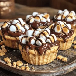 - 1 cup unsalted butter - 1 cup granulated sugar - 1 cup packed brown sugar - 2 large eggs - 2 teaspoons pure vanilla extract - ½ teaspoon fine sea salt - 2 ½ cups all-purpose flour - 1 teaspoon baking soda - 1 cup chocolate chips - 1 cup mini marshmallows - 1 sleeve graham crackers If you want to switch up chocolate chips, try using nuts or dried fruit. You can also use white chocolate for a fun twist. For gluten-free options, use almond flour or a gluten-free flour blend. If you need vegan substitutions, use coconut oil for butter and flax eggs instead of regular eggs. Using fresh ingredients makes a big difference in taste. Fresh butter adds rich flavor. If your butter is too cold, your cookie cups won’t be as soft. Room temperature butter combines well with sugar, making your dough light and fluffy. Fresh eggs help bind everything together and keep the texture just right. Always choose high-quality chocolate for the best experience. Better chocolate means better flavor! 1. Preheat your oven to 350°F (175°C). This ensures even baking and helps the cookie cups rise nicely. 2. Prepare a muffin tin by greasing it lightly or lining it with paper liners. This helps with easy removal after baking. 1. In a large mixing bowl, combine the softened butter, granulated sugar, and packed brown sugar. Beat them together with an electric mixer for 2-3 minutes until light and fluffy. 2. Add the eggs one at a time, mixing well after each addition. Stir in the vanilla extract and add the fine sea salt. Mix for another 30 seconds to combine everything well. 3. In another bowl, whisk together the sifted all-purpose flour and baking soda. Gradually add this mixture to the wet ingredients, mixing just until combined. A few lumps are okay; don’t overmix. 4. Gently fold in the chocolate chips and crushed graham crackers using a spatula. Make sure these ingredients are evenly mixed throughout the dough. 1. Using a tablespoon or cookie scoop, take portions of the dough. Press them into the bottom and sides of each muffin cup. This forms your cookie cup shape. 2. Place the muffin tin in the preheated oven and bake for 10-12 minutes. Look for lightly golden edges and puffy tops for perfect texture. 3. Carefully remove the muffin tin from the oven. While warm, top each cookie cup with a few mini marshmallows, pressing them down gently. 4. Return the muffin tin to the oven for an extra 2-3 minutes. This allows the marshmallows to puff up and toast nicely. 5. Let the S’mores Cookie Cups cool in the tin for about 10 minutes before moving them to a cooling rack to cool completely. To make the best S’mores Cookie Cups, you should avoid overmixing the dough. When you mix too much, the cookies can become tough. Mix just until combined. A few lumps in the dough are okay! Folding in ingredients takes care. Use a spatula to gently fold in the chocolate chips and graham crackers. This keeps the dough light and fluffy. You want to preserve that soft texture. Using an oven thermometer is key. Sometimes, your oven may run hot or cold. A thermometer helps you know if it’s at the right temperature. This ensures your cookie cups bake evenly. Place your muffin tin in the center of the oven. This position helps the heat circulate around the cups. It helps them rise and bake evenly, giving you that perfect, golden edge. Adding spices can take your cookie cups to the next level. A pinch of cinnamon or a dash of nutmeg can enhance the flavor. You can also use flavored extracts to give your cookie cups a fun twist. For a lovely finish, try a chocolate drizzle. Melt some chocolate and drizzle it over the tops. This adds a sweet touch and makes your cookie cups look fancy. It’s a simple way to impress your friends and family. For the Full Recipe, check the instructions above. Enjoy your tasty treat! {{image_4}} For S’mores Cookie Cups, you can switch up the chocolate. Use dark, milk, or even white chocolate. Each type gives a unique taste. You might also try adding nuts, like chopped walnuts or pecans. They add a nice crunch. Dried fruits, like cherries or raisins, can bring more flavor too. Consider making seasonal S’mores Cookie Cups. For the holidays, try adding peppermint. It gives a fresh twist that tastes like winter. In summer, you can add coconut for a tropical vibe. This change makes them feel light and fun, perfect for warm days. To make these cookie cups stand out, try drizzling melted chocolate on top. This looks fancy and tastes amazing. You can also sprinkle extra crushed graham crackers over them. It adds texture and a nice touch. Serve them on a pretty platter with whole graham crackers as a side. This makes a great display for parties or family gatherings. Store your S’mores Cookie Cups at room temperature. Keep them in an airtight container. This helps maintain the soft texture. Avoid refrigerating them, as cold can make them hard. When kept at room temperature, these cookie cups last about 3 days. For longer storage, freeze them. In the freezer, they can last up to 2 months. Make sure to wrap them well before freezing. To refresh your cookie cups, warm them in the oven. Set your oven to 350°F (175°C). Place them on a baking sheet for about 5 minutes. This method keeps the marshmallows fluffy. Avoid the microwave, as it can make them chewy. Enjoy your treat warm and gooey! You will see a few signs when the cookie cups are ready. The edges should turn a light golden brown. The top will look puffy and soft. If you press gently, they should spring back. If they feel too soft, give them a minute or two more. Keep an eye on them to avoid overbaking. Yes, you can make the dough ahead of time! Just prepare it and wrap it tightly in plastic wrap. Store it in the fridge for up to two days. When you are ready to bake, let it sit at room temperature for about 15 minutes before shaping. This makes it easier to work with. If you lack a muffin tin, don’t worry! You can use ramekins or small oven-safe cups. You can also shape the dough into freeform cookies on a baking sheet. Just remember to space them out well to allow for spreading. Adjust the baking time as needed. You can find the Full Recipe for S’mores Cookie Cups by following this link. It has all the detailed instructions you need to create these tasty treats! In this blog post, we explored how to make S’mores Cookie Cups. We covered essential ingredients, including delicious alternatives and the importance of quality. I shared step-by-step instructions and tips for perfecting your cookie cups. Variations offered fun twists for every season. Remember to store them properly and try reheating for extra gooeyness. Great treats start with a solid recipe, so grab your ingredients and get baking! Enjoy every bite of your creation!