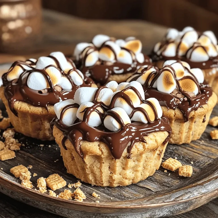 - 1 cup unsalted butter - 1 cup granulated sugar - 1 cup packed brown sugar - 2 large eggs - 2 teaspoons pure vanilla extract - ½ teaspoon fine sea salt - 2 ½ cups all-purpose flour - 1 teaspoon baking soda - 1 cup chocolate chips - 1 cup mini marshmallows - 1 sleeve graham crackers If you want to switch up chocolate chips, try using nuts or dried fruit. You can also use white chocolate for a fun twist. For gluten-free options, use almond flour or a gluten-free flour blend. If you need vegan substitutions, use coconut oil for butter and flax eggs instead of regular eggs. Using fresh ingredients makes a big difference in taste. Fresh butter adds rich flavor. If your butter is too cold, your cookie cups won’t be as soft. Room temperature butter combines well with sugar, making your dough light and fluffy. Fresh eggs help bind everything together and keep the texture just right. Always choose high-quality chocolate for the best experience. Better chocolate means better flavor! 1. Preheat your oven to 350°F (175°C). This ensures even baking and helps the cookie cups rise nicely. 2. Prepare a muffin tin by greasing it lightly or lining it with paper liners. This helps with easy removal after baking. 1. In a large mixing bowl, combine the softened butter, granulated sugar, and packed brown sugar. Beat them together with an electric mixer for 2-3 minutes until light and fluffy. 2. Add the eggs one at a time, mixing well after each addition. Stir in the vanilla extract and add the fine sea salt. Mix for another 30 seconds to combine everything well. 3. In another bowl, whisk together the sifted all-purpose flour and baking soda. Gradually add this mixture to the wet ingredients, mixing just until combined. A few lumps are okay; don’t overmix. 4. Gently fold in the chocolate chips and crushed graham crackers using a spatula. Make sure these ingredients are evenly mixed throughout the dough. 1. Using a tablespoon or cookie scoop, take portions of the dough. Press them into the bottom and sides of each muffin cup. This forms your cookie cup shape. 2. Place the muffin tin in the preheated oven and bake for 10-12 minutes. Look for lightly golden edges and puffy tops for perfect texture. 3. Carefully remove the muffin tin from the oven. While warm, top each cookie cup with a few mini marshmallows, pressing them down gently. 4. Return the muffin tin to the oven for an extra 2-3 minutes. This allows the marshmallows to puff up and toast nicely. 5. Let the S’mores Cookie Cups cool in the tin for about 10 minutes before moving them to a cooling rack to cool completely. To make the best S’mores Cookie Cups, you should avoid overmixing the dough. When you mix too much, the cookies can become tough. Mix just until combined. A few lumps in the dough are okay! Folding in ingredients takes care. Use a spatula to gently fold in the chocolate chips and graham crackers. This keeps the dough light and fluffy. You want to preserve that soft texture. Using an oven thermometer is key. Sometimes, your oven may run hot or cold. A thermometer helps you know if it’s at the right temperature. This ensures your cookie cups bake evenly. Place your muffin tin in the center of the oven. This position helps the heat circulate around the cups. It helps them rise and bake evenly, giving you that perfect, golden edge. Adding spices can take your cookie cups to the next level. A pinch of cinnamon or a dash of nutmeg can enhance the flavor. You can also use flavored extracts to give your cookie cups a fun twist. For a lovely finish, try a chocolate drizzle. Melt some chocolate and drizzle it over the tops. This adds a sweet touch and makes your cookie cups look fancy. It’s a simple way to impress your friends and family. For the Full Recipe, check the instructions above. Enjoy your tasty treat! {{image_4}} For S’mores Cookie Cups, you can switch up the chocolate. Use dark, milk, or even white chocolate. Each type gives a unique taste. You might also try adding nuts, like chopped walnuts or pecans. They add a nice crunch. Dried fruits, like cherries or raisins, can bring more flavor too. Consider making seasonal S’mores Cookie Cups. For the holidays, try adding peppermint. It gives a fresh twist that tastes like winter. In summer, you can add coconut for a tropical vibe. This change makes them feel light and fun, perfect for warm days. To make these cookie cups stand out, try drizzling melted chocolate on top. This looks fancy and tastes amazing. You can also sprinkle extra crushed graham crackers over them. It adds texture and a nice touch. Serve them on a pretty platter with whole graham crackers as a side. This makes a great display for parties or family gatherings. Store your S’mores Cookie Cups at room temperature. Keep them in an airtight container. This helps maintain the soft texture. Avoid refrigerating them, as cold can make them hard. When kept at room temperature, these cookie cups last about 3 days. For longer storage, freeze them. In the freezer, they can last up to 2 months. Make sure to wrap them well before freezing. To refresh your cookie cups, warm them in the oven. Set your oven to 350°F (175°C). Place them on a baking sheet for about 5 minutes. This method keeps the marshmallows fluffy. Avoid the microwave, as it can make them chewy. Enjoy your treat warm and gooey! You will see a few signs when the cookie cups are ready. The edges should turn a light golden brown. The top will look puffy and soft. If you press gently, they should spring back. If they feel too soft, give them a minute or two more. Keep an eye on them to avoid overbaking. Yes, you can make the dough ahead of time! Just prepare it and wrap it tightly in plastic wrap. Store it in the fridge for up to two days. When you are ready to bake, let it sit at room temperature for about 15 minutes before shaping. This makes it easier to work with. If you lack a muffin tin, don’t worry! You can use ramekins or small oven-safe cups. You can also shape the dough into freeform cookies on a baking sheet. Just remember to space them out well to allow for spreading. Adjust the baking time as needed. You can find the Full Recipe for S’mores Cookie Cups by following this link. It has all the detailed instructions you need to create these tasty treats! In this blog post, we explored how to make S’mores Cookie Cups. We covered essential ingredients, including delicious alternatives and the importance of quality. I shared step-by-step instructions and tips for perfecting your cookie cups. Variations offered fun twists for every season. Remember to store them properly and try reheating for extra gooeyness. Great treats start with a solid recipe, so grab your ingredients and get baking! Enjoy every bite of your creation!