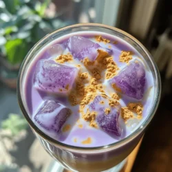 A taro latte is a creamy drink made from taro root. This drink has gained popularity in many cafes. It features a beautiful purple hue and a sweet, nutty flavor. You can enjoy it hot or iced, depending on your mood. The main ingredients are taro root, milk, and sweeteners. This treat is perfect for anyone who loves unique flavors. The flavor of a taro latte is smooth and slightly sweet. It combines the earthiness of taro with the creaminess of milk. You can choose any milk you like, such as almond or oat. Here are the key ingredients you need: - 1 cup taro root, peeled and diced - 2 cups water - 1 cup milk (choose between dairy or non-dairy options) - 2-3 tablespoons sugar or sweetener (adjust based on your sweetness preference) - 1/2 teaspoon vanilla extract - A pinch of salt - Ice cubes (optional, for serving an iced version) - Taro powder for garnish (optional, for added visual appeal) These ingredients create a delightful balance of flavors. The vanilla adds warmth, while the sugar enhances the sweetness. Taro is not just tasty; it is also good for you! It’s rich in fiber, which helps with digestion. Eating taro can boost your energy, too. It has vitamins and minerals that support your immune system. Plus, it is low in fat, making it a smart choice for snacks or drinks. Enjoying a taro latte gives you a delicious treat with health benefits. If you want to try making it yourself, check out the Full Recipe. To make a tasty taro latte, you need a few simple ingredients: - 1 cup taro root, peeled and diced - 2 cups water - 1 cup milk (dairy or non-dairy) - 2-3 tablespoons sugar or sweetener - 1/2 teaspoon vanilla extract - A pinch of salt - Ice cubes (optional) - Taro powder for garnish (optional) You can choose milk based on your taste or dietary needs. Here are some great options: - Whole milk adds creaminess. - Almond milk gives a nutty flavor. - Oat milk is very smooth. - Coconut milk brings a tropical twist. - Soy milk is a popular choice. Sweetness makes your taro latte delightful. You can use: - White sugar for a classic taste. - Brown sugar for a deeper flavor. - Honey for a natural sweet option. - Maple syrup for unique sweetness. - Stevia for a low-calorie choice. Feel free to adjust sweetness based on your liking. For the complete recipe, check out the Full Recipe. Start by peeling and dicing the taro root. Cut it into small pieces. This helps it cook faster. Place the diced taro in a pot. Add 2 cups of water to cover the taro completely. Bring the water to a boil over medium heat. Once it boils, lower the heat to simmer. Let it cook for 15-20 minutes. Check if the taro is tender by piercing it with a fork. If it goes in easily, it’s done! After cooking, drain the water from the taro. Move the soft taro to a blender. Add 1 cup of milk, 2-3 tablespoons of sugar, 1/2 teaspoon of vanilla extract, and a pinch of salt. Blend everything until it is smooth and creamy. If you want a warm latte, pour the mixture back into the pot. Heat it gently while stirring. For an iced version, fill a glass with ice and pour the blended mixture over it. To finish, sprinkle some taro powder on top for garnish. This adds a nice touch and flavor. Now, you can enjoy your tasty taro latte! For the full recipe, check the provided link. {{image_4}} To get the best texture for your taro latte, blend well. After cooking, make sure to blend the taro until smooth. If your mixture seems too thick, add a bit more milk. This will help create a creamy drink that feels great in your mouth. Remember, the smoother the blend, the better your drink! Finding the right sweetness is key. Start with 2 tablespoons of sugar. Taste the latte, and if you want it sweeter, add more sugar one teaspoon at a time. You can also use honey or a sugar substitute. Just remember to mix well after each addition to see how much you like it. You can enjoy your taro latte hot or iced. If you like it warm, heat the blended mixture gently on the stove. Stir it often to keep it creamy. For an iced version, pour the latte over ice cubes in a tall glass. This will make a refreshing drink, perfect for warm days. Each way gives a different vibe to your treat! For more details, check out the Full Recipe. You can turn your taro latte into a fun taro milk tea. Start with the same base of cooked taro and milk. After blending, steep some strong black tea. Combine the taro mixture with the tea for a creamy, sweet drink. This adds a nice caffeine boost. Just mix it well and serve it over ice for a refreshing treat. If you want a vegan version, simply swap the milk for a plant-based option. Almond, oat, or coconut milk work great. They add their own taste to the latte. Use a natural sweetener like agave syrup instead of regular sugar. This way, you keep it creamy and delicious without any dairy. You can also play with flavors to make your taro latte special. Adding matcha gives it a bright green color and earthy taste. Just mix in a teaspoon of matcha powder when blending. For a chocolate twist, add cocoa powder for a rich, sweet flavor. These fun additions make your drink unique and exciting. Try different combinations to find your favorite! For more details, check the Full Recipe. You can make a tasty taro latte at home easily. First, gather the ingredients. You need taro root, water, milk, sugar, vanilla, and salt. Follow the steps in the Full Recipe above. Start by boiling the taro until it’s soft. Then, blend it with milk and other ingredients. You can serve it warm or cold. Enjoy your homemade treat! You can buy taro powder in many places. Look in local Asian markets or grocery stores. Online stores also sell it, making it easy to find. Check for brands that have good reviews. Taro powder adds great flavor and color to your drinks! Yes, you can use frozen taro. Frozen taro is a good option if fresh taro is hard to find. Just thaw it before cooking. Follow the same cooking steps as fresh taro. You will still get the creamy taste and lovely color for your latte! A Taro Latte blends unique flavors and health perks. We explored its ingredients, cooking steps, and how to customize your drink perfectly. You can create a tasty latte hot or iced, vegan or with milk. Remember, experimenting with sweetness makes a big difference in flavor. Taro lattes not only taste great but also provide health benefits. Now, it's time to enjoy your own homemade Taro Latte, a delicious drink you can share with friends.