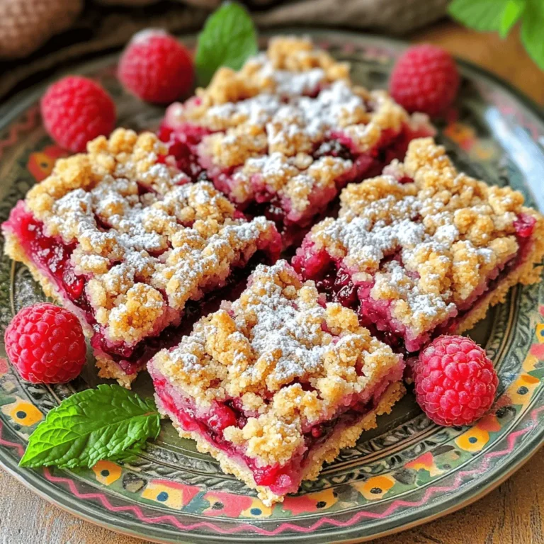 - 1 cup all-purpose flour - 1 cup rolled oats - 1/2 cup brown sugar, packed - 1/2 teaspoon baking powder - 1/4 teaspoon salt - 1/2 cup unsalted butter, melted and slightly cooled - 1 cup fresh raspberries (or frozen, thawed and drained) - 2 tablespoons honey or maple syrup (to taste) - 1 tablespoon fresh lemon juice - 1 teaspoon pure vanilla extract - 1/2 teaspoon ground cinnamon (optional) To make Raspberry Crumble Bars, you need simple, fresh ingredients. The flour and oats create a hearty base. Brown sugar adds a rich sweetness. Baking powder helps the bars rise slightly. Salt balances the flavors. The melted butter binds everything together, making a crumbly texture. Fresh raspberries bring tartness and color. Honey or maple syrup sweetens the fruit mixture. Lemon juice brightens the overall flavor, while vanilla adds depth. If you want to switch things up, consider using gluten-free flour. For a vegan option, swap unsalted butter with a vegan butter alternative. You can also try different sweeteners, like agave syrup or sugar substitutes. This flexibility lets you customize the bars to suit your taste. For the full recipe, check out the details above. - Gluten-free flour options: Brown rice flour, almond flour, or a gluten-free blend. - Vegan butter alternatives: Coconut oil, olive oil, or vegan margarine. - Sweetener variations: Agave nectar, coconut sugar, or stevia. These substitutions help you enjoy Raspberry Crumble Bars no matter your diet. They keep the essence of the recipe while allowing for personal preferences. Start by preheating your oven to 350°F (175°C). This temperature helps the bars bake evenly. Next, prepare your 8x8 inch baking pan. You can grease it lightly or line it with parchment paper. Lining the pan makes it easy to lift out the bars later. In a medium bowl, combine these dry ingredients: - 1 cup all-purpose flour - 1 cup rolled oats - 1/2 cup brown sugar, packed - 1/2 teaspoon baking powder - 1/4 teaspoon salt Whisk them together until they mix well. Then, pour in 1/2 cup melted unsalted butter. Stir with a spatula or a fork until the mixture looks like coarse crumbs. Set aside about 1/2 cup of this crumb mixture for later. In another bowl, mix 1 cup of fresh raspberries with: - 2 tablespoons honey or maple syrup (adjust to taste) - 1 tablespoon fresh lemon juice - 1 teaspoon pure vanilla extract - 1/2 teaspoon ground cinnamon (optional) Gently fold the raspberries into this mixture. Be careful not to mash them too much, as you want some whole berries. Take the remaining crumb mixture and press it firmly into the bottom of your prepared pan. This creates a solid base. Then, spread the raspberry mixture over the crust evenly. Finally, scatter the reserved crumb mixture on top to form a nice topping. Bake your bars in the preheated oven for 30-35 minutes. You will know they are done when the top turns a rich golden brown and the filling bubbles slightly. Let the bars cool in the pan for at least 10 minutes before lifting them out using the parchment paper. Allow them to cool completely on a wire rack before slicing into squares. For the full recipe, click here! To get the right texture, do not overmix the crumb mixture. Mix until it looks like coarse crumbs. For a blend that is crumbly yet holds together, keep the butter cool. If the butter is too hot, it can melt the crumbs. Let the bars cool in the pan for at least 10 minutes after baking. This step helps form a firmer base. After that, lift them out using parchment paper. Allow them to cool completely on a wire rack. This makes slicing easier and helps keep the layers intact. To make your Raspberry Crumble Bars look pretty, place them on a nice plate. A light dusting of powdered sugar adds a sweet touch. You can also add fresh raspberries or mint leaves for color. Pair your bars with a warm cup of tea or coffee. The tartness of the raspberries goes well with these drinks. This makes a perfect afternoon snack or dessert. One common mistake is overmixing the batter. This can make the bars tough. Mix just until combined for the best texture. Another mistake is slicing the bars too soon. If you cut them while they are warm, they may fall apart. Always let them cool completely to ensure nice, clean cuts. {{image_4}} You can switch up the fruit in your Raspberry Crumble Bars. Try using blueberries or strawberries instead of raspberries. Each fruit adds a unique taste. Blueberries give a sweet burst, while strawberries offer a light tartness. You can also add nuts or chocolate chips. Walnuts and almonds give a nice crunch. If you love chocolate, sprinkle in some chocolate chips for a rich flavor. For a gluten-free version, use gluten-free flour. It works well and keeps the bars tasty. You can also make low-sugar options. Swap out honey or maple syrup for a sugar substitute. This way, you can enjoy the bars without too much sugar. Change your recipe based on what fruits are in season. Use fresh peaches in summer or apples in fall. You can also add holiday-themed spices, like nutmeg or ginger, during winter. This makes the bars festive and fun. Adjusting your recipe lets you enjoy Raspberry Crumble Bars year-round. Check out the Full Recipe to explore all these variations! To keep your Raspberry Crumble Bars fresh, store them in the fridge. This helps them stay moist and tasty. Place the bars in an airtight container. If you don't have one, wrap them tightly in plastic wrap. Make sure they are cool before sealing. This keeps moisture in but prevents them from getting mushy. If you want to save your bars for later, freezing is a great option. First, slice the bars into squares. Wrap each square in plastic wrap. Then, place them in a freezer bag or airtight container. Label the bag with the date. You can freeze them for up to three months. When you're ready to eat them, take out a bar and let it thaw in the fridge. This keeps the flavor strong. You can also set it on the counter for quicker thawing. Enjoy your bars at room temperature for the best taste! You can check if your Raspberry Crumble Bars are done by looking for a few signs. First, the top should turn a rich golden brown. Second, you should see the filling bubbling slightly. Lastly, if you gently press the top, it should feel firm, not soft. If you see these signs, your bars are ready! Yes, you can use frozen raspberries! Just make sure to thaw and drain them first. This helps reduce extra moisture. You may want to add a bit more honey or maple syrup. This extra sweetness balances the tartness of frozen berries. Keep an eye on baking time, as frozen berries can add moisture to your mix. You can store your Raspberry Crumble Bars for about four to five days. Keep them in an airtight container at room temperature. If you want to store them longer, move them to the fridge. They can last up to a week when chilled. If you freeze them, they can stay good for up to three months! Absolutely! You can make these bars a day or two in advance. Just let them cool completely before storing. Wrap them tightly or place them in a container. This helps keep them fresh. When you're ready to serve, slice and enjoy. You can even warm them slightly in the oven for that fresh-baked taste. Raspberry Crumble Bars pair great with many treats! Serve them with a scoop of vanilla ice cream for a classic touch. You can also enjoy them with a dollop of whipped cream. A cup of tea or coffee makes a lovely drink to go with your bars. For a bright finish, add fresh mint leaves or a dusting of powdered sugar on top. In this post, we explored how to make delicious Raspberry Crumble Bars. We detailed the ingredients needed, offered substitutes, and provided step-by-step instructions. I shared tips for perfecting texture and suggested fun variations. With these insights, you can create tasty bars for any occasion. Remember that experimenting with flavors can lead to fun and unique treats. Enjoy baking, and share your creations with friends and family!