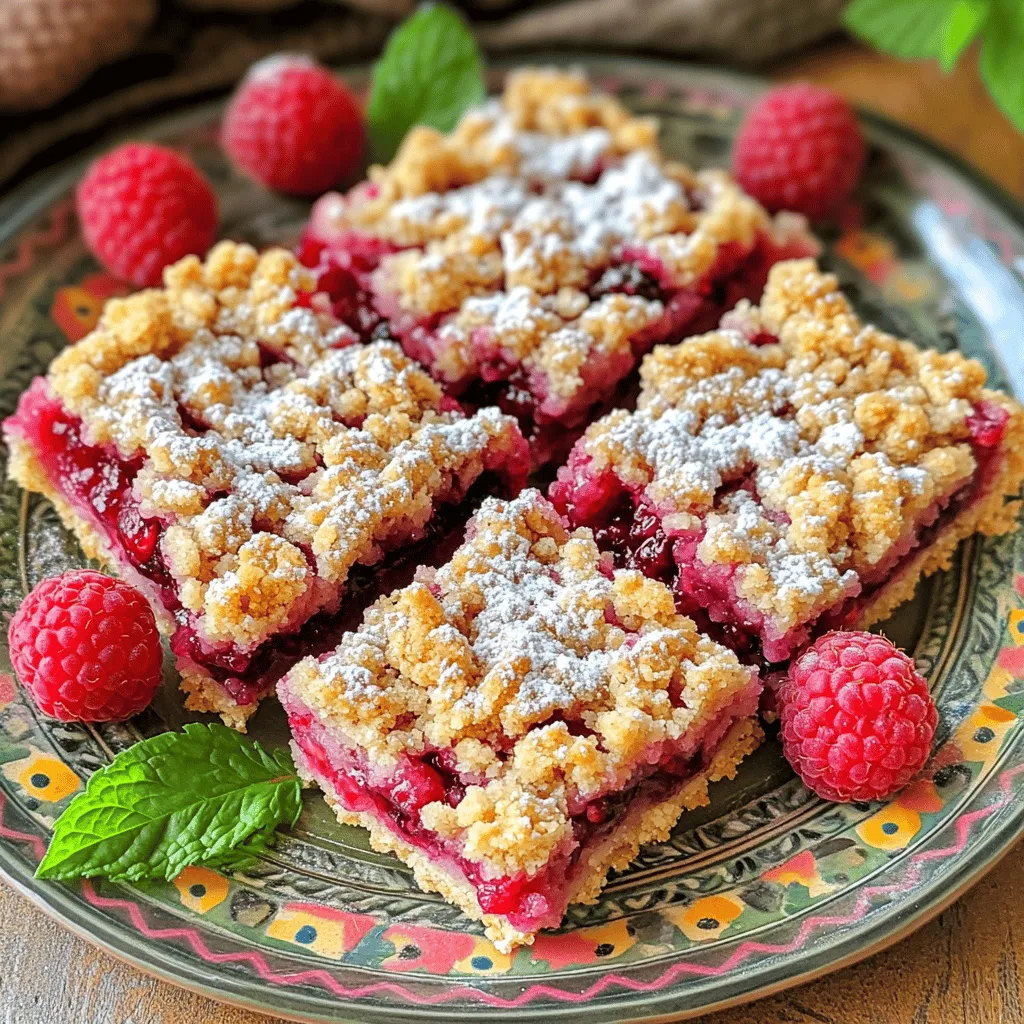 - 1 cup all-purpose flour - 1 cup rolled oats - 1/2 cup brown sugar, packed - 1/2 teaspoon baking powder - 1/4 teaspoon salt - 1/2 cup unsalted butter, melted and slightly cooled - 1 cup fresh raspberries (or frozen, thawed and drained) - 2 tablespoons honey or maple syrup (to taste) - 1 tablespoon fresh lemon juice - 1 teaspoon pure vanilla extract - 1/2 teaspoon ground cinnamon (optional) To make Raspberry Crumble Bars, you need simple, fresh ingredients. The flour and oats create a hearty base. Brown sugar adds a rich sweetness. Baking powder helps the bars rise slightly. Salt balances the flavors. The melted butter binds everything together, making a crumbly texture. Fresh raspberries bring tartness and color. Honey or maple syrup sweetens the fruit mixture. Lemon juice brightens the overall flavor, while vanilla adds depth. If you want to switch things up, consider using gluten-free flour. For a vegan option, swap unsalted butter with a vegan butter alternative. You can also try different sweeteners, like agave syrup or sugar substitutes. This flexibility lets you customize the bars to suit your taste. For the full recipe, check out the details above. - Gluten-free flour options: Brown rice flour, almond flour, or a gluten-free blend. - Vegan butter alternatives: Coconut oil, olive oil, or vegan margarine. - Sweetener variations: Agave nectar, coconut sugar, or stevia. These substitutions help you enjoy Raspberry Crumble Bars no matter your diet. They keep the essence of the recipe while allowing for personal preferences. Start by preheating your oven to 350°F (175°C). This temperature helps the bars bake evenly. Next, prepare your 8x8 inch baking pan. You can grease it lightly or line it with parchment paper. Lining the pan makes it easy to lift out the bars later. In a medium bowl, combine these dry ingredients: - 1 cup all-purpose flour - 1 cup rolled oats - 1/2 cup brown sugar, packed - 1/2 teaspoon baking powder - 1/4 teaspoon salt Whisk them together until they mix well. Then, pour in 1/2 cup melted unsalted butter. Stir with a spatula or a fork until the mixture looks like coarse crumbs. Set aside about 1/2 cup of this crumb mixture for later. In another bowl, mix 1 cup of fresh raspberries with: - 2 tablespoons honey or maple syrup (adjust to taste) - 1 tablespoon fresh lemon juice - 1 teaspoon pure vanilla extract - 1/2 teaspoon ground cinnamon (optional) Gently fold the raspberries into this mixture. Be careful not to mash them too much, as you want some whole berries. Take the remaining crumb mixture and press it firmly into the bottom of your prepared pan. This creates a solid base. Then, spread the raspberry mixture over the crust evenly. Finally, scatter the reserved crumb mixture on top to form a nice topping. Bake your bars in the preheated oven for 30-35 minutes. You will know they are done when the top turns a rich golden brown and the filling bubbles slightly. Let the bars cool in the pan for at least 10 minutes before lifting them out using the parchment paper. Allow them to cool completely on a wire rack before slicing into squares. For the full recipe, click here! To get the right texture, do not overmix the crumb mixture. Mix until it looks like coarse crumbs. For a blend that is crumbly yet holds together, keep the butter cool. If the butter is too hot, it can melt the crumbs. Let the bars cool in the pan for at least 10 minutes after baking. This step helps form a firmer base. After that, lift them out using parchment paper. Allow them to cool completely on a wire rack. This makes slicing easier and helps keep the layers intact. To make your Raspberry Crumble Bars look pretty, place them on a nice plate. A light dusting of powdered sugar adds a sweet touch. You can also add fresh raspberries or mint leaves for color. Pair your bars with a warm cup of tea or coffee. The tartness of the raspberries goes well with these drinks. This makes a perfect afternoon snack or dessert. One common mistake is overmixing the batter. This can make the bars tough. Mix just until combined for the best texture. Another mistake is slicing the bars too soon. If you cut them while they are warm, they may fall apart. Always let them cool completely to ensure nice, clean cuts. {{image_4}} You can switch up the fruit in your Raspberry Crumble Bars. Try using blueberries or strawberries instead of raspberries. Each fruit adds a unique taste. Blueberries give a sweet burst, while strawberries offer a light tartness. You can also add nuts or chocolate chips. Walnuts and almonds give a nice crunch. If you love chocolate, sprinkle in some chocolate chips for a rich flavor. For a gluten-free version, use gluten-free flour. It works well and keeps the bars tasty. You can also make low-sugar options. Swap out honey or maple syrup for a sugar substitute. This way, you can enjoy the bars without too much sugar. Change your recipe based on what fruits are in season. Use fresh peaches in summer or apples in fall. You can also add holiday-themed spices, like nutmeg or ginger, during winter. This makes the bars festive and fun. Adjusting your recipe lets you enjoy Raspberry Crumble Bars year-round. Check out the Full Recipe to explore all these variations! To keep your Raspberry Crumble Bars fresh, store them in the fridge. This helps them stay moist and tasty. Place the bars in an airtight container. If you don't have one, wrap them tightly in plastic wrap. Make sure they are cool before sealing. This keeps moisture in but prevents them from getting mushy. If you want to save your bars for later, freezing is a great option. First, slice the bars into squares. Wrap each square in plastic wrap. Then, place them in a freezer bag or airtight container. Label the bag with the date. You can freeze them for up to three months. When you're ready to eat them, take out a bar and let it thaw in the fridge. This keeps the flavor strong. You can also set it on the counter for quicker thawing. Enjoy your bars at room temperature for the best taste! You can check if your Raspberry Crumble Bars are done by looking for a few signs. First, the top should turn a rich golden brown. Second, you should see the filling bubbling slightly. Lastly, if you gently press the top, it should feel firm, not soft. If you see these signs, your bars are ready! Yes, you can use frozen raspberries! Just make sure to thaw and drain them first. This helps reduce extra moisture. You may want to add a bit more honey or maple syrup. This extra sweetness balances the tartness of frozen berries. Keep an eye on baking time, as frozen berries can add moisture to your mix. You can store your Raspberry Crumble Bars for about four to five days. Keep them in an airtight container at room temperature. If you want to store them longer, move them to the fridge. They can last up to a week when chilled. If you freeze them, they can stay good for up to three months! Absolutely! You can make these bars a day or two in advance. Just let them cool completely before storing. Wrap them tightly or place them in a container. This helps keep them fresh. When you're ready to serve, slice and enjoy. You can even warm them slightly in the oven for that fresh-baked taste. Raspberry Crumble Bars pair great with many treats! Serve them with a scoop of vanilla ice cream for a classic touch. You can also enjoy them with a dollop of whipped cream. A cup of tea or coffee makes a lovely drink to go with your bars. For a bright finish, add fresh mint leaves or a dusting of powdered sugar on top. In this post, we explored how to make delicious Raspberry Crumble Bars. We detailed the ingredients needed, offered substitutes, and provided step-by-step instructions. I shared tips for perfecting texture and suggested fun variations. With these insights, you can create tasty bars for any occasion. Remember that experimenting with flavors can lead to fun and unique treats. Enjoy baking, and share your creations with friends and family!