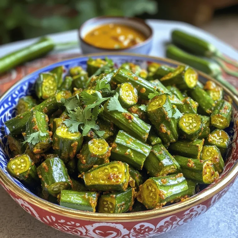 - 250g fresh okra (bhindi), thoroughly washed and completely dried - 3 tablespoons chickpea flour (besan) - 1 teaspoon rice flour (to enhance crispiness) - 1 teaspoon red chili powder - 1/2 teaspoon turmeric powder - 1 teaspoon cumin powder - Salt, to taste - 2 tablespoons oil (for shallow frying) - Fresh coriander leaves, finely chopped (for garnish) For this crispy bhindi okra fry, you need fresh okra. The okra must be dry to get that crunch. Chickpea flour gives a nice layer, while rice flour helps with extra crispiness. The spices add flavor and warmth. You can adjust the salt to your taste. When gathering your ingredients, make sure everything is fresh. This makes a big difference in flavor. Using the right oil is key too. I prefer using oil with a high smoke point. It helps the okra fry evenly without burning. If you want to make this dish even more exciting, you can add your favorite spices. You can play with the amounts until you find what you like best. For the full recipe, feel free to check out the detailed instructions. Enjoy cooking! First, wash the okra under running water. This step cleans the okra and removes dirt. After washing, lay the okra on a kitchen towel. Pat it dry thoroughly. This is key for getting a crispy texture when frying. Next, trim off both ends of each okra pod. Slice the okra into 1-inch pieces. Place these pieces in a mixing bowl and set them aside. Keeping the pieces uniform helps them cook evenly. Now, take a separate mixing bowl. Combine the chickpea flour, rice flour, red chili powder, turmeric powder, cumin powder, and salt. Stir these together well to make a dry spice blend. This blend will give your okra flavor and crunch. Carefully sprinkle the dry mixture over the chopped okra. Gently toss the okra using your hands or a spatula. Make sure each piece is well-coated. This step is important for delicious, flavorful bites. Heat oil in a frying pan over medium-high heat. Make sure the oil is hot before adding the okra. This helps achieve that perfect crispy texture. Once the oil is ready, add the coated okra to the pan in small batches. Avoid overcrowding the pan. Fry the okra until it turns golden brown and crispy. This usually takes about 3-4 minutes per side. Use a slotted spoon to remove the fried okra from the pan. Let excess oil drain by placing them on a paper towel-lined plate. Continue frying the remaining batches until all the okra is crispy and golden brown. Before serving, garnish the crispy bhindi with freshly chopped coriander leaves. This adds a fresh flavor and looks great. For the full recipe, check out the details above. To get that perfect crunch in your bhindi, drying the okra is key. Wet okra turns slimy when cooked, ruining the texture. After washing, lay the okra on a towel. Pat them dry until no moisture remains. This step helps achieve that crispy finish. Rice flour is another secret weapon for crispiness. It absorbs moisture and helps form a crunchy layer. When mixed with chickpea flour, it creates the ideal coating. Use about one teaspoon of rice flour in your mix for best results. The temperature of the oil matters a lot. Heat the oil on medium-high heat. You want it hot enough to fry, but not too hot that it smokes. A good test is to drop a small piece of okra into the oil. If it sizzles right away, the oil is ready. When frying, avoid overcrowding the pan. Fry in small batches to allow hot air to circulate around each piece. This keeps them crispy. Fry each batch for about 3-4 minutes until golden brown. Use a slotted spoon to lift them out. Let excess oil drain on paper towels. For the full recipe, check out the detailed instructions above. {{image_4}} You can change the spice mix to create new flavors. Try adding garam masala for warmth. For a tangy kick, mix in amchur (dried mango powder). You can also use black pepper or chat masala for a unique taste. Each spice adds its own twist, so feel free to experiment! You can make crispy bhindi in different ways. Air frying is a great choice for a healthier option. It uses less oil and still gives a nice crunch. Just toss the coated okra in the air fryer for about 15 minutes. If you prefer traditional frying, make sure the oil is hot. This helps keep the okra crispy. Both methods work well, so pick whichever you like best! If you need a gluten-free option, chickpea flour is your best bet. But you can also use almond flour or rice flour. These substitutes work well in the recipe. They’ll keep the texture nice and help with crispiness. Always check for gluten-free labels when shopping, just to be safe. To keep your crispy bhindi okra fry fresh, store it in an airtight container. Make sure the okra is completely cool before sealing. Place a paper towel inside the container to absorb extra moisture. This step helps maintain its crispness. Store the container in the fridge. You can keep it for up to two days. After that, the okra may lose its crunch. Reheating crispy okra can be tricky. You want to keep it crispy, not soggy. The best way to reheat is in an oven. Preheat your oven to 350°F (175°C). Spread the okra on a baking sheet in a single layer. Bake for about 10 minutes. This method helps restore some crispiness. You can also use an air fryer for a quicker option. Set the air fryer to 375°F (190°C) and cook for 5-7 minutes. This way, your bhindi stays delightful and crispy! For more details on making this dish, check out the Full Recipe. Using frozen okra can change the texture. It may become soft and mushy. Fresh okra gives the best crunch. If you use frozen, thaw it well and pat it dry. This helps to remove excess moisture. To add more heat, try these tips: - Increase the red chili powder. - Add chopped green chilies to the spice mix. - Use cayenne pepper for extra spice. These changes will give your Crispy Bhindi Okra Fry a nice kick. You can enjoy bhindi fry with: - Steamed rice or jeera rice. - Roti or naan for a complete meal. - A side of yogurt or raita to cool it down. These options balance the spiciness and enhance the meal. Look for these signs: - The okra should be golden brown and crispy. - It should feel firm when you touch it. - You can also check if it bends easily without breaking. These indicators show that your okra is cooked perfectly. This blog post covered everything you need to make crispy bhindi fry. We discussed the key ingredients, from fresh okra to spices that add flavor. I shared step-by-step instructions for preparation and cooking, plus tips for getting that perfect texture. In the end, you can customize this dish to suit your taste. Whether you choose to air fry or traditional fry, enjoy this tasty treat!
