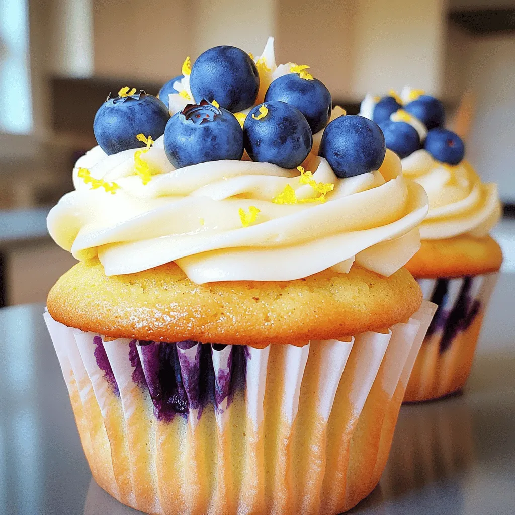 - 1 ½ cups all-purpose flour - 1 teaspoon baking powder - ½ teaspoon baking soda - ¼ teaspoon salt - ½ cup unsalted butter, softened to room temperature - 1 cup granulated sugar - 2 large eggs - Zest and juice of 1 lemon - 1 teaspoon pure vanilla extract - ½ cup buttermilk - 1 cup fresh blueberries (plus more for garnish) - 1 tablespoon flour (for dusting blueberries) You can swap butter for coconut oil. This change gives a nice flavor. For buttermilk, use yogurt or milk with vinegar. Both work well. If you want vegan cupcakes, use applesauce instead of eggs. You can also use almond milk mixed with vinegar for buttermilk. If fresh blueberries are not available, frozen ones work too. Just add them straight from the freezer. They may sink a little but still taste great. For more details on making these cupcakes, check the Full Recipe. - Preheat the oven to 350°F (175°C). - Line your cupcake tray with paper liners. - In a bowl, whisk together the flour, baking powder, baking soda, and salt. - In a large bowl, cream the softened butter and sugar until fluffy. - Add the eggs, lemon zest, lemon juice, and vanilla to the butter mixture. - Gradually add the dry mixture and buttermilk, alternating between them. - Toss the blueberries with a tablespoon of flour before folding them in. - Fill the cupcake liners two-thirds full and bake for 18-20 minutes. These easy steps will guide you through making your zesty lemon blueberry bliss cupcakes. For a full recipe, check the detailed instructions above. Enjoy baking! To bake perfect lemon blueberry cupcakes, time is key. Bake them for 18-20 minutes. Check doneness by inserting a toothpick. If it comes out clean, they are ready. Overmixing the batter is a common mistake. This can make your cupcakes tough. Mix gently to keep them light and fluffy. Frosting is a fun part! Use lemon-infused cream cheese frosting for a bright taste. To frost, use a piping bag for a pretty swirl. Top each cupcake with a fresh blueberry and a sprinkle of lemon zest. This adds color and makes them look amazing! Want more zest? Add fresh herbs like basil or mint. A pinch of cardamom can bring out new flavors too. For frosting, try whipped cream or a citrus glaze. These options can make your cupcakes even more exciting! For the complete recipe, check out the [Full Recipe]. {{image_4}} You can add different berries to your lemon blueberry cupcakes. Raspberries and strawberries work great. These berries bring a new taste and color. You can also mix in coconut or almond flavors. This twist adds a lovely richness to each bite. For frosting, you have choices! Cream cheese frosting pairs well with lemon blueberry cupcakes. It adds a tangy taste that many love. Buttercream is another option. It is sweeter and smooth. You can also use whipped cream for a light touch. Each frosting brings its own charm to the cupcake. You can make mini or jumbo cupcakes too! Adjust the baking time to fit the size. Mini cupcakes bake in about 12-15 minutes. Jumbo ones need about 25-30 minutes. This way, you can serve different sizes for any occasion. Personalize your treats based on your guests' preferences. For a fun twist, serve mini cupcakes as a party treat. They are perfect for sharing! For the full recipe, check out the zesty lemon blueberry bliss cupcakes. To keep your lemon blueberry cupcakes fresh, follow these tips: - Store them in an airtight container. - Keep them at room temperature for up to two days. - If you need longer storage, place them in the fridge. Cupcakes stored in the fridge may last for five days. Just remember, cold air can dry them out. So, wrap them tightly if you choose this method. Freezing is easy and great for later use: - Allow cupcakes to cool completely. - Wrap each one in plastic wrap. - Place them in a freezer-safe bag or container. When you want to enjoy them, take them out and let them thaw at room temperature. This helps keep their soft texture. Avoid microwaving them, as it can make them tough. With proper storage, these cupcakes stay fresh: - At room temperature: 2 days. - In the fridge: up to 5 days. - In the freezer: up to 3 months. Watch for signs of spoilage. If they smell off or have a change in texture, it's best to toss them. Enjoying these treats at their best is key! To get more lemon flavor, add extra lemon zest or juice. Zest adds great aroma. You can add up to two tablespoons of lemon juice to increase tartness. Try this to brighten the taste of your cupcakes. Yes, you can use gluten-free all-purpose flour. Look for blends that contain xanthan gum. This helps mimic the texture of regular flour. Brands like Bob's Red Mill or King Arthur Flour work well. Dry cupcakes can happen for a few reasons. Overbaking is a common cause. Make sure to check them a minute or two early. If they still turn out dry, try adding a little more buttermilk next time. You can prepare the batter a few hours ahead. Store it in the fridge until you are ready to bake. Just stir it gently before filling the cupcake liners. This keeps the batter fresh and ready for baking. These cupcakes are perfect for parties! You can decorate them with lemon frosting and fresh blueberries. Arrange them on a nice platter for an eye-catching display. They will surely impress your guests. For the full recipe, check out the complete guide! This blog post covered how to make delicious lemon blueberry cupcakes. I shared ingredient details, substitutions, and step-by-step instructions. You learned key baking and presentation tips to enhance your cupcakes. You also found variations for flavor and storage options to keep them fresh. Try these ideas to create your own tasty treat. With all the tips provided, your next baking adventure should be a breeze. Enjoy your cupcakes and the smiles they bring!