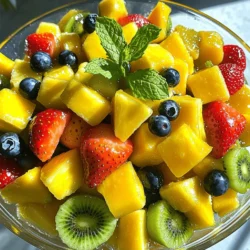 - 1 cup fresh pineapple, diced into bite-sized pieces - 1 cup ripe mango, diced - 1 cup strawberries, hulled and cut in half - 1 cup juicy blueberries - 1 kiwifruit, peeled and diced - 1 medium banana, sliced into rounds - 2 tablespoons honey - 2 tablespoons fresh lime juice - Zest of 1 lime, finely grated - Fresh mint leaves - Toasted coconut flakes When making a fruit salad, the key is to use fresh, ripe fruits. I love using bright and colorful fruits to make my salad pop. Pineapple adds a sweet and tangy taste. Mango brings a creamy texture. Strawberries offer a juicy burst of flavor, while blueberries add a delightful sweetness. Kiwifruit gives a nice tartness, and banana rounds it out with its smoothness. For the honey lime dressing, I mix honey, fresh lime juice, and lime zest. This blend enhances the fruits and adds a zesty kick. You can adjust the sweetness by adding more or less honey. Don't forget the garnishes! Fresh mint leaves add a lovely aroma. Toasted coconut flakes offer a crunchy texture. These little touches make the salad look and taste amazing. For the full recipe, check out the details above and enjoy creating this delightful treat! Start by washing all your fruits thoroughly. This ensures cleanliness and safety. Next, you will need to dice and slice the fruits. Use a sharp knife for best results. For pineapple, cut off the skin, then chop it into bite-sized pieces. For mango, slice around the pit and cut into cubes. Halve the strawberries and cut the kiwifruit into small pieces. Slice the banana just before mixing to keep it fresh. Once all your fruits are ready, take a large mixing bowl. Carefully combine the diced pineapple, mango, strawberries, blueberries, kiwifruit, and banana. Make sure each fruit is evenly mixed for a colorful and tasty salad. Now, let’s make the honey lime dressing. In a small bowl, whisk together the honey, fresh lime juice, and lime zest. Make sure the honey fully dissolves in the lime juice. You want a smooth and flavorful dressing. The lime adds a nice zing, while the honey brings sweetness. Drizzle the honey-lime dressing over the fruit mixture. Using a gentle motion, toss the salad. Ensure all pieces of fruit are lightly coated with the dressing. Be careful not to mash the fruit. After tossing, let the salad rest for about 10 minutes at room temperature. This resting time helps the flavors blend together, making every bite even better. Serve your fruit salad in a large bowl or individual cups. Right before serving, garnish with fresh mint leaves for a burst of color. Enjoy this delightful treat! For the full recipe, check out the steps outlined above. To make a great fruit salad, choose fruits that are in season. Seasonal fruits taste better and cost less. For example, fresh strawberries and blueberries are sweet in summer. Pineapples and mangoes shine in warmer months. Look for fruits that are firm but yield slightly when pressed. This shows they are ripe and ready to eat. When picking tropical fruits, check for skin color and smell. A ripe mango should have a fruity scent. Pineapples should smell sweet at the base. Avoid fruits with bruises or dark spots. These can mean they are overripe or spoiled. You can adjust the sweetness of your fruit salad to fit your taste. If you like it sweeter, add more honey. Start with a little. You can always add more if needed. You might also mix in a pinch of salt. This can enhance the sweetness of the fruits. For extra flavor, think about adding spices. A sprinkle of cinnamon can add warmth. You might also try a dash of vanilla extract. These simple additions can surprise your taste buds and make the salad unique. How you serve your fruit salad makes a big difference. Use a large clear bowl to show off the colors of the fruits. Consider making individual cups for a fun touch. This way, each guest has their own serving. For garnish, fresh mint leaves add a pop of color and a nice smell. You can also add lime wedges on the side. Toasted coconut flakes sprinkled on top can add a tropical flair. These small touches make your fruit salad look and taste even better! For the full recipe, check out the Tropical Bliss Fruit Salad. {{image_4}} You can add many fruits to your salad. Try papaya for a sweet touch. Coconut gives a creamy texture. Here are more ideas for a colorful mix: - Pineapple - Mango - Strawberries - Blueberries - Kiwifruit - Banana - Papaya - Coconut These fruits not only taste great but also look beautiful together. A mix of colors makes the salad more inviting. If you want to change things up, try different dressings. Yogurt-based dressings are creamy and tangy. They work well with fruits. You can also make a citrus vinaigrette. This gives a zesty flavor that brightens the salad. Here are some options: - Greek yogurt dressing with honey - Citrus vinaigrette with orange juice - Lime and mint yogurt These dressings can add a new twist to your fruit salad. Fruit salad is versatile. You can serve it in many ways. Pair it with grilled meats for a refreshing side dish. It also makes a lovely dessert. You can top it with yogurt for breakfast. This is a great way to start your day. Here are some serving ideas: - Serve alongside grilled chicken or fish - Top with yogurt for a healthy breakfast - Use as a dessert after a meal These options can make your fruit salad even more enjoyable. Want to learn more? Check out the Full Recipe for a complete guide! Your fruit salad stays fresh in the fridge for about three days. After that, it may start to lose its crunch and flavor. Store it in an airtight container to keep it fresh. Glass or plastic containers work well for this purpose. Just ensure they seal tightly. You can make this salad ahead of time. Chop your fruits and mix them in the bowl. But don’t add the dressing until just before serving. This keeps your fruit from getting soggy. If you want to store your salad overnight, keep the dressing in a separate container. Can you freeze fruit salad? You can freeze some fruits, but not all. Fruits like blueberries and strawberries freeze well. But bananas and kiwifruit do not hold up well in the freezer. If you freeze your salad, the texture may change when thawed. Enjoy the fresh flavors instead! You can use canned fruit, but there are some things to think about. Canned fruit is often softer and sweeter than fresh fruit. This can change the taste and texture of your salad. Pros of using canned fruit: - Canned fruit is often easier to find. - It lasts longer and is ready to use. - It can save you time on prep work. Cons of using canned fruit: - Canned fruit may contain added sugars or syrup. - The texture can be mushy or less crisp. - Fresh fruit has more flavor and better nutrients. There are many tasty dressings you can try for your fruit salad. You can mix it up and find what you like best. Here are some ideas: - Yogurt-based dressing for creaminess. - Coconut milk for a tropical twist. - Citrus vinaigrette with orange or lemon juice. - Mint or basil pesto for a fresh herb flavor. - Maple syrup for a sweeter taste. Making your fruit salad vegan is simple. Just swap out honey for a plant-based sweetener. Here are some good options: - Agave syrup for a light flavor. - Maple syrup for a rich sweetness. - Coconut nectar for a unique taste. Using these substitutes keeps your salad delicious and vegan-friendly. Enjoy your tropical delight! If you want to try the full recipe, check out the Tropical Bliss Fruit Salad. This fruit salad combines fresh fruits, a delicious honey lime dressing, and creative garnishes. You can choose seasonal fruits for the best taste and mix in tropical options. Always adjust the sweetness to fit your liking. This salad is great for serving with other meals or as a snack. Store it well to keep it fresh, and remember to prepare the dressing separately when making it in advance. Enjoy experimenting with different fruits and dressings to make it your own!