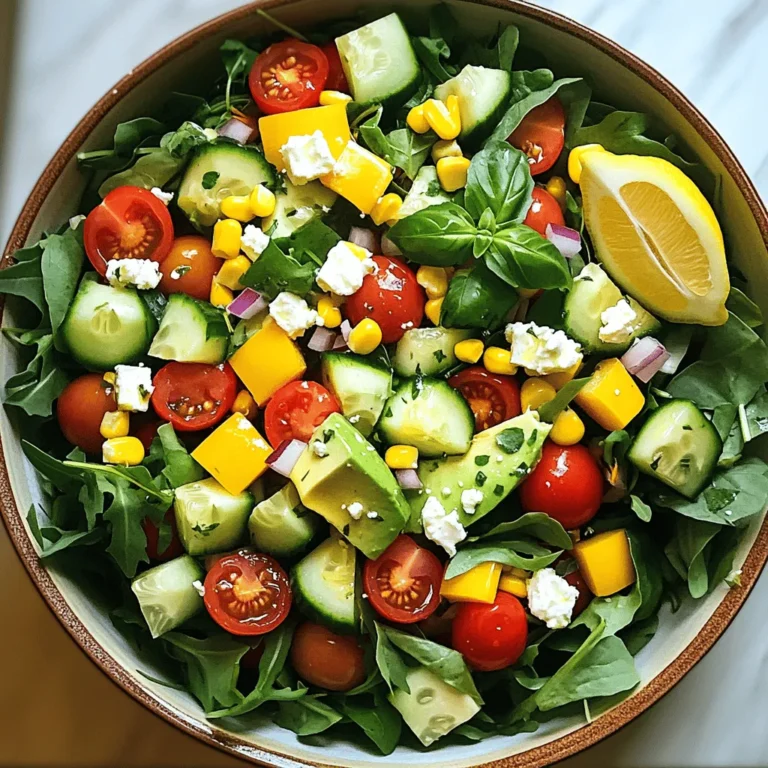 - Mixed greens - Cherry tomatoes - Cucumber - Bell pepper - Sweet corn - Avocado - Feta cheese - Red onion - Fresh herbs - Olive oil - Lemon juice - Salt and pepper The ingredients in this Easy Summer Dinner Salad offer a vibrant mix. First, you need mixed greens. This can be a blend of arugula, spinach, or romaine. Next, cherry tomatoes add color and sweetness. Dice a crisp cucumber to give a refreshing crunch. For a splash of flavor, include a sweet bell pepper. I recommend using red or yellow for the best taste. Add sweet corn for a bit of sweetness, and don't forget the creamy avocado for rich texture. Feta cheese brings tanginess to the dish. Slice red onion thinly for a zesty kick. Fresh herbs, like basil and cilantro, add bright notes. Finish with olive oil and lemon juice for a simple dressing. Don't forget salt and pepper to season nicely. - Caloric content per serving: About 250 calories - Breakdown of macros: 30g carbohydrates, 7g protein, 12g fats - Dietary considerations: This salad is vegetarian. You can make it vegan by omitting feta. It’s also gluten-free, making it suitable for many diets. This salad is not just tasty; it’s also healthy. Each serving packs a lot of nutrients. You can enjoy it guilt-free on hot summer days. For the full recipe, check out the details provided. - Start by washing and drying 4 cups of mixed greens. This step is key to remove dirt. Use cold water and a salad spinner for best results. - Place the clean greens in a large salad bowl. This creates a bright and lovely base. - Next, add 1 cup of halved cherry tomatoes and 1 diced cucumber. These add color and crunch. Mix them gently with the greens. - Then, fold in 1 diced bell pepper and 1 cup of sweet corn. Stir carefully to keep the pieces intact. - Now, add 1 diced avocado and 1/2 cup of crumbled feta cheese. Use a soft hand to fold these in. This prevents mashing the avocado. - Finally, sprinkle 1/4 cup of thinly sliced red onion and 1/4 cup of chopped fresh herbs on top for added flavor. - In a small bowl, whisk together 3 tablespoons of extra virgin olive oil and 2 tablespoons of lemon juice. This mixture creates a bright dressing. - Add salt and freshly ground pepper to taste. Taste as you go to ensure it’s just right. - Just before serving, drizzle the dressing over the salad and toss it lightly. This coats all the ingredients with flavor. For the full recipe, check out the Refreshing Summer Medley Salad. To make your salad burst with flavor, try adding fresh herbs like dill or mint. They give a nice twist to your dish. You can also sprinkle in some crushed red pepper for heat or add a pinch of cumin for depth. For salt, use sea salt or kosher salt. These types are great for enhancing taste. Freshly ground black pepper adds a nice kick, too. For a beautiful presentation, serve your salad in wide, shallow bowls. This allows the colors to shine. You can layer the greens at the bottom and add toppings in a rainbow pattern. Garnish with an extra lemon wedge and a sprig of fresh herbs. This adds color and a fresh aroma, making your salad even more inviting. Pair your salad with grilled chicken or shrimp for a complete meal. You can also serve it with crusty bread or a light soup for a balanced dinner. This salad is perfect for warm nights when you want something light yet filling. It’s fresh and healthy, making it a great choice for summer dining. For the full recipe, check out the details above. {{image_4}} You can change the greens in the salad for variety. Use kale or spring mix instead. For proteins, try grilled chicken or chickpeas. If you want a dairy-free option, swap feta cheese for a nut-based cheese. You can also skip the cheese entirely for a lighter meal. Summer brings fresh produce. Use ripe tomatoes or zucchini from your garden. In fall, add roasted squash or apples for a warm taste. Winter calls for hearty greens like Swiss chard or Brussels sprouts. These swaps keep the salad fresh and tasty all year. While the olive oil and lemon juice dressing is great, you can explore other flavors. A honey mustard dressing adds sweetness. For a creamy touch, mix yogurt with herbs. Vinaigrettes made with balsamic or red wine vinegar also work well. Each dressing can change the salad's vibe and taste. To keep your salad fresh, store it in an airtight container. This will help keep it crisp. Always place a paper towel inside the container. This absorbs extra moisture and helps maintain the crunch. If you have leftover dressing, store it separately. This way, the salad won’t get soggy. I do not recommend freezing this salad. Freezing can change the texture of the greens and other ingredients. However, you can freeze some individual ingredients. For example, you can freeze sweet corn or even diced bell peppers. Just wash and dry them first. Place them in freezer bags and remove as much air as possible. This salad lasts about three days in the fridge. After that, the quality may decline. Look for signs that the salad is no longer good. If the greens look wilted or slimy, it's time to toss it. Also, any strange smells or colors mean it’s no longer safe to eat. Enjoy your salad fresh for the best taste! Yes, you can prepare this salad ahead of time. This makes it a great choice for busy days. To do this, wash and chop your veggies a few hours in advance. Store them in a sealed container in the fridge. Keep the dressing separate until you are ready to eat. This will keep your greens crisp and fresh. Add delicate items, like avocado and feta, just before serving. That way, they stay tasty and intact. To make your salad more filling, think about adding hearty ingredients. You can toss in cooked grains like quinoa or brown rice. These add great texture and nutrition. You can also add proteins like grilled chicken, chickpeas, or beans. These options will give you energy and keep you full longer. To keep your avocado fresh, use a few simple tricks. First, squeeze fresh lemon juice on the cut avocado. This helps slow down browning. You can also store the avocado with the pit in to keep it firm. Place it in an airtight container if you have leftovers. This will help maintain its color and taste. This blog post shared a simple and tasty salad recipe. We covered fresh ingredients, step-by-step instructions, and useful tips. You learned how to mix flavors and make your salad shine. Remember, you can easily adapt this recipe based on seasons or dietary needs. Storing leftovers properly can keep your meal fresh for longer. Use these ideas to enjoy your salad better and impress your family or friends. Simple ingredients can create a delightful dish for any occasion. Enjoy your salad experience!