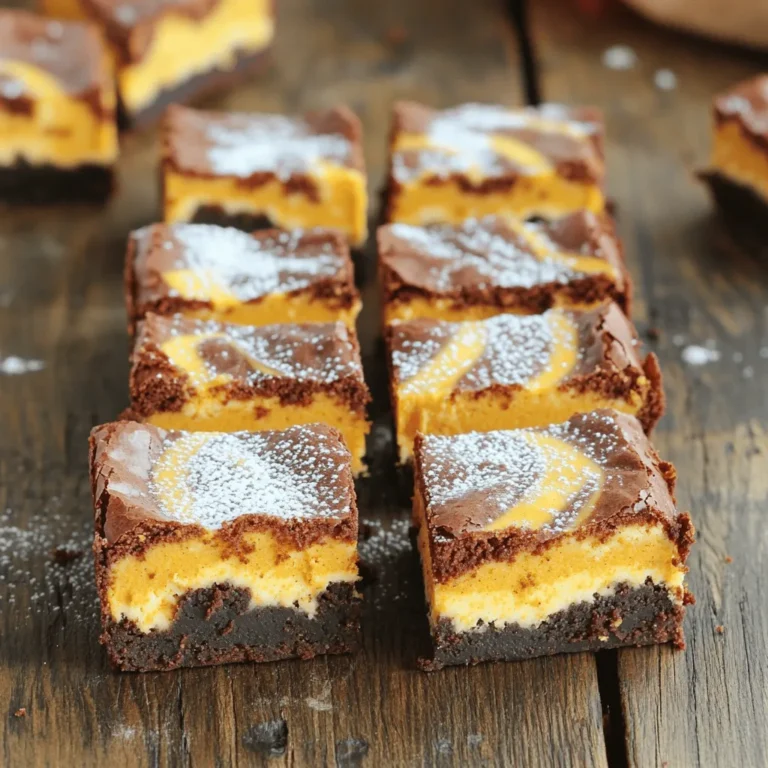 - 1 cup unsweetened cocoa powder - 1 cup all-purpose flour - 1/2 teaspoon baking powder - 1/2 teaspoon salt - 1 cup granulated sugar - 1/2 cup unsalted butter, melted - 3 large eggs - 1 teaspoon pure vanilla extract - 1 cup pumpkin purée - 1 teaspoon pumpkin pie spice - 8 ounces cream cheese, softened - 1/2 cup powdered sugar These ingredients come together to create a rich and creamy treat. The cocoa powder gives the brownies a deep flavor, while the pumpkin adds moisture and a hint of spice. Mixing cream cheese with pumpkin purée creates the cheesecake swirl. This combo makes every bite a delicious blend of flavors. You can find the full recipe above. It guides you through the steps to make your brownies perfect. The balance of ingredients is key. Each one plays an important role in achieving that decadent taste and texture. The pumpkin pie spice adds warmth, making these brownies perfect for fall gatherings or cozy nights at home. 1. Preheat the oven and prepare the baking pan: Start by preheating your oven to 350°F (175°C). Prepare a 9x13-inch baking pan by greasing it lightly or lining it with parchment paper. This will help in easy removal of the brownies later. 2. Mix dry ingredients in a bowl: In a medium bowl, whisk together the unsweetened cocoa powder, all-purpose flour, baking powder, and salt. This mix will give your brownies the right texture and flavor. 3. Combine wet ingredients in a separate bowl: In a large bowl, mix the granulated sugar and melted butter. Whisk this mixture until smooth. Next, add three eggs, one at a time, ensuring each is mixed well. Finally, stir in the vanilla extract to enhance the sweetness. 1. Pour brownie batter into the baking pan: Pour about two-thirds of the brownie batter into your prepared pan. Spread it evenly across the bottom to form the first layer. 2. Add pumpkin cheesecake mixture: In another bowl, mix the softened cream cheese and powdered sugar until smooth. Then add the pumpkin purée and pumpkin pie spice. Mix well until creamy. Now, dollop this pumpkin cheesecake mixture over the brownie layer. 3. Swirl the layers for marbling: Gently spoon the remaining brownie batter on top of the cheesecake layer. Use a knife or skewer to make swirling motions. Be careful not to over-swish. You want to see both layers. 1. Bake and check for doneness: Place your baking pan in the oven. Bake for 25-30 minutes. Check for doneness by inserting a toothpick in the center. It should come out with a few moist crumbs, not wet batter. 2. Cooling process: After baking, let the brownies cool completely in the pan on a wire rack. Once cool, cut them into squares for serving. Enjoy the rich flavors and creamy texture of your pumpkin cheesecake swirl brownies. For the full recipe, check the details above! To make the best Pumpkin Cheesecake Swirl Brownies, pay attention to mixing. Overmixing can ruin the texture. When you combine the wet and dry mixes, use a spatula to fold gently. Stop mixing once you see no dry flour. This will keep your brownies soft and chewy. Next, let's talk about swirling. Swirling gives your brownies a beautiful marbled look. After layering your brownie batter and cheesecake mix, use a knife or skewer to create swirls. Move it gently in a figure-eight motion. Don’t over-swirl, as you want to keep the distinct layers visible. For a stunning presentation, serve your brownies on a rustic wooden board. Lightly dust them with powdered sugar for a touch of elegance. You can add a dollop of whipped cream or a scoop of vanilla ice cream on the side. This will enhance the rich flavors of the pumpkin and cream cheese. If you're creating a dessert spread, pair these brownies with spiced coffee or chai tea. They also go well with caramel sauce or chocolate drizzle. These additions elevate the dessert experience and delight your guests. For the full recipe, check out the details above. {{image_4}} You can take your pumpkin cheesecake swirl brownies to the next level with some fun tweaks. One great idea is to add nuts. Chopped walnuts or pecans bring a nice crunch and flavor. Just sprinkle them on top of the brownie batter before baking. This adds texture and makes each bite exciting. Another tip is to use different spices. If you want a twist, swap out the pumpkin pie spice for cinnamon or nutmeg. Each spice gives a new taste to the brownies. You can even mix spices for a unique blend. Do you need to adjust for dietary needs? No problem! You can make gluten-free brownies easily. Just replace the all-purpose flour with a gluten-free blend. Ensure the blend has a good mix of starches and fibers. This keeps the texture nice and chewy. If you're looking for vegan options, you can adapt the recipe too. Use a flaxseed meal mixed with water instead of eggs. For the cream cheese, look for a plant-based alternative. These swaps keep the flavors rich and creamy while meeting your dietary needs. For the full recipe, check out the details provided earlier. To keep your pumpkin cheesecake swirl brownies fresh, store them in an airtight container. This method locks in moisture, ensuring they stay soft and tasty. You can keep them at room temperature for up to three days. If you want to store them longer, place them in the fridge. Just remember to let them cool completely before putting them away. This helps prevent sogginess. Freezing brownies is simple and a great way to save them for later. First, cut the brownies into squares. Place each square on a baking sheet lined with parchment paper. Freeze them for about an hour. Once they are firm, transfer the squares to a freezer-safe bag or container. Make sure to label it with the date. You can enjoy these brownies for up to three months. To thaw, just take one out and let it sit at room temperature for about 30 minutes. You’ll have a delicious treat ready to enjoy! For the full recipe, check out the detailed instructions provided. How long can I store Pumpkin Cheesecake Swirl Brownies? You can store these brownies for up to five days. Keep them in an airtight container. They stay fresh and tasty at room temperature. If you want them to last longer, you can refrigerate them. Can I use pumpkin pie filling instead of pumpkin purée? You can use pumpkin pie filling, but it has added spices and sugar. This may change the taste of your brownies. If you want a more controlled flavor, stick to pumpkin purée. What can I do if my brownies are too dry? If your brownies are dry, they may have baked too long. Next time, check for doneness sooner. You can also add a bit of milk or cream cheese to moisten them. How do I know when brownies are done baking? To check if the brownies are done, insert a toothpick in the center. If it comes out with a few moist crumbs, they're ready. If it has wet batter, bake them a bit longer. For the complete recipe, check the Full Recipe section. You learned about making Pumpkin Cheesecake Swirl Brownies, from ingredients to baking tips. Remember to mix wet and dry ingredients separately and avoid overmixing. Try adding nuts or different spices for fun flavors. These brownies can be stored or frozen for later. Keep them fresh and enjoy this tasty treat anytime. With these steps, you can impress anyone with your baking skills. Happy baking!