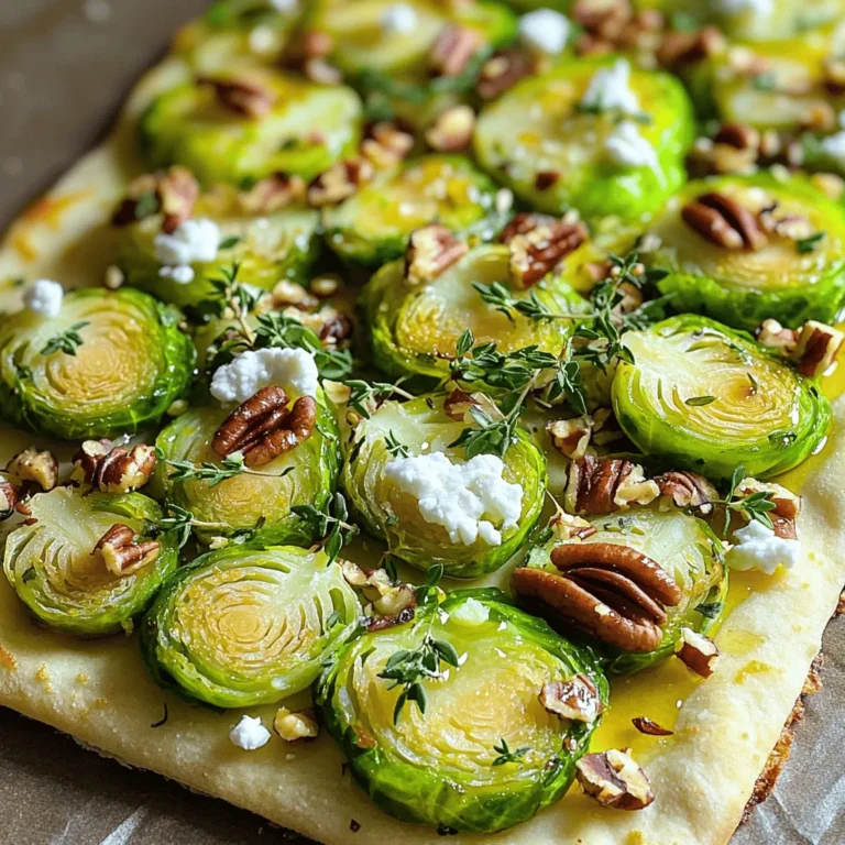 - 1 pre-made flatbread (store-bought or homemade) - 2 cups Brussels sprouts, thinly sliced - 2 tablespoons extra virgin olive oil - 1 tablespoon pure maple syrup - 1 garlic clove, finely minced - 1/2 cup creamy goat cheese, crumbled - 1/4 cup pecans, roughly chopped - Sea salt and freshly cracked black pepper, to taste - Fresh thyme leaves, for garnish These ingredients create a great balance of flavors. The Brussels sprouts add a nice crunch, while the goat cheese brings creaminess. The maple syrup gives a sweet touch that ties everything together. - Crushed red pepper flakes for heat - Parmesan cheese for extra depth - Balsamic glaze for a tangy finish Adding these optional items can take your flatbread to the next level. Consider crushed red pepper for spice. A drizzle of balsamic glaze can add a wonderful contrast. - Baking sheets - Parchment paper - Mixing bowls - Knife and cutting board - Oven Having the right tools makes cooking easier. Parchment paper helps with clean-up and prevents sticking. A sharp knife ensures you slice the Brussels sprouts evenly. For the full recipe, check out the complete details. Happy cooking! Start by gathering all your ingredients. You will need: - 1 pre-made flatbread - 2 cups Brussels sprouts, thinly sliced - 2 tablespoons extra virgin olive oil - 1 tablespoon pure maple syrup - 1 garlic clove, finely minced - 1/2 cup creamy goat cheese, crumbled - 1/4 cup pecans, roughly chopped - Sea salt and freshly cracked black pepper, to taste - Fresh thyme leaves, for garnish Preheat your oven to 400°F (200°C). This is vital for getting that nice crisp on the flatbread. In a large bowl, mix the sliced Brussels sprouts with olive oil, maple syrup, and minced garlic. Add a good pinch of sea salt and freshly cracked black pepper. Toss everything together until the Brussels sprouts are well-coated. Next, spread the Brussels sprouts on a baking sheet lined with parchment paper. Roast them for 15-20 minutes. Stir them halfway through to cook evenly. You want them golden brown and tender. While your Brussels sprouts roast, prepare your flatbread. Place it on another baking sheet. Sprinkle crumbled goat cheese over the flatbread. Cover it well for a creamy bite. Once the Brussels sprouts are roasted, layer them over the goat cheese on the flatbread. Then, sprinkle the chopped pecans on top for some crunch. Return the flatbread to the oven for another 5-7 minutes. This will crisp it up and melt the goat cheese beautifully. After baking, take the flatbread out of the oven. Let it cool for a moment before slicing. Top it off with fresh thyme leaves for a touch of color and flavor. Enjoy your Maple Brussels Sprout Flatbread! For the full recipe, refer back to the beginning of this section. To make your flatbread perfectly crisp, start with the right oven temperature. Preheat your oven to 400°F (200°C). This high heat helps the flatbread get golden and crunchy. Next, spread your toppings evenly. Balance the weight on the flatbread. Too many toppings can make it soggy. Bake it for 5-7 minutes after adding the Brussels sprouts. This step ensures the flatbread stays crisp while the cheese melts. Pair your Maple Brussels Sprout Flatbread with a fresh salad. A simple arugula salad adds a peppery kick. You can also serve it with a light soup. A creamy butternut squash soup works well here. For drinks, try a crisp white wine or a light beer. Both complement the sweet and savory flavors of the flatbread. If you want a non-alcoholic option, consider sparkling water with lemon. This flatbread is not just tasty; it is also good for you! Here’s a quick look at the nutrition: - Brussels Sprouts: High in fiber and vitamins C and K. - Goat Cheese: Provides calcium and protein. - Pecans: A source of healthy fats and antioxidants. - Maple Syrup: Adds natural sweetness with some vitamins and minerals. A serving gives you a balance of nutrients. It is a great choice for a meal or snack. For the full recipe, check out the earlier section! {{image_4}} If you want a vegetarian twist, just leave out the goat cheese. For a vegan option, use a plant-based cheese. Nutritional yeast is a great choice for a cheesy flavor. You can also add a drizzle of balsamic glaze for extra taste. To make this dish more filling, add protein. Grilled chicken or turkey slices work well. You can also use chickpeas for a vegetarian option. Simply roast them with the Brussels sprouts. They will add texture and protein to your meal. Change up the ingredients based on the season. In fall, try adding sliced apples or pears. They pair well with maple syrup. In spring, consider using asparagus or peas. Both add a fresh touch and bright color to your flatbread. For more ideas, check out the Full Recipe for Maple Brussels Sprout Flatbread. To keep your Maple Brussels Sprout Flatbread fresh, let it cool first. Once cooled, wrap it tightly in plastic wrap or foil. You can also store it in an airtight container. This method helps keep the flatbread from getting soggy. You can store it in the fridge for up to three days. When ready to enjoy leftovers, preheat your oven to 350°F (175°C). Place the flatbread on a baking sheet. Heat it for about 10-15 minutes. This method keeps the flatbread crispy and warm. Avoid using the microwave, as it can make the flatbread chewy. If you want to freeze the flatbread, it’s best to do so before adding toppings. Wrap the flatbread tightly in plastic wrap and then in foil. You can freeze it for up to three months. When ready to eat, thaw it in the fridge overnight. After thawing, top it with the roasted Brussels sprouts and cheese, then bake as usual. This way, you can enjoy a fresh taste anytime! Yes, you can use other cheeses. Feta or ricotta works well. They add a nice touch. Each cheese gives a different flavor. Feel free to experiment! If you don’t have Brussels sprouts, try using kale or spinach. Broccoli is a good choice too. Each option brings its own taste and texture. Just make sure to adjust cooking times. To make this flatbread gluten-free, use a gluten-free flatbread. Many stores offer great options. Always check the labels to ensure they are safe. You can also make your own gluten-free dough if you prefer! For the complete instructions and ingredients, check the Full Recipe. Enjoy making this Maple Brussels Sprout Flatbread! In this blog post, we covered key ingredients for Maple Brussels Sprout Flatbread. You learned how to prepare and roast Brussels sprouts, assemble, and bake the flatbread. We shared tips for achieving a crisp texture and suggested flavor pairings. You also explored variations for different diets and got storage tips for leftovers. Final thoughts: This flatbread is a tasty, easy dish to make. Enjoy it fresh or with your favorite twists!