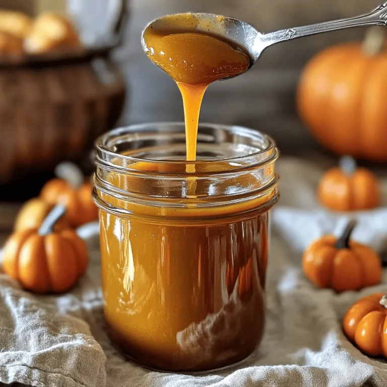 - 1 cup pumpkin puree (canned or homemade) - 1 cup granulated sugar - 1 cup water - 1 teaspoon pure vanilla extract - 1 teaspoon pumpkin pie spice - 1/2 teaspoon salt You can swap out granulated sugar for other sweeteners, like brown sugar or honey. If you want a lighter syrup, try agave syrup. For pumpkin puree, you can make your own by roasting fresh pumpkin. Just bake it until soft, scoop out the flesh, and blend it smooth. Canned puree works too, and it's faster! You can also change the spice mix. If you like more heat, add a pinch of cayenne. For a different flavor, mix in nutmeg or cardamom. This way, you can make the syrup your own. To make your syrup, you need a few tools: - Medium saucepan - Whisk - Fine-mesh sieve These will help you cook, mix, and strain your syrup. 1. Dissolving sugar in water: Start by adding 1 cup of water and 1 cup of granulated sugar to your saucepan. Heat it on medium. Stir non-stop until the sugar dissolves. You will have a simple syrup. 2. Blending in pumpkin and spices: Once the sugar is dissolved, add 1 cup of pumpkin puree, 1 teaspoon of pumpkin pie spice, and 1/2 teaspoon of salt. Use your whisk to mix it all well. Make sure there are no lumps. 3. Simmering: Turn up the heat slightly until the mix boils. When you see bubbles, lower the heat to let it simmer. Keep it on low for about 10 minutes. Stir it now and then so it cooks evenly. After simmering, take the saucepan off the heat. Stir in 1 teaspoon of pure vanilla extract for extra flavor. Let the syrup cool on the counter until it reaches room temperature. Next, use a fine-mesh sieve to strain the syrup into a clean jar or bottle. This step removes any solids, giving you a smooth syrup. Seal your jar tightly and place it in the fridge. Your syrup will stay fresh for up to two weeks. Enjoy it in drinks or on pancakes! To get the best flavor for your syrup, start with the right pumpkin. I suggest using canned pumpkin puree. It’s smooth and rich. You can also make your own pumpkin puree. Just bake fresh pumpkin and blend it. Both options work great. Next, think about spice levels. Adjust the pumpkin pie spice to your taste. If you want it spicier, add a bit more cinnamon or ginger. If you prefer it milder, use less. Tasting as you go helps you find your perfect mix. You can use this pumpkin syrup in many ways. Pour it into your coffee for a tasty twist. It’s also great in lattes, hot chocolate, and even chai. Drizzle it over pancakes or waffles to add a fall touch. Try mixing it with whipped cream for a fun dessert topping. Get creative! Use the syrup in baking too. Add it to muffins or cakes for extra flavor. You can even stir it into oatmeal for a cozy breakfast. Sometimes, you might notice separation in your syrup. This can happen if it sits too long. Just give it a good shake before using. If your syrup feels too thick, add a little water and stir. Avoid common mistakes like not mixing well. It’s important to whisk the pumpkin and spices into the syrup. This ensures a smooth blend. Also, don’t skip the straining step. Straining removes any lumps, making your syrup silky smooth. For the complete recipe, check out the [Full Recipe]. {{image_4}} You can play with flavors in your pumpkin syrup. Here are two tasty ideas: - Maple Pumpkin Syrup: Swap half the sugar for maple syrup. This adds a deep, rich flavor. The maple pairs beautifully with the pumpkin, giving your drinks a cozy vibe. - Spiced Chai Pumpkin Syrup: Mix in chai spices like cardamom and cloves. This twist adds warmth and a hint of spice. It’s perfect for a chilly day, enhancing your latte or tea. Want a syrup without sugar? Try these methods: - Using Natural Sweeteners: Use options like stevia, erythritol, or monk fruit. These sweeteners provide a similar taste with fewer calories. Adjust the amount based on your taste. - Adjusting Caloric Content: If you reduce sugar, remember to adjust the liquid. Less sugar means a thinner syrup. Add a bit more pumpkin puree for texture. You can also change your pumpkin syrup for different holidays: - Halloween: Add a touch of orange zest for a spooky twist. It gives a fresh flavor that fits the season. - Christmas: Mix in a hint of peppermint extract. This makes your syrup festive and fun, perfect for holiday drinks. Try these ideas to make your pumpkin syrup unique for any season! This syrup will last for two weeks in the fridge. It keeps well if stored right. Always check for any off smells or changes in color before using. Use a clean glass jar or bottle for storage. Glass keeps flavors fresh and prevents spills. Make sure to seal the container tightly. For longer storage, you can freeze the syrup. Pour it into ice cube trays. Once frozen, transfer the cubes to a freezer bag. This way, you can use just what you need. If you have extra pumpkin puree, use it in baking. It’s great in muffins or pancakes. You can also stir it into oatmeal for some fall flavor. Any leftover spices can enhance your coffee or tea. Just a pinch is enough to add warmth to your drinks. You can easily make your own Starbucks style pumpkin syrup at home. This recipe only needs a few simple ingredients. You will use pumpkin puree, sugar, water, and spices. The process takes about 20 minutes from start to finish. You heat the water and sugar, then add the pumpkin and spices. After simmering, you strain the syrup and store it in the fridge. For more details, check the Full Recipe. You can use pumpkin syrup in many ways! Here are some ideas: - Coffee drinks: Add it to lattes or cold brews. - Desserts: Drizzle it over pancakes, waffles, or ice cream. - Baking: Use it in muffins, cakes, or cookies. - Smoothies: Blend it into your favorite fruit smoothies for a fall twist. The syrup adds a warm, cozy flavor to any dish! If you prefer store-bought options, several brands offer pumpkin syrup similar to Starbucks. Look for brands like Torani, Monin, or DaVinci. They often have great flavors. Check your local grocery store or online shops. Just ensure to read the labels to find the right taste for you. You learned how to make a delicious Starbucks Style Pumpkin Syrup. We covered the important ingredients, easy steps, and tips for the best flavor. You can also try fun variations and store this syrup well. Remember, you can even use leftover ingredients in creative ways. Enjoy making this syrup and enhancing your drinks and desserts. It’s a simple way to add that fall flavor all year round. Get ready to impress with your homemade pumpkin syrup!
