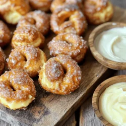 To make delicious cinnamon sugar pretzel bites, you need the right ingredients. Here’s what you’ll need: - 1 ½ cups warm water (between 110°F to 115°F) - 2 tablespoons granulated sugar - 2 ¼ teaspoons active dry yeast (equivalent to 1 packet) - 4 cups all-purpose flour - 1 teaspoon salt - ½ cup baking soda - 1 large egg, beaten (to use as egg wash) - ½ cup unsalted butter, melted - ½ cup granulated sugar (for coating) - 2 teaspoons ground cinnamon Using these fresh ingredients is key. The warm water helps activate the yeast, making your pretzel bites fluffy. The sugar nourishes the yeast, so it grows well. This growth is what makes your dough rise. All-purpose flour gives structure. The salt adds flavor. Baking soda is important for that classic pretzel taste and texture. The egg wash creates a beautiful golden color, while melted butter adds richness and flavor. Finally, the cinnamon and sugar coating is what makes these bites irresistible. The sweet and spicy mix is perfect for dipping or enjoying plain. For the full recipe, refer to the earlier section. To start, mix 1 ½ cups of warm water with 2 tablespoons of sugar and 2 ¼ teaspoons of active dry yeast in a small bowl. Stir gently. Let it sit for about 5 minutes. You will see it froth. This means the yeast is alive and ready. In a large mixing bowl, combine 4 cups of all-purpose flour and 1 teaspoon of salt. Make a well in the center and pour in the activated yeast mixture. Stir with a wooden spoon until a dough takes shape. Transfer the dough to a floured surface. Knead it for about 5 minutes until it feels smooth and elastic. Place your kneaded dough in a greased bowl. Cover it with a damp cloth. Let it rise in a warm area for about 1 hour. The dough should double in size. While the dough rises, prepare a baking soda bath. In a large pot, bring 8 cups of water to a boil. Carefully add ½ cup of baking soda. It may foam, so be cautious. Once the dough has risen, punch it down gently. Divide the dough into small pieces, roughly 1 inch each, and roll them into balls. Using a slotted spoon, submerge each pretzel bite into the boiling water for around 30 seconds. Remove them and place them on lined baking sheets. Brush the tops with a beaten egg for shine. Sprinkle with a mixture of ½ cup sugar and 2 teaspoons ground cinnamon. Bake in a preheated oven at 425°F for about 10-12 minutes until they are golden brown. For the full recipe, refer to the instructions at the beginning. To get the best dough, knead it for about 5 minutes. This time helps build the right elasticity. You want the dough to feel smooth and soft. When it doubles in size, it’s ready. Look for a puffy texture, not a sticky mess. For a great cinnamon-sugar coating, mix equal parts sugar and cinnamon. Use a generous amount to coat each pretzel bite. After baking, brush them with melted butter. This adds flavor and makes them shine. The butter helps the sugar stick too. Serve your pretzel bites in a warm basket lined with a cloth. This keeps them cozy and inviting. For dips, offer cream cheese icing and caramel sauce. Both pair well with the sweet pretzels. You can even sprinkle a bit of cinnamon sugar on top before serving. It adds a nice touch! {{image_4}} You can change the flavor of your cinnamon sugar pretzel bites to keep things fun. Here are a few ideas: - Adding chocolate or caramel drizzle: Drizzle warm chocolate or caramel on top of your pretzel bites. This adds a sweet touch and makes them extra tasty. - Incorporating nuts or fruit pieces: Try adding chopped nuts or dried fruit pieces into the dough. This gives each bite a nice crunch and a burst of flavor. You can also switch up the coating for your pretzel bites. Here are some tasty options: - Using different spices like nutmeg or allspice: Instead of cinnamon, use nutmeg or allspice for a warm twist. This can change the whole taste of your treats. - Savory variations with cheese or herbs: For a salty kick, sprinkle cheese or dried herbs on top. This gives a unique flavor that pairs well with the soft pretzel. With these variations, you can make every batch of cinnamon sugar pretzel bites a new experience. Enjoy exploring different tastes! For the full recipe, check out the details above. If you have leftover pretzel bites, store them at room temperature. Place them in an airtight container. This keeps them fresh for about two days. You can also wrap them in plastic wrap. This method helps them stay soft and tasty. For longer storage, refrigerate the pretzel bites. Place them in a container and cover them well. They can stay fresh in the fridge for about a week. If you want to keep them longer, freezing is a great option. To freeze, wrap each pretzel bite in plastic wrap. Then, put them in a freezer bag. Make sure to squeeze out any air before sealing. They can stay frozen for up to three months. When you want to eat them, take them out and thaw them in the fridge overnight. To reheat, place them in a preheated oven at 350°F (175°C) for about 10 minutes. This brings back that warm, soft texture. Enjoy them as if they were just baked! To make soft pretzel bites, work the dough well. Knead it for about five minutes. This helps develop the gluten. Let the dough rise in a warm place until it doubles. This gives it a light texture. Boil the bites in a baking soda bath for thirty seconds. This step helps create that classic pretzel crust. You can prepare the dough and shape the bites ahead of time. After shaping, cover them with plastic wrap. Store them in the fridge for up to 24 hours. When ready to bake, take them out to warm up. Boil and bake as directed in the full recipe. You can find pre-made bites at many grocery stores. Look in the frozen or snack aisles. Some bakeries also offer them fresh. Check local markets for homemade options. Food delivery apps may have restaurants that sell them. These bites pair well with dips like cream cheese icing or chocolate sauce. You can also serve them with caramel for extra sweetness. For drinks, try hot apple cider or a sweet latte. This makes a fun snack or dessert for any occasion. You learned how to make delicious cinnamon sugar pretzel bites. We covered all the necessary ingredients and step-by-step instructions to create a soft, chewy treat. Remember, the secret lies in proper yeast activation and boiling. Adding your favorite dips can make these bites even better. Feel free to try different flavors and coatings to suit your taste. Enjoy your baking journey and share it with friends. These bites are sure to impress everyone!