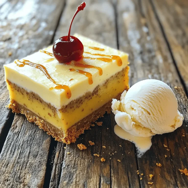 - 2 cups root beer soda - 1 1/2 cups heavy cream - 1 cup powdered sugar - 3 tablespoons unflavored gelatin powder - 1 cup graham cracker crumbs - 1/4 cup unsalted butter, melted - Pinch of salt - Vanilla ice cream - Maraschino cherries - Extra root beer for drizzling When I prepare these delicious root beer cream bars, I focus on great ingredients. The main star is the root beer soda. Its sweet and spicy flavor makes these bars fun. I also add heavy cream to make the filling rich and smooth. Powdered sugar sweetens the mix perfectly. I use gelatin powder to help it set. For the crust, I crush graham crackers. They add a nice crunch. Mixing these crumbs with melted butter and a pinch of salt creates a tasty base. This combo holds everything together. You can make these bars even better with optional garnishes. A scoop of vanilla ice cream on the side adds creaminess. Maraschino cherries bring a pop of color and sweetness. A drizzle of extra root beer gives it that special touch. If you want the full recipe, check out the details above. The right ingredients make all the difference in creating this delightful dessert! - Combine graham cracker crumbs, melted butter, and salt. - Press mixture firmly into a greased baking dish. Start by mixing the graham cracker crumbs with melted butter and a pinch of salt. This mixture should feel moist but crumbly. Next, firmly press the mixture into the bottom of a greased baking dish. Use your fingers or a flat-bottomed glass to create an even layer. This crust will hold all the deliciousness that follows. - Mix cold water with gelatin powder. - Allow to sit for 5 minutes until thickened. In a small bowl, mix the cold water with the gelatin powder. Stir gently until it looks smooth. Let this sit for five minutes. Watching it thicken is fun! This step is key for a firm but creamy texture in your bars. - Heat 1 cup of root beer and dissolve bloomed gelatin. - Add remaining root beer and vanilla extract. In a small pot, heat one cup of root beer over medium heat. You don’t need it to boil, just warm enough. Remove it from the heat and add the thickened gelatin mixture. Stir until the gelatin dissolves completely. Then, add the rest of the root beer and a teaspoon of vanilla extract. This mixture will bring that classic root beer flavor right into your dessert. - Whip heavy cream with powdered sugar. - Gently fold in the root beer mixture. In a large mixing bowl, whip the heavy cream with powdered sugar until it forms soft peaks. This will take about 3-5 minutes. Once it's ready, gently fold in the root beer mixture. Be careful not to deflate the cream. This step creates a light and airy filling that pairs perfectly with the crust. - Pour cream mixture over the crust. - Cover and refrigerate for 4–6 hours until set. Pour the creamy root beer mixture over the graham cracker crust. Use a spatula to spread it evenly. Cover the dish with plastic wrap and place it in the refrigerator. Chill for at least 4 to 6 hours until the filling is set. Waiting can be hard, but trust me, it’s worth it! For the full recipe, you can check out the detailed instructions and tips to make this dessert a hit. To get the right consistency in your cream mixture, whip the heavy cream until it forms soft peaks. This means the cream holds its shape but is still smooth. Avoid over-whipping, or it may turn grainy. To check, lift the whisk; the peaks should gently fold back over. - Chill your mixing bowl and beaters before whipping. - Start at a low speed, then increase to medium. - Stop once you see soft peaks forming. To boost flavor, consider adding spices or extracts to your mixture. A pinch of cinnamon or nutmeg can add warmth. Almond extract pairs well with root beer too. For the best root beer flavor, choose a brand that uses real cane sugar. Some recommended brands include A&W, Barq's, and Virgil's. Serving is key to impressing your guests. I like to serve each bar on a plate with a scoop of vanilla ice cream. Drizzle extra root beer over the top for added flavor. For a playful touch, add a maraschino cherry on top. When cutting the bars, use a sharp knife dipped in hot water. This helps make clean slices and gives your bars a professional look. {{image_4}} You can change the flavor of root beer cream bars by using different sodas. Try cream soda for a smoother taste or cola for a classic twist. Both options add a fun new flavor. You can even layer chocolate or caramel for extra richness. This will give your bars a unique touch. If you want to impress friends, these changes will do the trick! If you need a gluten-free crust, use gluten-free graham cracker crumbs. They work just as well and taste great. For a dairy-free option, try coconut cream instead of heavy cream. It gives a nice flavor and texture. You can also find vegan gelatin to replace regular gelatin, making this dessert fit your needs. To make bite-sized root beer cream bars, use mini muffin tins. Just follow the same steps but pour less mixture into each cup. Bake them for about 15-20 minutes. The smaller size is perfect for parties or snacks. Be sure to check them often so they don’t overcook. These mini treats will be fun to share! To keep your root beer cream bars fresh, use a sealed container. Glass or plastic containers work well. If you do not have a container, wrap the bars tightly in plastic wrap. This keeps the moisture in and prevents them from drying out. Store them in the fridge to maintain their creamy texture. Yes, you can freeze root beer cream bars! This is a great way to save leftovers. To freeze them, cut the bars into squares first. Then, place them in a single layer on a baking sheet. Freeze until solid. After that, transfer them to a freezer-safe container. This helps keep their shape and texture. Remember to label the container with the date. These bars last about five days in the fridge. They may lose firmness after a few days, but they are still tasty. Look for signs of spoilage, such as a sour smell or changes in color. If you see any of these signs, it’s best to toss them. Enjoy your delightful dessert fresh whenever you can! Yes, you can use diet root beer. It changes the taste and texture slightly. The bars will be less sweet and may not have the same creamy feel. If you prefer a lighter option, diet root beer works fine. To cut the cream bars, use a sharp knife. Dip the knife in warm water for clean slices. Wipe the knife between cuts to keep the edges neat. This method helps keep the layers intact. You can swap heavy cream with coconut cream. Use dairy-free whipped topping for the filling. Make sure to check the gelatin as some brands are not vegan. These swaps help make the bars dairy-free. You can find pre-made root beer cream bars in specialty dessert shops. Some grocery stores may carry brands like Edy's or Haagen-Dazs. Check the frozen dessert aisle for options. Kids can help with many steps! They can mix the crust and press it down. They can also help fold the cream mixture. Just keep them away from sharp knives and hot stoves for safety. You’ve learned how to make delicious root beer cream bars step-by-step. With ingredients like root beer, heavy cream, and a graham cracker crust, you can create a tasty treat everyone will love. Remember, you can customize these bars with different flavors or garnishes. They are easy to store and perfect for sharing. Enjoy making this simple dessert with family and friends. You’ll impress everyone with your new skills!