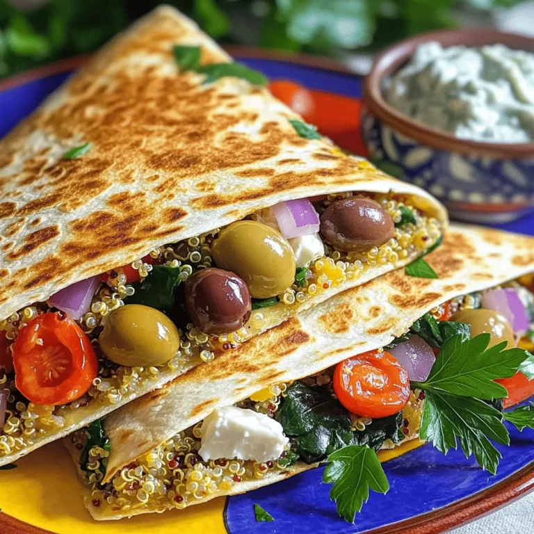 Cooking a Mediterranean quesadilla is simple. You need fresh and tasty ingredients. Here’s what you need: - 4 large flour tortillas - 1 cup cooked quinoa - 1/2 cup cherry tomatoes, halved - 1 cup fresh spinach, roughly chopped - 1/2 cup Kalamata olives, pitted and sliced - 1/2 cup feta cheese, crumbled - 1/4 cup red onion, thinly sliced - 1 teaspoon dried oregano - 1 teaspoon garlic powder - Olive oil for cooking - Salt and freshly ground black pepper to taste Each ingredient brings a special flavor. The cooked quinoa adds protein. Cherry tomatoes give sweetness. Fresh spinach adds color and nutrients. Kalamata olives add a salty taste. Feta cheese brings creaminess. Red onion adds a bit of bite. The seasonings tie everything together. I find that fresh ingredients make a big difference. They boost the taste and keep the dish light. Using high-quality olive oil helps, too. It enhances all the flavors. To make your quesadilla even better, you can check the [Full Recipe]. This will help with steps and cooking tips. Enjoy your cooking adventure! Mixing the Filling First, grab a large mixing bowl. Add the cooked quinoa to the bowl. Next, toss in the halved cherry tomatoes, chopped spinach, sliced Kalamata olives, crumbled feta cheese, and thinly sliced red onion. Sprinkle in the dried oregano and garlic powder. Season with salt and black pepper. Gently mix everything until well combined. This filling is bright, fresh, and packed with flavor. Preheating the Skillet Now, take a large skillet and place it on medium heat. Drizzle a bit of olive oil into the skillet. You want just enough oil to coat the bottom. This will help the quesadilla get a nice, crispy texture. Layering the Quesadilla Lay one flour tortilla flat in the skillet. Spread half of your quinoa filling evenly across the tortilla. Leave a small gap at the edges. This gap will help keep the filling inside when you fold it over. Cooking Until Golden Brown Carefully place a second tortilla on top of the filling. Let it cook for about 3-4 minutes. Watch the bottom tortilla turn golden brown. It should become crispy and delicious. Once it’s ready, use a spatula to flip the quesadilla over. Cook for another 3-4 minutes on this side. Both sides should be golden, and the cheese should melt. Slicing and Serving When done, remove the quesadilla from the skillet. Let it cool for a minute on a cutting board. Using a sharp knife or pizza cutter, slice it into wedges. Repeat this process for the remaining tortillas and filling mixture. Serve the warm wedges on a vibrant platter. Enjoy with a side of tzatziki sauce for added flavor. To get that perfect crispiness, heat your skillet well. I like to use medium heat. This helps the tortillas cook evenly without burning. Use enough olive oil to coat the pan lightly. You want a nice sizzle when the tortilla hits the skillet. This sound means you are on the right track. Flip the quesadilla only when the bottom is golden brown. This step keeps the filling inside warm and delicious. Be careful not to overstuff your quesadilla. It is tempting to add extra filling, but this can make cooking tricky. Stick to about half of the filling per tortilla. This helps keep everything contained. If you overstuff, the quesadilla may fall apart. No one wants a messy plate. For a burst of flavor, season your filling well. Use dried oregano and garlic powder, as I do in my recipe. A pinch of salt and black pepper adds a nice kick. Feel free to experiment with herbs. Try adding basil or thyme for a twist. Fresh herbs can also brighten the dish. Cheese is key for a great quesadilla. Feta cheese offers a salty kick that pairs well with the Mediterranean flavors. You can mix it with mozzarella or Monterey Jack for gooeyness. This combo melts beautifully and adds depth to each bite. Don't be afraid to play with different cheese blends! For the full recipe, check out the Mediterranean Quesadilla Delight. {{image_4}} You can easily personalize your Mediterranean quesadilla. For vegetarian additions, try adding bell peppers, zucchini, or artichokes. These colorful veggies add crunch and taste. You can also use different greens, like kale or arugula, for a twist. For protein options, grilled chicken or shrimp work well. Simply season and cook them before adding to your filling. You can also add chickpeas for more protein. This makes your quesadilla hearty and satisfying. To give your quesadilla a Mediterranean-style flair, spread hummus on the tortillas before adding the filling. This adds creaminess and a unique flavor. You can also sprinkle on some za'atar spice for a touch of warmth. If you want a Mexican-inspired version, you can swap feta cheese for pepper jack. Add black beans and corn to the filling. This mix offers a fun flavor twist while still keeping that Mediterranean essence. For the full recipe, check out the Mediterranean Quesadilla Delight. Refrigeration Tips After enjoying your Mediterranean quesadilla, store leftovers in the fridge. Place them in an airtight container. They stay fresh for up to three days. Make sure they cool down first. This helps prevent sogginess. Freezing Guidelines For longer storage, freeze your quesadilla. Wrap each one tightly in plastic wrap. Then, place them in a freezer-safe bag. This keeps them good for about three months. To enjoy later, thaw in the fridge overnight. Best Methods for Crispiness To reheat your quesadilla and keep it crispy, use a skillet. Heat it over medium heat. Place the quesadilla in the skillet for about three to five minutes. Flip it halfway through for even heating. If you want, you can use an oven. Preheat it to 350°F (175°C). Bake for ten to fifteen minutes. This gives a nice crisp texture. Enjoy your meal! For more details, check the Full Recipe. What are the key flavors in a Mediterranean Quesadilla? The key flavors come from fresh ingredients and spices. You have the salty taste of feta cheese, the rich flavor of Kalamata olives, and the earthiness of quinoa. Cherry tomatoes add sweetness, while spinach brings a fresh note. Dried oregano and garlic powder tie all these flavors together, making each bite delightful. Can I use different types of cheese? Yes, you can! Feel free to mix and match cheeses. Mozzarella melts well and adds creaminess. Goat cheese gives a tangy flavor. You can even try a spicy pepper jack for some heat. Each cheese will change the quesadilla taste, so choose what you love. How do I make a gluten-free version? To make a gluten-free quesadilla, swap flour tortillas for gluten-free tortillas. Many brands offer good options made from rice or corn. Just check the label to ensure they are gluten-free. The filling stays the same, so you get all the great flavors. Can I prepare the filling in advance? Yes, you can! Preparing the filling in advance saves time. Just mix the cooked quinoa, chopped veggies, and spices in a bowl. Store it in the fridge for up to two days. When you're ready, just assemble and cook your quesadillas. What dips pair well with Mediterranean Quesadillas? Several dips work well! Tzatziki sauce adds a cool, creamy touch. Hummus offers a smooth, rich flavor that complements the quesadilla. A simple yogurt dip with herbs is also tasty. Choose your favorite for a delicious sidekick! For more detailed instructions, check out the Full Recipe. This article covered the tasty Mediterranean quesadilla and its key ingredients, like quinoa, feta, and olives. We discussed step-by-step instructions for preparation and cooking, along with tips for perfecting your dish. You can customize your quesadilla in many ways and store leftovers easily. Remember, you can experiment with flavors and combinations to find what you love most. Enjoy your cooking journey and make it your own!