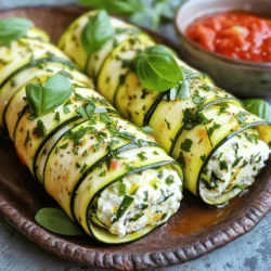 - 2 medium zucchinis - 1 cup ricotta cheese - 1/4 cup grated Parmesan cheese - 1/4 cup fresh basil, finely chopped - 2 tablespoons fresh parsley, finely chopped - 1 garlic clove, minced - 1 teaspoon lemon zest - Salt and pepper to taste - 1 cup marinara sauce (for serving) - Olive oil for drizzling - Vegetable peeler or mandoline - Baking sheet - Parchment paper - Mixing bowl To make Herbed Ricotta Zucchini Roll Ups, you need fresh ingredients and simple tools. Zucchini serves as the perfect base, bringing a mild flavor and nice texture. Ricotta cheese adds creaminess, while Parmesan gives a salty kick. Fresh herbs like basil and parsley brighten up the dish. Garlic and lemon zest provide depth, making each bite exciting. I like using a vegetable peeler or mandoline to get even zucchini strips. This way, they cook uniformly and roll easily. Lining a baking sheet with parchment paper makes cleanup simple and prevents sticking. A mixing bowl helps combine all the filling ingredients smoothly. Using quality ingredients makes a big difference. Fresh herbs enhance flavor and nutrition. This dish is not only tasty but also healthy. The total prep and cooking time is only about 30 minutes, making it a great choice for busy days. Check the Full Recipe for detailed steps. - Preheat oven to 400°F (200°C). - Slice zucchinis into thin strips, about 1/8-inch thick. - Arrange strips on a baking sheet lined with parchment. - Drizzle with olive oil and sprinkle with salt. - Roast for about 10 minutes, until just softened. Roasting the zucchini helps bring out its natural flavors. It also makes the strips pliable for rolling. Use a mandoline for even slices. This ensures all pieces cook at the same rate. After roasting, let them cool slightly before handling. - In a mixing bowl, combine ricotta cheese, grated Parmesan, chopped basil, and parsley. - Add minced garlic, lemon zest, salt, and pepper to taste. - Mix until smooth and well combined. This filling bursts with flavor. The herbs bring freshness, while the cheese adds creaminess. The lemon zest gives a bright note that balances the richness. Taste the mix before rolling it. Adjust salt and pepper to your liking for the best flavor. - Take a zucchini strip and place about 1 tablespoon of the ricotta mixture at one end. - Roll the strip tightly, encasing the filling inside. - Place the roll seam-side down on a serving plate. - Repeat until all zucchini and filling are used. Assembling these roll-ups is fun and easy. Make sure to roll them tightly to keep the filling inside. You can serve these warm or at room temperature. Pair with marinara sauce for dipping. For the full recipe, check out the section above. Enjoy the fresh flavors of this dish! - Ensure zucchini is sliced evenly for uniform cooking. - Use a non-stick baking sheet or parchment to prevent sticking. When you cut the zucchini, aim for 1/8-inch strips. This thickness helps them cook evenly. If your slices are too thick, they may not roll up well. Using parchment paper is a smart choice. It keeps the zucchini from sticking to the pan. This way, you can enjoy the roll-ups without any mess. - Experiment with different herbs such as thyme or oregano. - Add red pepper flakes for a spicy kick. Mixing in herbs like thyme can change the taste. Thyme gives a warm, earthy flavor. Oregano adds a fresh touch. Try different combinations to find your favorite. For those who like heat, red pepper flakes are a must. Just a pinch can add a nice kick without overpowering the dish. - Arrange roll-ups on a platter and drizzle with olive oil. - Garnish with extra herbs for visual appeal. Presentation is key to making meals look tasty. Place the roll-ups neatly on a large platter. A drizzle of olive oil adds shine and flavor. Garnishing with herbs makes the dish pop visually. Fresh basil or parsley can brighten up your roll-ups. It’s an easy way to make your meal more inviting. For the full recipe, check out the details above! {{image_4}} For a gluten-free twist, simply swap out the marinara sauce. Look for a brand labeled gluten-free. This small change ensures that everyone can enjoy these roll-ups without worry. Always check labels to avoid hidden gluten. Want a vegan version? You can use tofu ricotta or cashew-based cheese. Both options work well and taste great. Make sure to use a plant-based sauce to keep it vegan-friendly. This way, you still enjoy creamy goodness without dairy. To kick up the flavor, try adding sun-dried tomatoes. They give a rich taste that pairs nicely with the zucchini. You can also incorporate other vegetables like bell peppers. This adds a colorful crunch and extra nutrients to your meal. The possibilities are endless, so feel free to experiment! For more details, check out the Full Recipe. After enjoying your Herbed Ricotta Zucchini Roll Ups, store any leftovers in an airtight container in the fridge. This will keep them fresh and tasty. It’s best to eat them within 2-3 days to enjoy their full flavor and texture. You can freeze uncooked roll-ups before baking. This is a great way to save time for later. Just make sure to wrap them tightly in plastic wrap and place them in a freezer bag. When you’re ready to enjoy them, thaw the roll-ups in the fridge overnight and bake as needed. To reheat your roll-ups, the oven works best for keeping their texture nice. Preheat the oven to 400°F. Place the roll-ups on a baking sheet and heat them for 10-15 minutes or until they are warmed through. This method will help them stay delicious and not soggy. Roasting at a high temperature helps remove moisture. Set your oven to 400°F (200°C). This crispness keeps the zucchini tender and tasty. It also allows the flavors to shine through. Yes, prepare and refrigerate them up to a day in advance. This makes meal prep easy. Just roll them up and store in a covered dish. When you're ready to eat, bake them for a quick meal. Pair with marinara sauce or a fresh salad for a complete meal. The marinara adds a nice tang. A crisp salad complements the soft roll-ups well. Yes, cream cheese or goat cheese can be substituted for ricotta. These options create a different taste. Each cheese brings its own unique flavor to the dish. Total time is approximately 30 minutes, including prep and cooking. This makes them a quick and easy dish for busy days. You can enjoy a tasty meal in no time! This recipe for Herbed Ricotta Zucchini Roll-Ups offers a tasty and healthy meal option. You learned how to prepare, assemble, and enhance these rolls. You can even customize them with variations like vegan or gluten-free adaptations. Remember to store leftovers properly and reheat for best flavor. Try these roll-ups for your next meal and enjoy the fresh flavors!