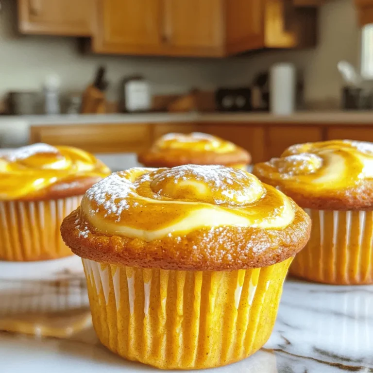 - 1 ½ cups all-purpose flour - 1 teaspoon baking powder - ½ teaspoon baking soda - ½ teaspoon salt - 1 teaspoon pumpkin pie spice - ½ teaspoon ground cinnamon - 1 cup canned pumpkin puree - ½ cup brown sugar, packed - ½ cup granulated sugar - 2 large eggs - 1/3 cup vegetable oil - 1 teaspoon vanilla extract - ½ cup cream cheese, softened - 2 tablespoons powdered sugar - 1 tablespoon milk I love using these simple ingredients for my pumpkin swirl muffins. The dry ingredients mix together easily. The flour gives the muffins a great base. Baking powder and baking soda help them rise. Salt highlights the sweet flavors. Pumpkin pie spice and cinnamon add warmth and depth. The wet ingredients bring moisture and sweetness. Canned pumpkin puree provides that rich pumpkin flavor. Brown sugar and granulated sugar add the right amount of sweetness. Eggs bind the mixture, making it fluffy. Vegetable oil keeps the muffins moist, while vanilla extract adds a lovely aroma. The cream cheese swirl is the star of the show. It adds a rich, creamy layer that contrasts the soft muffin. Mixing the softened cream cheese with powdered sugar and milk creates a smooth texture. This mixture swirls beautifully into the batter. If you want to make these muffins, check out the Full Recipe for all the steps! - Preheat the oven to 350°F (175°C). - Prepare muffin tin with liners or cooking spray. - Combine dry ingredients. - Mix wet ingredients until creamy. - Gradually incorporate dry into wet ingredients. To mix the dry ingredients, take a large bowl. Add 1 ½ cups all-purpose flour, 1 teaspoon baking powder, ½ teaspoon baking soda, ½ teaspoon salt, 1 teaspoon pumpkin pie spice, and ½ teaspoon ground cinnamon. Whisk these together until they blend smoothly. This mix creates the base for your muffins. Next, in a medium bowl, mix the wet ingredients. Add 1 cup canned pumpkin puree, ½ cup brown sugar, ½ cup granulated sugar, 2 large eggs, ⅓ cup vegetable oil, and 1 teaspoon vanilla extract. Beat these until you have a creamy texture. Now, slowly add the dry mix to the wet mix. Stir gently until combined. Do not overmix; a few lumps are okay. - Blend cream cheese, powdered sugar, and milk. - Create the swirl in muffin cups. In a small bowl, blend ½ cup softened cream cheese with 2 tablespoons powdered sugar and 1 tablespoon milk. Mix until it's smooth. This mixture is your tasty cream cheese swirl. - Fill muffin cups and add cream cheese. - Bake for 18-20 minutes. - Cool before serving. Spoon half of the muffin batter into each prepared muffin cup. Fill them about halfway. Then, add a dollop of the cream cheese mix in the center of each cup. Top with the remaining batter, making sure the cream cheese is partly visible. Use a toothpick to gently swirl the cream cheese into the batter. This step makes your muffins look fancy. Place the muffin tin in the oven. Bake for 18-20 minutes. To check if they are done, insert a toothpick into the center. It should come out clean or with a few moist crumbs. Once baked, cool the muffins in the tin for about 5 minutes. Then, move them to a wire rack to cool completely. For the full recipe, check out the ingredient list above. Enjoy your delicious pumpkin swirl muffins! - Use room temperature ingredients for better mixing: When you use ingredients like eggs or pumpkin puree at room temperature, they blend better. This helps your muffins rise and become fluffy. - Avoid overmixing for fluffier muffins: Mix your batter gently. Overmixing can make your muffins tough. A few lumps are okay; they’ll bake out! - Dust with powdered sugar before serving: A light sprinkle of powdered sugar adds a nice touch. It makes them look fancy and inviting. - Add seasonal garnishes for visual appeal: Try adding a few pumpkin seeds or a sprig of mint on top. These small touches make your muffins stand out. - Adjust spices according to taste: If you love spice, add more cinnamon or nutmeg. Taste as you mix and find your perfect blend. - Experiment with different nut toppings: Walnuts or pecans can add crunch. Sprinkle some on top of the muffins before baking for added flavor and texture. For a detailed recipe, check out the Full Recipe. {{image_4}} To make vegan pumpkin swirl muffins, you can easily swap out eggs and cream cheese. Use flax seeds or chia seeds as egg replacements. Mix one tablespoon of flaxseed meal with three tablespoons of water for each egg. For the cream cheese, use a vegan cream cheese alternative. This way, you keep all the flavor and texture without using animal products. If you're looking for a gluten-free option, use a gluten-free flour blend. Many blends work well in baking. Just ensure it has xanthan gum to help with texture. Follow the same steps in the recipe. You won’t lose any taste or fluffiness. You can add fun extras to these muffins. Consider incorporating nuts, chocolate chips, or dried fruit. Chopped walnuts or pecans add crunch and flavor. Chocolate chips give a sweet surprise. Dried cranberries or raisins can add a tartness that balances the sweetness. Mix and match to create your perfect muffin. Enjoy the creativity! For the full recipe, check out the instructions above. Store your muffins in an airtight container. This keeps them soft and fresh. They stay good for about two days at room temperature. After that, they may dry out. To keep your muffins fresh in the fridge, place them in a sealed container. This helps preserve their flavor and texture. They can last up to one week this way. Just remember to let them warm up before eating for the best taste. Freezing is a great option if you want to save muffins for later. First, wrap each muffin in plastic wrap. Then, place them in a freezer bag. This helps prevent freezer burn. They can last up to three months in the freezer. When you're ready to enjoy them, let them thaw in the fridge overnight. You can also warm them in the microwave for a quick snack. For the full recipe of the Pumpkin Swirl Muffins, check out the details above! Yes, you can make these muffins ahead of time. Store them in an airtight container at room temperature for up to three days. If you want them to last longer, you can refrigerate them for about a week. To reheat, pop them in the microwave for 10-15 seconds or enjoy them cold. If you don’t have pumpkin puree, you can use applesauce or mashed bananas. Both options add moisture but will change the flavor a bit. Applesauce gives a sweet touch, while bananas add a fruity note. To check if the muffins are done, use the toothpick test. Insert a toothpick into the center of a muffin. If it comes out clean or with a few moist crumbs, your muffins are ready. Yes, you can use different cheeses for the swirl. Mascarpone or ricotta cheese works well as a cream cheese replacement. They will create a different flavor but still taste great in the muffins. You learned how to make delicious pumpkin muffins with a cream cheese swirl. We covered the ingredients like flour, pumpkin puree, and spices. You saw the step-by-step guide to mixing and baking, plus tips for perfect results. Remember, you can adjust flavors or try vegan options. These muffins taste great fresh or stored. Enjoy baking and savoring these treats!