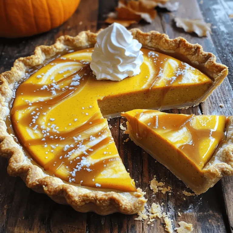 To make a delicious salted caramel pumpkin pie, you'll need these key ingredients: - 1 pre-made 9-inch pie crust - 1 can (15 oz) pumpkin puree - 3/4 cup packed brown sugar - 1/4 cup granulated sugar - 1 teaspoon ground cinnamon - 1/2 teaspoon ground nutmeg - 1/2 teaspoon ground ginger - 1/4 teaspoon ground cloves - 3 large eggs - 1 cup heavy cream - 1 teaspoon pure vanilla extract - 1/2 cup salted caramel sauce (homemade or store-bought) - Sea salt flakes for garnish To create this pie, gather these essential tools: - 9-inch pie dish - Mixing bowls - Whisk - Spatula - Measuring cups and spoons - Knife for cutting Selecting the right ingredients makes a big difference. Here’s what to look for: - Pumpkin puree: Choose 100% pure pumpkin. Avoid pumpkin pie filling, as it contains added sugars and spices. - Sugars: Use fresh brown sugar for a rich flavor. Granulated sugar should be fine and dry. - Spices: Fresh spices bring out better flavors. Check the date on the spice jar for freshness. - Heavy cream: Select high-fat cream for a rich texture. Look for cream with no additives. - Salted caramel: If you make your own, use quality butter and brown sugar. Store-bought should have simple ingredients. These choices will help your pie taste amazing. Follow the full recipe to create a dessert everyone will love! Begin by preheating your oven to 425°F (220°C). This helps the crust bake well. Next, take your pre-made pie crust. Fit it into a 9-inch pie dish. Press it firmly into the bottom and sides. Trim any excess pastry for a clean edge. This neatness makes for a pretty pie. In a large bowl, combine the pumpkin puree, brown sugar, and granulated sugar. Add cinnamon, nutmeg, ginger, and cloves. Whisk these ingredients well until they blend into a smooth mixture. Crack the eggs into the bowl, then add the heavy cream and vanilla extract. Mix vigorously until the filling is silky. Drizzle half of the salted caramel sauce into this filling. Use a spatula to fold it in gently. This creates a beautiful marbled effect. Carefully pour the pumpkin filling into your prepared pie crust. Smooth the top if needed. Place the pie in the oven and bake for 15 minutes at 425°F (220°C). After that, lower the oven temperature to 350°F (175°C). Bake for an additional 35 to 40 minutes. You’ll know it’s done when a knife inserted in the center comes out clean. Once baked, let the pie cool for at least 2 hours. This time helps the filling set properly. Before serving, drizzle the remaining salted caramel sauce on top. Sprinkle with sea salt flakes for that perfect sweet and salty touch. To make a great pie, focus on the filling. Whisk it until smooth. The mix should not be lumpy. Use fresh eggs and high-quality cream for best results. They add richness and creaminess. Bake at the right temperatures. Start hot to set the crust, then lower the heat. This method ensures your filling cooks evenly. Let the pie cool for at least two hours. This step helps it firm up for easy slicing. When it’s time to serve, slice the pie into wedges. Place each slice on a plate. Add a dollop of whipped cream on top. Drizzle extra salted caramel sauce over the cream. It adds a tasty touch. You can also sprinkle some sea salt flakes on top. This contrast enhances the sweet flavor. Serve with coffee or tea for a warm touch. Toppings can elevate your pie. Fresh whipped cream is a classic choice. You might also try vanilla ice cream for a cold treat. For a crunchy twist, add some chopped nuts. Pecans or walnuts pair well with pumpkin. You can also add a sprinkle of cinnamon on top. This adds warmth and spice. If you want to get creative, drizzle some chocolate sauce. It gives a fun twist to the classic taste. For more details, check the Full Recipe. {{image_4}} If you want to change the crust, try these ideas: - Graham cracker crust: Crush graham crackers and mix with melted butter. - Cookie crust: Use crushed Oreos or ginger snaps for a sweet twist. - Nut crust: Blend nuts like almonds or pecans with butter for a gluten-free option. These choices add unique flavors and textures to your pie. Want a lighter pie? Substitute these ingredients: - Greek yogurt for heavy cream: This adds creaminess with less fat. - Maple syrup instead of brown sugar: It gives the pie a warm flavor. - Pumpkin spice blend: Use this in place of individual spices for ease. These swaps keep the taste rich while making it a bit healthier. To make your pie special, add these seasonal touches: - Chopped pecans: Stir in some nuts for crunch. - Dried cranberries: They add a tart burst that pairs well with pumpkin. - Fresh herbs: A touch of thyme or rosemary can bring a fresh note. These add-ins make every slice exciting and new. For the complete recipe, check out the Full Recipe. To keep your salted caramel pumpkin pie fresh, let it cool. Cover it with plastic wrap or aluminum foil. Store it in the fridge. Leftover pie can last up to four days. Make sure it is well covered to avoid drying out. Use an airtight container for best results. A glass dish with a lid works great. You can also use the pie dish with plastic wrap. Just ensure it’s snug to protect the pie. This keeps the flavors intact and prevents odors from other foods in the fridge. When you want to enjoy your pie again, reheat it gently. Preheat your oven to 350°F (175°C). Place the pie in the oven for about 10-15 minutes. This warms it while keeping the crust crisp. If you prefer, you can microwave a slice for about 30 seconds. Just be careful not to overheat it, as this might make the filling too hot. The key is to keep that delicious taste and texture alive. Enjoy your pie just as you made it! Yes, you can use fresh pumpkin. Start by roasting a sugar pumpkin. Cut it in half, scoop out the seeds, and bake it at 350°F (175°C) for about an hour. After it cools, scoop the flesh into a bowl and blend until smooth. Use this fresh puree in your pie recipe, just like you would use canned pumpkin. Making homemade salted caramel sauce is simple. You need sugar, butter, cream, and sea salt. First, heat 1 cup of sugar in a saucepan over medium heat. Stir it gently until it melts and turns golden brown. Next, add 6 tablespoons of butter and mix until melted. Slowly pour in 1/2 cup of cream, stirring constantly. Remove from heat and add a pinch of sea salt. Let it cool and enjoy! To prevent a soggy crust, blind bake it. This means you pre-bake the crust before adding the filling. Use pie weights or dried beans to hold it down. Bake it for 15 minutes, then remove the weights and bake for another 5-10 minutes until golden. This helps keep the crust crispy. The pie stays fresh in the fridge for about 3 to 4 days. Cover it tightly with plastic wrap or foil. This keeps air out, which helps preserve its taste and texture. Enjoy it chilled or warmed up! Yes, you can freeze the pie! Wrap it well in plastic wrap and then in aluminum foil. It can last for up to 2 months in the freezer. When ready to eat, let it thaw in the fridge overnight. You can warm it up in the oven if you like. For the complete recipe, check out the [Full Recipe]. In this post, we covered all the steps to make your perfect pumpkin pie. We listed the key ingredients, tools, and tips for picking quality items. We also outlined how to prepare the crust and filling, bake, and serve. Don't forget the fun variations and storage tips at the end. Now, you have all the tools and tricks you need to impress. Enjoy baking and eating your delicious pie!