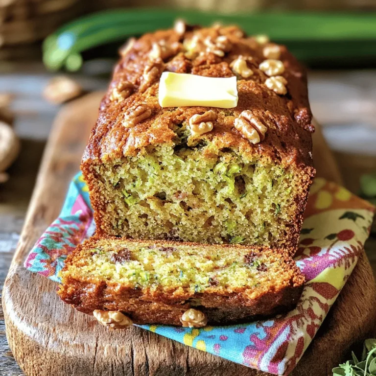 To make retro zucchini bread, gather these items: - 2 cups grated zucchini (about 2 medium zucchinis) - 1 cup granulated sugar - 1 cup packed brown sugar - 1 cup vegetable oil - 3 large eggs - 2 teaspoons vanilla extract - 3 cups all-purpose flour - 1 teaspoon baking soda - 1 teaspoon baking powder - 1 teaspoon ground cinnamon - 1/2 teaspoon ground nutmeg - 1/2 teaspoon salt - 1 cup chopped walnuts (optional) - 1/2 cup raisins or chocolate chips (optional) You can add a personal touch to your zucchini bread. Here are some fun options: - Chopped pecans instead of walnuts for a different nutty taste. - Dried cranberries can replace raisins for a tart flavor. - Cocoa powder for a chocolate twist. Just reduce the flour by 1/4 cup. - Zest of orange or lemon can brighten the flavor. Just add one teaspoon. If you don't have some ingredients, don't worry! Here are some swaps: - Use applesauce instead of vegetable oil for a lower fat option. Use 3/4 cup. - Brown sugar can be replaced with coconut sugar for a more natural sweetener. - For gluten-free bread, try almond flour or a gluten-free flour blend. - Flax eggs (1 tablespoon flaxseed meal mixed with 2.5 tablespoons water) can replace eggs for a vegan option. Using the right ingredients makes your retro zucchini bread tasty and special. Check out the Full Recipe for step-by-step instructions! First, gather all your ingredients. You will need: - 2 cups grated zucchini (about 2 medium zucchinis) - 1 cup granulated sugar - 1 cup packed brown sugar - 1 cup vegetable oil - 3 large eggs - 2 teaspoons vanilla extract - 3 cups all-purpose flour - 1 teaspoon baking soda - 1 teaspoon baking powder - 1 teaspoon ground cinnamon - 1/2 teaspoon ground nutmeg - 1/2 teaspoon salt - 1 cup chopped walnuts (optional) - 1/2 cup raisins or chocolate chips (optional) Preheat your oven to 350°F (175°C). Prepare two 9x5 inch loaf pans. Grease them lightly or line them with parchment paper. This helps when you take the bread out later. In a large mixing bowl, combine the grated zucchini, granulated sugar, brown sugar, and vegetable oil. Use a spatula to mix everything well. Make sure it’s blended evenly. Next, crack the eggs into the bowl one by one. Mix well after each egg. Add the vanilla extract and continue stirring until the mixture is smooth. In another bowl, sift together the flour, baking soda, baking powder, cinnamon, nutmeg, and salt. Whisk these dry ingredients well. This removes lumps and combines everything nicely. Now, slowly add the dry ingredients into the wet zucchini mixture. Stir gently until just combined. Don’t overmix, or the bread may turn out dense. If you want, fold in the walnuts, raisins, or chocolate chips now. This adds fun flavors and textures to your bread. Pour the batter evenly into the prepared loaf pans. Smooth the top with a spatula. Place the pans in your preheated oven. Bake for 50-60 minutes. To check if it’s done, insert a toothpick into the center. It should come out clean. After baking, let the zucchini bread rest in the pans for about 10 minutes. Then, transfer the loaves to a wire rack to cool completely. Enjoy the wonderful smell as it cools! To keep your zucchini bread moist, use fresh zucchini. Grate it just before mixing. This helps retain its water content. If your zucchini is very watery, you can squeeze out some liquid. Just place it in a clean towel and wring it gently. This keeps your bread from being too wet. Adding both granulated and brown sugars enhances flavor, giving a nice depth. The brown sugar adds a hint of caramel. Baking time is key for perfect zucchini bread. Start checking it at 50 minutes. Insert a toothpick into the center. If it comes out clean, it’s done. If not, check every five minutes. Ovens can vary, so use your senses. Look for a golden-brown crust. The bread should spring back when you touch it lightly. When serving, slice the bread while it’s warm. This makes for a delightful experience. Spread a bit of butter on top for a rich taste. You can also serve it with cream cheese for a fun twist. Try wrapping a slice in a vintage napkin for a retro feel. This adds charm to your presentation. {{image_4}} You can make zucchini bread healthier in easy ways. Use whole wheat flour instead of all-purpose flour. This swap adds fiber and nutrients. You can also reduce the sugar. Try using half the sugar, or substitute with applesauce. This keeps the bread moist while lowering calories. These small changes make a big impact on health. Get creative with flavors! You can add spices like ginger or allspice to enhance taste. Try adding a teaspoon of vanilla or almond extract for a twist. Mix-ins like dried cranberries, or chopped apples can add fun textures. For chocolate lovers, swap in chocolate chips instead of raisins. Each option gives a new spin to your zucchini bread! Want a quick snack? Bake mini loaves or muffins instead of a big loaf. This makes them easier to grab on the go. Fill muffin tins about two-thirds full for perfect portions. Baking time will change; muffins usually need just 20-25 minutes. Check with a toothpick to see if they're done. This makes sharing fun and simple! To keep your zucchini bread fresh, wrap it well. Use plastic wrap or aluminum foil. Store it at room temperature for up to three days. For longer storage, put it in the fridge. This can help it last up to a week. Always check for mold before eating. If you see any, throw it away. You can freeze zucchini bread for later use. First, let the bread cool completely. Then, wrap it tightly in plastic wrap. After that, place it in a freezer bag. Be sure to remove as much air as possible. Label the bag with the date. It can stay good in the freezer for up to three months. When you're ready to enjoy it, just thaw it in the fridge overnight. To reheat your zucchini bread, preheat the oven to 350°F (175°C). Unwrap the bread and place it in the oven for about 10-15 minutes. This warms it nicely without drying it out. If you're in a hurry, you can use a microwave. Heat it for about 20-30 seconds. Just be careful not to overheat, as it may get tough. Enjoy your delicious Retro Zucchini Bread warm! For the complete recipe, check out the Full Recipe. Zucchini bread has roots in the United States. It became popular in the 1970s. Home cooks loved it as a way to use up excess zucchini. This veggie is often abundant in summer gardens. People began to add spices, nuts, and fruits. Soon, zucchini bread became a favorite treat. It is moist, sweet, and packed with flavor. Many families have their own special recipes. Yes, you can use frozen zucchini! Just remember to thaw it first. Squeeze out any extra water before adding it to the mix. This helps keep your bread from getting soggy. Frozen zucchini works well and saves time. It’s a great option when fresh zucchini is not available. To check if your zucchini bread is done, insert a toothpick into the center. If it comes out clean, your bread is ready. You can also gently press the top. If it springs back, it’s done. Baking usually takes 50 to 60 minutes. Keep an eye on it to avoid overbaking. Zucchini bread pairs well with many tasty options. A pat of butter adds rich flavor. You can also try cream cheese for a creamy touch. Some enjoy it with a drizzle of honey. It tastes great with coffee or tea, too. Explore different toppings to find your favorite combination! Zucchini bread is simple and fun to make. We covered the key ingredients, step-by-step instructions, and tips for success. You learned about variations to fit your taste and how to store it properly. In conclusion, enjoy baking zucchini bread your way. Experiment and share it with others. Happy baking!