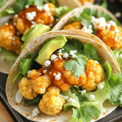 To make these tasty wraps, you need a mix of fresh and pantry staples. Here is what you will need: - 1 medium head of cauliflower, cut into bite-sized florets - 1/2 cup all-purpose flour - 1/2 cup almond milk (or any preferred non-dairy milk) - 1/2 cup breadcrumbs (Panko recommended for extra crunch) - 1 teaspoon garlic powder - 1 teaspoon onion powder - 1 teaspoon smoked paprika - 1/2 teaspoon sea salt - 1/4 teaspoon freshly ground black pepper - 1/4 cup honey - 2 tablespoons chipotle sauce (adjust to taste based on spice preference) - 4 large whole wheat tortillas - 1 cup fresh shredded lettuce - 1 ripe avocado, sliced - 1/2 cup crumbled feta cheese (optional) - Fresh cilantro sprigs, for garnish These ingredients work together to create a sweet and spicy flavor. The cauliflower serves as a great base, soaking up the honey chipotle sauce. You can easily change up this recipe based on what you like. Here are some ideas: - Add roasted red peppers for extra sweetness. - Include diced tomatoes for a fresh touch. - Substitute the feta with vegan cheese for a dairy-free option. - Use different greens like spinach or arugula for a twist. These options let you personalize your wrap to fit your taste. Each serving packs a punch with flavor and nutrition. Here’s what you can expect: - Calories: 350 - Protein: 10g - Carbohydrates: 50g - Fat: 15g - Fiber: 8g These wraps offer a balanced meal that satisfies. You get a mix of protein, carbs, and healthy fats. Enjoy the flavors while feeling good about what you eat! For the complete recipe, see the Full Recipe link. Start by preheating your oven to 425°F (220°C). Line a baking sheet with parchment paper. This helps the wings not stick. In a bowl, mix 1/2 cup all-purpose flour, 1/2 cup almond milk, 1 teaspoon garlic powder, 1 teaspoon onion powder, 1 teaspoon smoked paprika, 1/2 teaspoon sea salt, and 1/4 teaspoon black pepper. Whisk until smooth with no lumps. Now, take each cauliflower floret and dip it in the batter. Let any extra batter drip off. Next, coat each floret with breadcrumbs. Press gently so they stick well. Place the breaded florets on the baking sheet in a single layer. Bake for 25-30 minutes. Flip halfway through to ensure even crispiness. While the wings bake, prepare the sauce. In a small saucepan, combine 1/4 cup honey and 2 tablespoons chipotle sauce. Heat it on low. Stir often until warm and mixed well. Once the cauliflower wings are done, take them out of the oven. Drizzle the warm sauce over the crispy florets. Toss gently to coat each piece evenly. Grab a whole wheat tortilla. Start with a layer of fresh shredded lettuce. Then add the honey chipotle cauliflower wings. Next, place slices of ripe avocado on top. You can also add crumbled feta cheese if you like. Fold in the sides of the tortilla. Roll it up tightly from the bottom. If you want, slice the wrap in half for easy eating. Lastly, garnish each wrap with fresh cilantro sprigs. This adds a pop of color and taste to your wraps. Enjoy your delicious Honey Chipotle Cauliflower Wing Wraps! For more details, check the Full Recipe. To make your cauliflower wings extra crunchy, follow these steps: - Use Panko breadcrumbs. They add a great crunch. Regular breadcrumbs work too, but Panko is better. - Do not overcrowd the baking sheet. Give each floret space to crisp up. If they touch, they may steam instead of bake. - Flip halfway through baking. This ensures even browning. You want both sides crispy. - Let them cool slightly before serving. This helps keep their crunch. Hot wings can steam and lose that crisp. These Honey Chipotle Cauliflower Wing Wraps shine with these ideas: - Add a fresh salad on the side. A simple green salad pairs well with the wraps. - Serve with extra sauce. A small bowl of honey chipotle sauce makes dipping fun. - Top with fresh herbs. Chopped cilantro or green onions can brighten the dish. - Try a side of rice or quinoa. This adds a hearty touch to your meal. You can customize your wraps to fit many dietary needs: - Gluten-free option: Use gluten-free flour and breadcrumbs for the batter. - Dairy-free: Substitute feta cheese with avocado or leave it out completely. - Nut-free: Use oat milk or soy milk instead of almond milk in the batter. - Spice control: Adjust chipotle sauce based on your heat preference. Reduce for milder wings or increase for more heat. For the complete recipe on how to make these wraps, check out the Full Recipe section. {{image_4}} You can change the sauce to suit your taste. Try a buffalo sauce for more heat. A garlic aioli adds a creamy touch. You can mix honey with soy sauce for a sweet-savory twist. Each sauce brings its own flair to the wrap, making it new every time. Just keep the honey chipotle sauce base for a good start. You can adjust the spice level by adding more or less chipotle sauce. If you need gluten-free wraps, use corn tortillas instead of whole wheat. They offer a great taste and work well with the filling. Look for gluten-free flour if you want to make a batter. This way, you can still enjoy crunchy cauliflower wings. Always check labels to ensure all ingredients are gluten-free. For plant-based diets, skip the feta cheese. Instead, use avocado or a cashew cream for creaminess. You can also add extra veggies, like bell peppers or cucumbers, for crunch. Make sure your tortilla is plant-based too. This keeps your wrap tasty and fully vegan. You can find many plant-based sauces that pair well with the wings too. Feel free to explore these variations while making your Honey Chipotle Cauliflower Wing Wraps. For the full recipe, be sure to check out the complete guide! To keep your Honey Chipotle Cauliflower Wing Wraps fresh, store them in an airtight container. Allow them to cool to room temperature before sealing. Place parchment paper between each wrap to prevent sticking. These wraps can last in the fridge for up to three days. When you’re ready to enjoy your leftovers, reheat them in an oven for the best texture. Preheat your oven to 350°F (175°C). Place the wraps on a baking sheet and heat for about 10-15 minutes. This method helps keep the wraps crispy. You can also use a microwave, but the texture may not be as good. If you want to save these wraps for later, freezing is a great option. Wrap each one tightly in plastic wrap and then place them in a freezer bag. They can last in the freezer for up to a month. To reheat, thaw in the fridge overnight and then follow the reheating instructions above. Enjoy the delicious flavor anytime! Yes, you can use frozen cauliflower. However, make sure to thaw and drain it first. This ensures the wrap stays crunchy. If you skip thawing, the cauliflower might release too much moisture. This can make the wings soggy. You can use maple syrup or agave nectar as a honey substitute. Both options provide a sweet taste. They will keep the sauce thick and delicious. Adjust the amount based on your sweetness preference. The spice level mainly comes from the chipotle sauce. If you prefer less heat, add less sauce. Start with one tablespoon and taste the mix before adding more. You can always add heat, but it’s hard to take it away! In this post, we explored the delicious Honey Chipotle Cauliflower Wing Wraps. First, we looked at main and optional ingredients, ensuring you can customize your wraps. Next, I shared step-by-step instructions for preparing the wings and sauce. We also discussed tips for perfect crunch and storage methods for leftovers. These wraps are simple, tasty, and adaptable. I hope you try making them at home. Enjoy your cooking adventure!