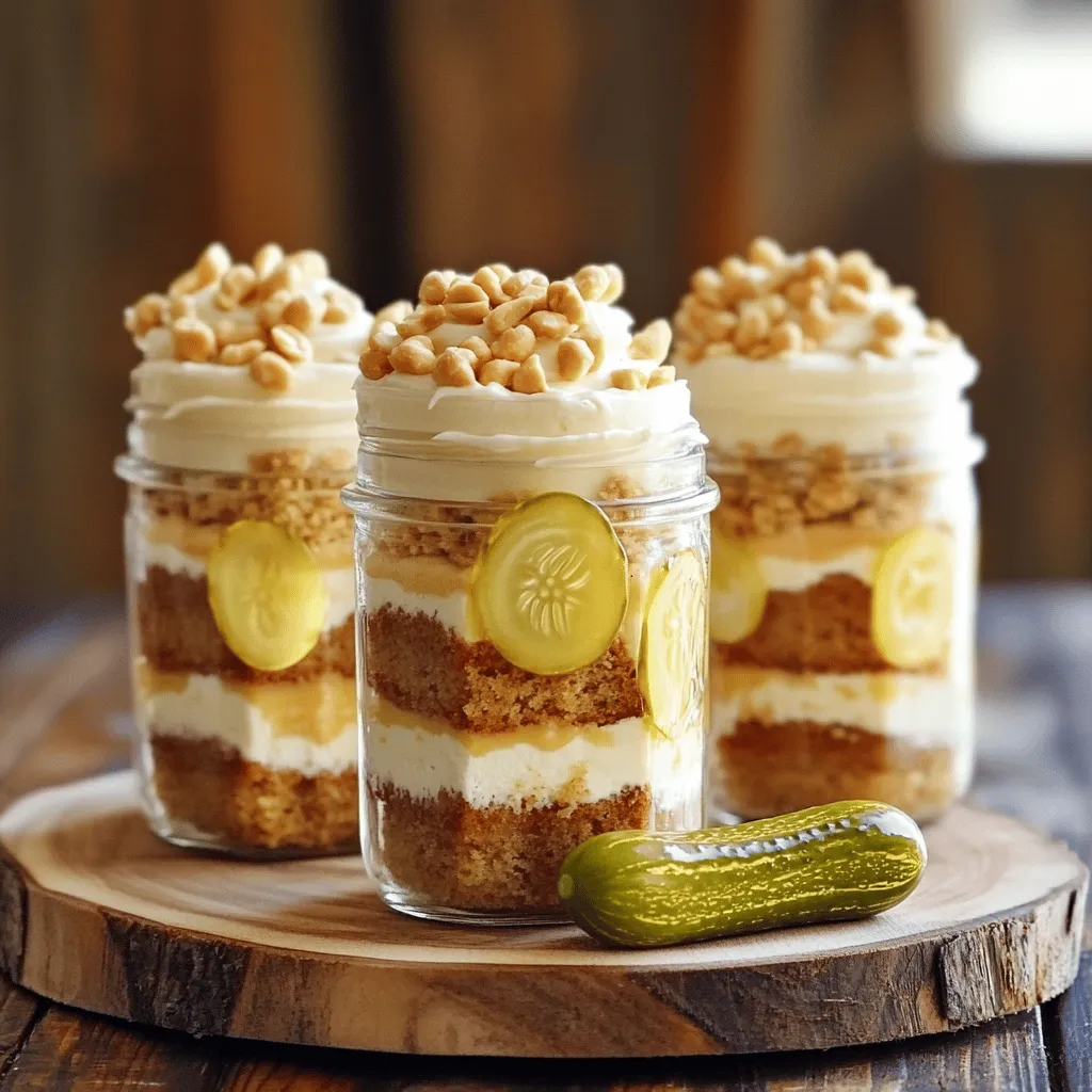 To make these tasty cake jars, gather the following ingredients: - 1 cup all-purpose flour - 1 teaspoon baking powder - 1/2 teaspoon baking soda - 1/4 teaspoon salt - 1/4 cup unsalted butter, softened - 1/2 cup granulated sugar - 2 large eggs - 1/2 cup creamy peanut butter - 1/2 cup dill pickle juice - 1 cup diced pickles (sweet or dill) - 1/2 cup creamy frosting - Crushed peanuts for garnish You can add some fun extras to your cake jars. Here are some ideas: - Whipped cream for a creamy layer - Chocolate chips for extra sweetness - A drizzle of caramel sauce for a salty-sweet twist - A decorative slice of dill pickle on top If you need to swap out an ingredient, here are some options: - Use whole wheat flour for a healthier twist. - Replace unsalted butter with coconut oil for a dairy-free option. - If you like a bit of crunch, try using crunchy peanut butter. - Use vinegar mixed with water if you can't find dill pickle juice. These tips will help you make the best Peanut Butter Pickle Cake Jars. For the complete recipe, check the Full Recipe section. First, gather all your baking supplies. You will need an 8-inch square pan, parchment paper, and mixing bowls. This keeps your baking smooth. Preheat your oven to 350°F (175°C). Line the baking pan with parchment paper. This helps you lift the cake out easily later. Now, let's make the cake batter. In a medium bowl, mix the flour, baking powder, baking soda, and salt. Whisk these dry ingredients well, then set them aside. In a large bowl, beat the softened butter with sugar. Use an electric mixer on medium speed. Mix until it is light and fluffy. This takes about 3 minutes. Next, add the eggs one at a time. Make sure each egg is mixed in before adding the next. Then, add the creamy peanut butter and mix until it’s smooth. Gradually add the dry ingredients, alternating with dill pickle juice. Start and end with the dry mix. Be careful not to overmix! Now fold in the diced pickles. This adds a fun crunch to your cake. Once the cake is baked and cooled, cut it into squares. Now, it’s time to assemble your jars. Grab a clean mason jar. Start with a piece of cake at the bottom. Next, add a layer of frosting on top. Repeat this layer until the jar is full. Leave some space at the top for the fun toppings. To finish, sprinkle crushed peanuts on the frosting. This adds a nice texture. For a fun touch, place a slice of dill pickle on the rim of the jar. It looks great and adds a hint of flavor! To get the best cake texture, you must mix the batter well but not too much. Overmixing can make the cake dense. When you combine the dry and wet ingredients, mix until just blended. This way, your cake stays light and fluffy. Also, using room-temperature ingredients helps. It mixes better and gives a nice rise. If you have extra cake jars, store them in the fridge. Cover each jar tightly with a lid or plastic wrap. This helps keep the cake moist. The jars can last for about 3 to 5 days. If you want to keep them longer, consider freezing them. Just make sure to use freezer-safe jars. Thaw in the fridge before enjoying them again. To make your cake jars look stunning, layer them neatly. Use clear mason jars to show off the pretty layers. Garnish with crushed peanuts on top for crunch. A slice of dill pickle on the rim adds a fun twist. Display the jars on a rustic wooden board for a charming look. You can even tie colorful ribbons around the jars to make them pop! {{image_4}} You can switch up the frosting for your cake jars. Instead of creamy frosting, try using a tangy cream cheese frosting. This will enhance the flavor of the pickles and add a nice twist. If you want a lighter option, use whipped cream. It will make the cake feel airy and fresh. Get creative with flavors! You can add chocolate chips for a sweet touch. If you enjoy spices, try cinnamon or nutmeg in the cake batter. These spices will add warmth and depth. You can also mix in fruits like apples or bananas. They will bring a natural sweetness to the cake. To make this recipe gluten-free, swap all-purpose flour for almond or coconut flour. This change keeps the cake moist. For a vegan version, replace the eggs with flax eggs. Mix 1 tablespoon of ground flaxseed with 3 tablespoons of water for each egg. Use a vegan butter substitute for the frosting. These adjustments keep the essence of the cake while catering to different diets. For the complete recipe, check out the Full Recipe. Store your peanut butter pickle cake jars with care. First, make sure the jars are sealed tightly. This keeps the cake fresh longer. Place the jars in the fridge for best results. They can stay fresh for several days. If you need to store them for longer, consider freezing. To freeze the cake layers, start by allowing them to cool completely. Wrap each layer tightly in plastic wrap. Then, place the wrapped layers in a freezer-safe bag. Make sure to remove as much air as possible. You can freeze the cake layers for up to three months. When you are ready to use them, thaw them in the fridge overnight. The shelf life of these cake jars is about five days in the fridge. If you freeze them, they can last up to three months. Just remember to check for any signs of spoilage before serving. If you see any changes in smell or texture, it’s best to discard them. Enjoy your delightful treat while it’s fresh! For the full recipe, check out the details above. Yes, you can use crunchy peanut butter. It adds extra texture. However, creamy peanut butter blends well in the cake batter. The smoothness makes the cake light and fluffy. If you love crunch, go ahead and try it. Just remember, the taste will change a bit! You can find Peanut Butter Pickle Cake Jars at local bakeries or specialty dessert shops. Some stores might sell them in the refrigerated section. You can also make them at home using the full recipe. It’s fun to create your own! Plus, you can adjust flavors to your liking. People often love the mix of sweet and tangy flavors. Many say it is a fun and bold treat. Some find it surprisingly good! The cake’s soft texture pairs well with the frosting. Fans enjoy the unique twist of pickles in a dessert. It’s not your usual cake, and that’s what makes it special! You now know how to make Peanut Butter Pickle Cake Jars. We covered the key ingredients, step-by-step mixing, and assembling. I shared tips for perfect texture and eye-catching presentation. Remember, there are many variations to try, including dietary options. Store your cake jars properly for the best taste. Enjoy this fun treat that surprises everyone. Experiment with flavors and have a great time baking!