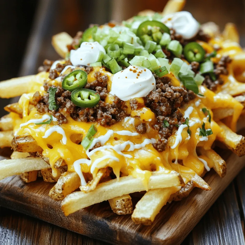 To make dirty loaded fries, start with the potatoes. Choose large russet potatoes for the best texture. Rinse them well under cold water. Scrub off any dirt. Pat them dry with a kitchen towel. Now, cut each potato into fry-shaped pieces. Aim for about 1/4 inch thick. This thickness helps them cook evenly and get crispy. Use a sharp knife for clean cuts. If you want, you can use a mandoline for uniform fries. Next, place the cut fries in a large bowl. Drizzle in the olive oil. Sprinkle the garlic powder, onion powder, and a pinch of salt and pepper. Toss everything together until the fries are fully coated. This step is key for flavor. Now, it’s time to bake the fries. Preheat your oven to 425°F (220°C). This high heat helps achieve that perfect crispy texture. Line a baking sheet with parchment paper. This makes cleanup easy. Spread the seasoned fries in a single layer on the baking sheet. Make sure the fries have some space. This helps them cook evenly. Bake them for 30-35 minutes. Flip them halfway through for even browning. Look for a golden brown color and crispness. While the fries bake, warm the cooked ground beef or turkey in a saucepan. Stir it occasionally, adding salt and pepper to taste. After 30-35 minutes, pull the fries from the oven. Sprinkle the shredded cheese over the hot fries right away. Return them to the oven for another 5 minutes. Wait until the cheese is bubbly and melted. Now, take out the loaded fries. Top them with the warmed meat, sour cream, green onions, and jalapeños. If you like heat, drizzle some hot sauce on top. Enjoy this delicious treat! For the full recipe, refer back to the beginning. To make the best dirty loaded fries, start with the right potatoes. I love using russet potatoes. They have a high starch content, which gives great crispiness. For maximum crunch, cut the fries into thin strips, about 1/4 inch thick. Soaking the potato strips in cold water for 30 minutes helps remove excess starch. After soaking, dry them well. Moisture can make fries soggy. Common mistakes to avoid: - Don't overcrowd the baking sheet. Each fry needs space for air to flow. - Forgetting to flip the fries halfway can lead to uneven cooking. Customizing the flavor of your dirty loaded fries is easy. Start with classic seasonings like garlic powder and onion powder. Adjust the amounts to fit your taste. For a twist, add smoked paprika or chili powder for a spicy kick. You can also sprinkle some ranch seasoning for a creamy taste. Balancing flavors is key. If your fries are salty, add a fresh topping. Fresh green onions or a dollop of sour cream can cut through the salt. Try adding different toppings too. Fresh herbs like cilantro or parsley can brighten the dish. You can find all these ideas in the Full Recipe. {{image_4}} You can switch up the protein in dirty loaded fries. Instead of ground beef or turkey, try these tasty alternatives: - Pulled pork: This gives a smoky flavor. - Shredded chicken: Light and juicy, it works well. - Chorizo: Adds a spicy kick to your dish. - Plant-based crumbles: Great for vegans or anyone avoiding meat. For vegetarian or vegan variations, use: - Black beans: They add fiber and protein. - Grilled veggies: Bell peppers and mushrooms bring color. - Tofu crumbles: Seasoned and crisped, they can mimic meat. You can also explore international topping ideas. Here are some fun suggestions: - Mexican: Add guacamole, pico de gallo, and fresh cilantro. - BBQ: Top with BBQ sauce, coleslaw, and crispy onions. - Mediterranean: Try feta cheese, olives, and tzatziki sauce. - Asian: Use kimchi, sesame seeds, and green onions. Fusion inspirations can make your loaded fries unique. Here are some ideas: - Buffalo chicken: Toss the chicken in buffalo sauce and add blue cheese. - Curry fries: Drizzle with curry sauce and top with yogurt. These variations keep the dish fresh and exciting. For the full recipe, check the earlier section! To keep your leftover loaded fries fresh, place them in an airtight container. Store them in the fridge. Make sure to eat them within two days for the best taste. When you reheat your fries, use an oven or an air fryer. These methods help keep the fries crispy. Avoid using a microwave as it can make them soggy. Heat them at 350°F (175°C) for about 10 minutes. This way, you get that nice crunch back. You can freeze loaded fries before or after cooking. If you freeze them before cooking, cut the potatoes and toss them with oil and seasonings. Spread them out on a baking sheet and freeze until solid. Then, transfer them to a freezer bag. If you freeze cooked fries, let them cool down first. Then, place them in an airtight container or bag. They stay good in the freezer for up to three months. When you’re ready to eat, bake them straight from the freezer. Just add a few extra minutes to the cooking time. Enjoy your dirty loaded fries even when they’re not fresh! For the full recipe, check out the Dirty Loaded Fries Delight section. Dirty loaded fries are a hearty dish made from crispy fries topped with various ingredients. The base is usually fried or baked russet potatoes, cut into fry shapes. You then load them up with seasoned ground meat, melted cheese, and tasty toppings. Common toppings include sour cream, green onions, and jalapeños. The blend of flavors makes each bite a delicious experience. Yes, you can make dirty loaded fries healthier with a few easy swaps. Here are some ideas: - Use sweet potatoes instead of russet potatoes for more nutrients. - Swap ground beef for lean turkey or plant-based meat. - Reduce cheese or use a low-fat cheese option. - Serve with Greek yogurt instead of sour cream for less fat. - Add more veggies like bell peppers or spinach for extra flavor and fiber. Absolutely! You can easily make dirty loaded fries gluten-free. Here are some substitutions: - Use gluten-free sauces or seasonings. - Check labels on your cheese and meat for gluten content. - Make sure your toppings, like sour cream and jalapeños, are gluten-free. By choosing the right ingredients, you can enjoy this dish without worry. Dirty loaded fries are a fun dish packed with flavor. We explored key ingredients, step-by-step prep, and cooking instructions. You learned tips for making your fries crispy and how to enhance their taste. We also discussed variations, including protein swaps and global toppings, along with storage tips for leftovers. Now you can make your own loaded fries just the way you like them. Enjoy experimenting and sharing this tasty treat with others!