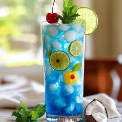 - 1 cup blue sports drink - 1 cup freshly squeezed lemonade - 1/2 cup coconut water - 1/4 cup fresh lime juice - Ice cubes - Lime slices for garnish - Maraschino cherries for garnish - Fresh mint leaves for garnish The Blue Lagoon Mocktail needs colorful and tasty ingredients. Start with a blue sports drink, like Gatorade. It gives the drink its stunning color. Next, use freshly squeezed lemonade for a tangy kick. Coconut water adds a light sweetness, and fresh lime juice brings in a zesty flavor. For serving, have ice cubes ready. They keep the drink cool and refreshing. Lime slices, maraschino cherries, and fresh mint leaves are great for garnish. They add beauty and extra taste to your mocktail. Gather all these ingredients for a fun and vibrant drink. You’ll love how easy it is to make the Blue Lagoon Mocktail! Check out the Full Recipe for more details. To make a Blue Lagoon Mocktail, you'll follow a simple method. This drink is fun and easy to make. Let's get started! - Combine the blue sports drink, freshly squeezed lemonade, coconut water, and fresh lime juice in a large pitcher. - Stir the mixture until well combined. You want a bright blue color. - Prepare your serving glasses by filling them with ice cubes. Make sure the cups are full to the top. - Carefully pour the blue mixture over the ice. Fill each glass to the brim. - Garnish your drink with a slice of lime, a maraschino cherry, and a sprig of fresh mint. This makes your mocktail look beautiful! This Blue Lagoon Mocktail is a great way to cool off. For the full recipe, check out the details provided earlier. Enjoy your refreshing drink! - Use chilled ingredients for a refreshing drink. Cold drinks are always better on a hot day. Chilled sports drinks, lemonade, and coconut water keep your mocktail crisp and enjoyable. - Adjust sweetness with more or less lemonade. If you love sweet drinks, add more lemonade. If you prefer a tart taste, use less. This way, you can customize your Blue Lagoon Mocktail to fit your taste. - Experiment with ice shapes for presentation. Try using fun ice molds to make your drink look even better. Heart-shaped or star-shaped ice can add a special touch to your mocktail. - Recommended glassware for the Blue Lagoon Mocktail. Use tall glasses to show off the beautiful blue color. Clear glasses let the vibrant drink shine, making it more appealing. - Ideal occasions for serving the drink. The Blue Lagoon Mocktail is perfect for parties, picnics, and summer gatherings. Serve it at birthdays or family get-togethers for a fun twist. For the full recipe, check out the details above. Enjoy making this delightful drink! {{image_4}} You can change up the Blue Lagoon Mocktail by using different fruit juices. Try using grapefruit juice for a tangy twist. Orange juice adds sweetness and a bright flavor. You can also mix in flavored sodas for extra fizz. Lemon-lime soda or a berry soda can give it a fun pop. These changes make the drink unique and exciting, while still keeping the vibrant blue color. To make the Blue Lagoon Mocktail more appealing for kids, consider these easy tweaks. Use a less tart lemonade or add a splash of fruit punch. This adds sweetness and bright flavor. You can also use fun, colorful straws or cups. Adding fun garnishes like gummy candies or colorful fruit shapes can make the drink more exciting. These small changes can turn a simple drink into a fun treat that kids will love. To store any leftover Blue Lagoon Mocktail, pour it into a sealable container. Make sure the container is clean and dry. You can keep it in the fridge for up to two days. The longer it sits, the more the flavors blend. However, the drink may lose some fizz. If you notice separation, just stir it before serving again. For the ingredients, the blue sports drink lasts a long time, often up to a year. Fresh lemonade will stay fresh in the fridge for about three to five days. Coconut water usually lasts around five to seven days once opened. Fresh lime juice is best used within a week for the best taste. If you have leftover blue sports drink, mix it with sparkling water for a fizzy treat. You can also use it in smoothies or popsicles. Leftover coconut water is great in smoothies, oatmeal, or even as a base for soups. You can freeze it in ice cube trays for later use. This way, you add a hint of coconut flavor to your next drink or dish! A Blue Lagoon Mocktail is a fun, non-alcoholic drink. It has a bright blue color that looks like ocean water. This drink blends flavors from lemonade, coconut water, and a blue sports drink. The mix gives it a sweet and tangy taste. This drink is great for parties or hot days. It became popular in the 2000s as more people wanted tasty drinks without alcohol. Yes, you can prepare the Blue Lagoon Mocktail ahead of time. I suggest mixing all the liquids in a pitcher but keep the ice separate. If you add ice too early, it can melt and water down the drink. You can store the mix in the fridge for up to a day. Just remember to add ice and garnish right before serving. This way, your drink stays fresh and tasty. You can easily swap some ingredients if needed. If you don't have a blue sports drink, try using blue raspberry soda or any blue drink mix. For coconut water, you can use plain water or sparkling water for some fizz. If you want a different flavor, use orange juice instead of lime juice. Get creative, and find what you like best! To adjust the sweetness, you can change the lemonade amount. If you want a sweeter drink, add more lemonade. If you prefer it less sweet, use less lemonade. You can also taste the mix as you go. This way, you can find the perfect balance that suits your taste. Enjoy experimenting with flavors! The Blue Lagoon Mocktail is a fun and refreshing drink. We covered ingredients, preparation steps, and tips for serving. You can play with flavors and make it kid-friendly, too. Remember to store any leftovers properly and use extra ingredients wisely. This drink is perfect for any occasion. Enjoy making your own Blue Lagoon Mocktail and share it with friends!